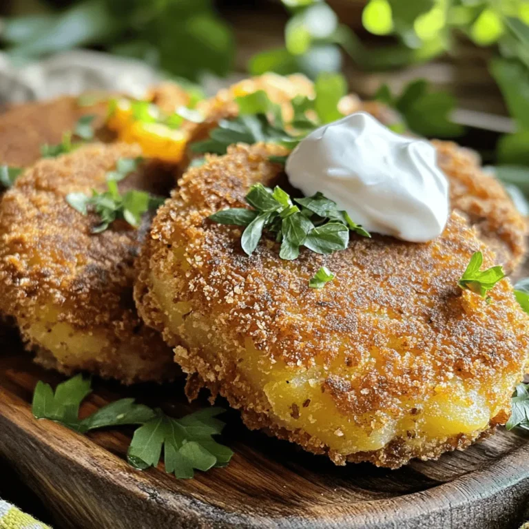 - 1 pound ground beef - 2 large potatoes, peeled and cubed - 1 small onion, finely chopped - 2 cloves garlic, minced - 1 teaspoon Worcestershire sauce - 1 teaspoon smoked paprika - 1/2 teaspoon salt - 1/2 teaspoon black pepper - 1 tablespoon fresh parsley, chopped - 1/2 cup breadcrumbs - 1 large egg - Vegetable oil for frying - Mixing bowls - Skillet for frying - Potato masher I love using these simple ingredients to create crispy beef and potato cakes. The ground beef gives a rich flavor, while the potatoes add a creamy texture. The onion and garlic bring warmth and depth to the dish. For seasonings, Worcestershire sauce adds a savory kick, and smoked paprika gives a hint of smokiness. Fresh parsley brightens up the cakes, and breadcrumbs help achieve that perfect crunch. You will need some basic kitchen tools like mixing bowls, a skillet, and a potato masher to make this dish. To find the full recipe, check out the details above and get cooking! 1. Start by boiling the cubed potatoes in salted water. Cook them until they are tender, which takes about 15-20 minutes. 2. Once cooked, drain the potatoes. Let them cool for a few minutes. 3. In a large bowl, mash the potatoes until they are smooth. This will be the base for your cakes. 1. In a skillet, heat some vegetable oil over medium heat. 2. Add the finely chopped onion and minced garlic. Sauté until the onion is soft and clear, which takes about 3-4 minutes. 3. Next, add the ground beef to the skillet. Break it apart with a spatula. Cook it until it turns brown, about 5-7 minutes. 4. Drain any fat from the beef. Stir in Worcestershire sauce, smoked paprika, salt, and black pepper. Remove from heat and let it cool a bit. 1. In your bowl with mashed potatoes, combine the beef mixture. 2. Stir in the fresh parsley. Mix everything well until it's evenly combined. 3. Now, form the mixture into small patties, about 2-3 inches wide. 4. In a shallow dish, whisk the egg. In another dish, place the breadcrumbs. 5. Dip each patty first in the egg, then coat it in breadcrumbs. 6. Heat vegetable oil in a skillet over medium heat. Fry the patties in batches for about 4-5 minutes on each side. They should turn golden brown and crispy. 7. When done, place the cakes on a paper towel-lined plate to soak up any extra oil. This recipe is a fun and tasty way to enjoy a family dinner. For the full details, check out the Full Recipe. To get that perfect crispy texture, oil temperature is key. Start by heating the oil over medium heat. You want it hot, but not smoking. Test the oil by dropping in a small piece of your mixture. If it sizzles right away, it's ready. Fry patties in batches to avoid crowding the pan. This helps them cook evenly and stay crispy. Want to add a twist? Try different spices and herbs. A pinch of cumin gives warmth. Fresh thyme or rosemary can add depth. For some heat, add a bit of cayenne pepper. Mix and match until you find your favorite blend. This not only enhances the taste but also makes your cakes unique. You can prep these cakes in advance. Form the patties and place them on a tray. Cover them and chill in the fridge for up to a day. If you want to store them longer, freeze the uncooked patties. Just layer them with parchment paper and keep them in a sealed bag. They can last for up to three months in the freezer. When you’re ready, fry them straight from frozen. Just add a minute or two to the cooking time. This makes dinner easy and quick! {{image_2}} You can swap ground beef for ground turkey or chicken. This change keeps the dish light. Ground turkey has a milder flavor, while chicken adds a nice touch. Use the same amount as the beef. Just follow the cooking steps as normal. You will still get delicious crispy cakes. If you want a veggie-friendly dish, use lentils or beans. Start with one can of drained beans or one cup of cooked lentils. Mash them well to mix with the potatoes. This option keeps the cakes filling and tasty, without any meat. You can add spices to boost the flavor too. Get creative by adding cheese or veggies to your mixture. For cheese lovers, mix in shredded cheese like cheddar or mozzarella. This adds creaminess and flavor. You can also toss in chopped veggies like bell peppers or spinach. These additions make your cakes even more colorful and fun to eat. The result is a unique twist on the classic recipe. For more ideas, check the Full Recipe. To store leftover crispy beef and potato cakes, let them cool first. Place them in an airtight container. They will stay fresh in the fridge for up to three days. When ready to eat, take them out and reheat. You can freeze these cakes for longer storage. First, let them cool completely. Then, lay them on a baking sheet. Freeze them for about one hour. Once frozen, place them in a freezer bag or container. They can last up to three months. To reheat, thaw them in the fridge overnight before cooking. To keep your cakes crispy, use a skillet to reheat. Heat a little oil over medium heat. Place the cakes in the skillet and cook for about three minutes on each side. This method keeps them nice and crunchy. You can also use an oven. Preheat it to 350°F (175°C), and bake the cakes for about 10-15 minutes. This will warm them evenly while maintaining their texture. For the full recipe, check the section above. To make these cakes ahead of time, you can follow a few simple steps. First, prepare the beef and potato mixture as directed in the full recipe. Once you form the patties, place them on a baking sheet lined with parchment paper. Cover them with plastic wrap and store in the fridge for up to 24 hours. If you want to keep them longer, you can freeze the patties. Just make sure to separate them with parchment paper to avoid sticking. When ready to cook, thaw them in the fridge overnight and fry or bake as usual. These crispy cakes taste great with a variety of dipping sauces. Here are some tasty options: - Sour cream or Greek yogurt - Spicy ketchup or sriracha - Creamy ranch dressing - Sweet chili sauce - Homemade garlic aioli These sauces add extra flavor and make the meal even more fun! Yes, you can bake these cakes for a healthier option! Preheat your oven to 400°F (200°C). Place the formed patties on a baking sheet lined with parchment paper. Brush each patty lightly with vegetable oil. Bake for about 20-25 minutes, flipping halfway through, until they are golden brown and crispy. This method reduces oil while still keeping the cakes tasty! We covered a lot about making Crispy Beef and Potato Cakes. You learned about the main ingredients, from ground beef to potatoes and spices. I provided simple steps for cooking, mixing, and shaping the patties. Tips helped you achieve perfect crispiness and enhance flavors. In the end, these cakes are versatile and easy to prep. You can store, freeze, or even bake them. Enjoy this dish and make it your own. Your cooking journey is just getting started!