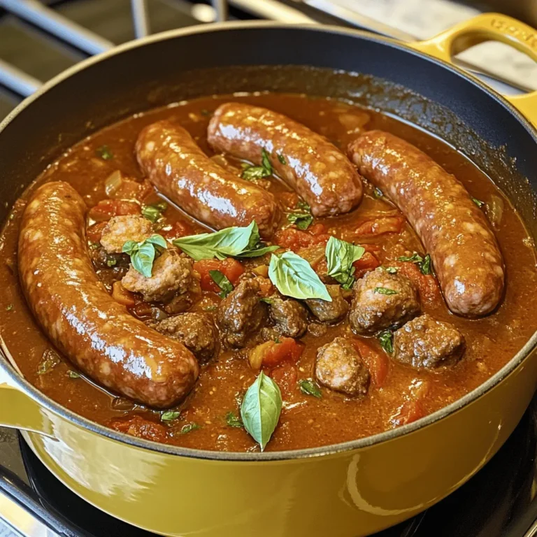 To make a great Sunday gravy, you need simple, fresh ingredients. Here’s a list of what you’ll need: - 2 tablespoons olive oil - 1 large onion, finely chopped - 4 cloves garlic, minced - 1 large carrot, diced - 1 celery stalk, diced - 2 cans (28 oz each) crushed tomatoes - 2 tablespoons tomato paste - 1 teaspoon dried oregano - 1 teaspoon dried basil - 1 teaspoon sugar - Salt and pepper to taste - 1 bay leaf - 5 Italian sausage links (mild or spicy, your choice) - 1 pound beef chuck, cut into large chunks - Fresh basil for garnish These ingredients create a rich base for your sauce. Each one plays a key role. The onions and garlic bring sweetness, while the meat adds depth. Tomatoes give the sauce its heart and soul. While the essential ingredients are crucial, adding optional ones can elevate your gravy. Consider these extras: - Red wine for richness - Fresh parsley for brightness - Crushed red pepper for heat - Parmesan rind for umami These ingredients can give your gravy a unique twist. If you want, try adding them to see how they change the flavor. When it comes to tomatoes, both fresh and canned have their place. Fresh tomatoes are great in summer. They add bright, bold flavor. However, canned tomatoes are more consistent and easier to use. They are also often picked at peak ripeness, so they have great taste. For Sunday gravy, I recommend using canned crushed tomatoes. They save time and give you a rich sauce every time. For the full recipe, check out Savor the Sunday: Authentic Italian Gravy. Enjoy making this special dish for your family! Start by heating 2 tablespoons of olive oil in a large pot. Use medium heat. Add 1 large onion, chopped finely. Next, toss in 1 diced large carrot and 1 diced celery stalk. Sauté these until soft, about 5 to 7 minutes. Then, stir in 4 minced garlic cloves. Cook until you smell that garlic goodness, about 1 minute. Now, it's time for the tomatoes. Pour in 2 cans of crushed tomatoes and 2 tablespoons of tomato paste. Stir well to mix. Sprinkle in 1 teaspoon each of dried oregano and dried basil. Then, add 1 teaspoon of sugar, salt, and pepper to taste. Toss in 1 bay leaf. Bring this mixture to a gentle simmer. In a separate pan, brown 5 Italian sausage links over medium heat. Make sure they are nicely browned on all sides. This step adds lots of flavor to your gravy. Once done, add the sausages to the pot with the sauce. Next, sear 1 pound of beef chuck, cut into large chunks, in the same pan. Brown those pieces on all sides. This will build more flavor. After browning, transfer the beef to the pot as well. Cover the pot and let the sauce simmer on low heat for about 1.5 to 2 hours. Stir occasionally. This lets all those flavors blend beautifully. If the sauce becomes too thick, add a bit of water to reach your desired thickness. After simmering, taste the sauce. Adjust it with more salt or pepper if needed. Don't forget to remove the bay leaf before serving. Enjoy your delicious Sunday gravy! For the full recipe, check out the details above. To make your Sunday gravy truly special, focus on fresh ingredients. Use ripe tomatoes for the best taste. Sauté your veggies until they are soft. This builds a strong flavor base. Add garlic near the end of cooking to keep its punch. If you want more depth, try adding a splash of red wine. A bay leaf brings out the aroma, too. Don't rush the simmering process. A long, slow cook allows flavors to blend well. Avoid adding salt too early; wait until the end. This way, you can taste and adjust. Overcooking the meat can make it tough. Lastly, don’t forget to remove the bay leaf before serving. Prep your veggies the night before. This cuts down your cooking time. You can also brown the meat ahead of time. If you have a busy day, use a slow cooker. Just set it and let the flavors meld while you go about your day. For quick meals, consider making a larger batch. You can freeze leftovers for easy dinners later. For the full recipe, check out the detailed steps above. {{image_2}} You can customize your Sunday gravy by adding different meats. Italian sausage is a favorite, but try meatballs or pork ribs. Meatballs can add a nice texture and flavor. If you like, use both sausage and meatballs for a hearty mix. Pork ribs give it a rich taste and are tender after simmering. You can also add chicken for a lighter option. Just remember to adjust the cooking time for any new meats. If you prefer a vegetarian dish, skip the meat entirely. Use mushrooms for a hearty texture. They absorb flavors well and add a deep, earthy taste. You can also add lentils for protein and fiber. To enhance the sauce, include extra veggies like zucchini and bell peppers. They bring color and flavor to the gravy. Don't forget to add extra herbs and spices to keep the taste vibrant. To spice up your sauce, consider adding red pepper flakes for heat. Start with a small amount and taste as you go. You can also mix in fresh herbs like parsley or thyme for a fresh touch. A splash of red wine can enhance the flavor, too. Just let it simmer a bit longer for the alcohol to cook off. Experiment with these ideas to create your own version of Sunday gravy. You'll find a mix that your family loves! To keep your Sunday gravy fresh, let it cool first. Transfer the gravy to an airtight container. You can store it in the fridge for up to 4 days. Make sure to label the container with the date. This way, you know when to use it. If you want to save your gravy for later, freezing is a great option. Allow the gravy to cool completely before freezing. Use freezer-safe containers or bags. Leave some space in the container for expansion. Label it with the date. You can freeze it for up to 3 months. When you're ready to enjoy your gravy again, thaw it overnight in the fridge. Heat it on the stove over low heat, stirring often. If it seems too thick, add a splash of water or broth. You can also microwave it in short bursts. Just remember to stir in between to heat evenly. For the best taste, serve it over fresh pasta. For the full recipe, refer to the earlier section. An authentic gravy comes from tradition. It has rich flavors and uses fresh ingredients. Quality tomatoes, herbs, and meat create depth. Slow cooking is key, letting flavors blend well. Classic recipes often use family techniques passed down through generations. This creates a warm, hearty dish that feels like home. Yes, you can use a slow cooker for Sunday Gravy. Start by sautéing the vegetables and meat in a pan. Then, transfer everything to the slow cooker. Add the crushed tomatoes and spices. Set it on low for 6 to 8 hours. This method lets the flavors develop nicely while you go about your day. To adjust spice, start by tasting your sauce. If you want more heat, add red pepper flakes or spicy sausage. For less heat, use mild sausage or skip any spicy ingredients. You can also add a touch of sugar to balance the flavors if it gets too spicy. Sunday Gravy can last about 3 to 4 days in the fridge. Make sure to store it in an airtight container. If you want it to last longer, consider freezing it. Gravy can stay good in the freezer for up to 3 months. Just thaw it overnight in the fridge before reheating. You learned about the key elements for making Sunday Gravy, from essential ingredients to storage tips. I shared step-by-step instructions to create a rich, flavorful sauce. You can enhance your gravy with my tips, avoid common mistakes, and explore variations. Remember, cooking is about finding what you love. Don't be afraid to adjust flavors or experiment. With practice, you'll make a Sunday Gravy that your family will enjoy. Happy cooking!