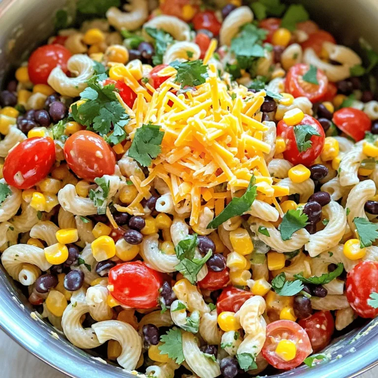 To make Taco Pasta Salad, you will need some tasty ingredients. Here's what you will need: - 8 oz elbow macaroni or rotini pasta - 1 lb ground turkey or beef - 1 packet taco seasoning - 1 cup cherry tomatoes, halved - 1 cup black beans, drained and rinsed - 1 cup corn (fresh, frozen, or canned) - 1 cup shredded cheddar cheese - 1/2 cup red bell pepper, diced - 1/4 cup red onion, finely chopped - 1/4 cup cilantro, chopped - 1 cup ranch dressing - 1 tablespoon lime juice - Salt and pepper to taste Gather all these ingredients before you start cooking. This way, you will stay organized and enjoy the process. Each item adds a unique flavor and texture, making this salad a hit. The ground turkey or beef gives it a hearty base. The beans and corn add protein and sweetness. Fresh veggies like cherry tomatoes and bell peppers provide crunch. The ranch dressing and lime juice bring everything together. For the full recipe, check the instructions to see how to mix these ingredients perfectly. Enjoy! To make your Taco Pasta Salad, start by cooking the pasta. Use elbow macaroni or rotini pasta. Bring a pot of salted water to a boil. Add the pasta and cook until al dente. This means the pasta should be firm to the bite. Check the package for exact timing; it usually takes about 8-10 minutes. Once cooked, drain the pasta in a colander. Rinse it under cold water to stop the cooking process. This helps keep the pasta from getting mushy in your salad. Set the pasta aside to cool. Next, it's time to prepare the meat. You can use ground turkey or beef. Heat a large skillet over medium heat. Add the ground meat to the hot skillet. Break it apart with a spatula as it cooks. Cook until it is no longer pink, which takes about 5-7 minutes. If there is excess fat, drain it off. Now, add the taco seasoning to the skillet. Pour in half a cup of water and stir well. Let it simmer for about 5 minutes until the sauce thickens. Remove the skillet from heat and let the meat cool slightly. Now that the pasta and meat are ready, it's time to combine everything. In a large mixing bowl, add the cooled pasta. Then, mix in the cooked meat mixture. Next, add in the cherry tomatoes, black beans, corn, shredded cheddar cheese, diced red bell pepper, and red onion. This is where you get all the vibrant colors and flavors. In a small bowl, whisk together the ranch dressing and lime juice. Pour this dressing over the salad mixture. Toss everything gently to coat. Finally, add the chopped cilantro and season with salt and pepper to taste. Toss again and cover the bowl. Refrigerate for at least 30 minutes before serving. This lets the flavors blend nicely. For the full recipe, check the details above. You can easily make this dish fit your needs. Here are some ideas: - Substitutions for dietary restrictions: If you want a gluten-free option, use gluten-free pasta. For a lighter meal, swap ground turkey for chicken or use beans for protein. You can also replace ranch dressing with a dairy-free version. - Suggested toppings and garnishes: Add sliced avocado for creaminess. Fresh jalapeños bring heat. Try crushed tortilla chips for crunch. A dollop of sour cream adds richness. Letting the salad chill is key. It helps all the flavors blend well. Aim for at least 30 minutes in the fridge. This waiting time makes a big difference. Balancing flavors is also important. Use salt to enhance taste. A splash of lime juice adds brightness and freshness. Adjust these to your liking for the best flavor. For the full recipe, be sure to check out Taco Pasta Salad 🥗. {{image_2}} You can easily make this dish meat-free. Swap ground meat for plant-based options like lentils or veggie crumbles. These choices add great texture and flavor. For dressing, use vegan ranch dressing instead of regular ranch. It keeps the salad creamy and delicious without animal products. You can play with flavors to make your Taco Pasta Salad unique. Adding spices like cumin or chili powder boosts the taste. Fresh herbs, like cilantro or parsley, add brightness. You can also try alternative dressings. Instead of ranch, use salsa or a zesty vinaigrette. Each choice gives a new twist to the salad. To keep your taco pasta salad fresh, use airtight containers. These will keep air out and help preserve the flavors. Make sure to let the salad cool before sealing it up. This prevents condensation, which can make your salad soggy. Store the salad in the fridge, away from strong-smelling foods. This keeps it tasty and fresh. When stored in the fridge, taco pasta salad can last about 3 to 4 days. Always check for signs of spoilage before eating. Look for changes in color or texture. If the salad smells bad or has mold, it’s best to throw it away. Enjoy the full recipe while it’s fresh for the best taste! Yes, you can make Taco Pasta Salad ahead of time. I recommend chilling it for at least 30 minutes. This helps the flavors blend well. If you want to prep it earlier, you can chill it for several hours or even overnight. Just remember to give it a good stir before serving. For Taco Pasta Salad, I like to use elbow macaroni or rotini. Both shapes hold the dressing and mix well with other ingredients. Elbow macaroni is classic and gives a nice bite. Rotini has grooves that help grab the sauce. You can also try penne or shell pasta for a fun twist. Each shape offers a different texture. Yes, you can change the dressing. If you want a different taste, try a zesty chipotle ranch or a creamy avocado dressing. For a lighter option, a squeeze of lime and a drizzle of olive oil work well too. If you enjoy making your own dressings, mix Greek yogurt with taco seasoning for a tasty homemade sauce. You can also blend sour cream with lime juice and herbs for a fresh flavor. This blog post covered how to make a tasty Taco Pasta Salad. You learned about the ingredients, cooking steps, and tips to ensure great flavor. Remember, you can customize it to fit your taste. Feel free to make swaps for dietary needs or explore different dressings. Storing leftovers properly is key for freshness. With this recipe, impress your friends at your next gathering! Enjoy your delicious creation and share it with others!