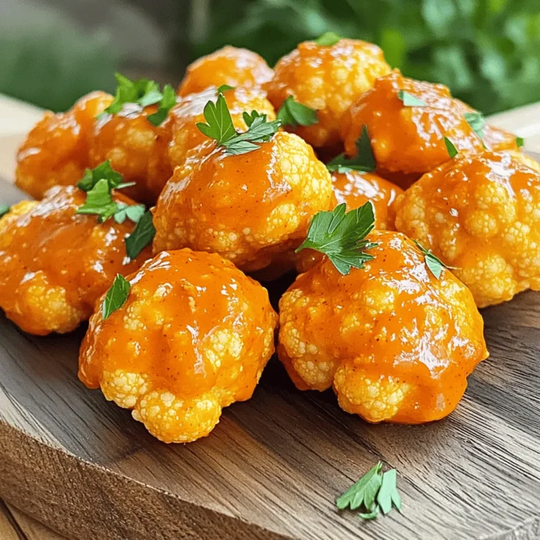To make Buffalo Cauliflower Bites, you need fresh ingredients for the best taste. Here’s what you'll require: - 1 head of cauliflower, cut into bite-sized florets - 1 cup all-purpose flour - 1 cup water - 1 teaspoon garlic powder - 1 teaspoon onion powder - 1 teaspoon smoked paprika - 1/2 teaspoon salt - 1/2 teaspoon black pepper - 1 cup buffalo sauce - 2 tablespoons olive oil - Fresh parsley, chopped (for garnish) These ingredients create a crispy and spicy treat that everyone will love! You can boost the flavor even more with optional ingredients. Consider adding: - Additional spices or herbs - Different types of hot sauce - Dairy-free alternatives for coating Feel free to get creative! Mixing in your favorite spices or trying a new hot sauce can make these bites even more fun. To start, you need to cut the cauliflower into bite-sized florets. First, remove the leaves and the stem. Then, cut the head into quarters. From each quarter, slice off small florets. Aim for pieces that are about the size of a golf ball. Next, wash the cauliflower well. Rinse each floret under cool, running water. This helps remove any dirt or debris. After washing, dry the florets with a clean kitchen towel. Make sure they are dry to help the batter stick better. Now, let’s make the batter. In a large bowl, combine your dry ingredients. Mix together 1 cup of all-purpose flour, 1 teaspoon of garlic powder, 1 teaspoon of onion powder, 1 teaspoon of smoked paprika, 1/2 teaspoon of salt, and 1/2 teaspoon of black pepper. Next, add 1 cup of water. Whisk everything together until you have a smooth batter. It should be thick enough to coat the cauliflower but not too runny. If it feels too thick, you can add a little more water. Now comes the fun part: baking the cauliflower! First, preheat your oven to 450°F (230°C) and line a baking sheet with parchment paper. Dip each floret into the batter. Make sure to coat each piece well. Allow any extra batter to drip off before placing the florets on the baking sheet. Spread them out evenly so they have space to cook. Bake the florets for about 20 minutes. Check them when they are golden brown. This will help them become crispy. While the cauliflower is baking, prepare the buffalo sauce. In a bowl, mix 1 cup of your favorite buffalo sauce with 2 tablespoons of olive oil. Stir well until combined. When the cauliflower bites finish baking, remove them from the oven. Drizzle the buffalo sauce mixture over the florets. Toss them gently to coat evenly. Return the coated cauliflower to the oven. Bake for another 10 to 15 minutes. This will help the sauce soak in and add more flavor. You can find the Full Recipe for these delicious buffalo cauliflower bites to guide you through the process! Marinating cauliflower makes a big difference. I suggest marinating it for at least 30 minutes. This allows the flavors to soak in well. If you want to adjust the heat, add more or less buffalo sauce. You can mix in honey for a sweet touch if you like. You can use an oven or an air fryer. Both methods work great but differ in texture. The air fryer gives you a crispier bite, while the oven is easier for larger batches. To ensure the batter sticks, shake off any extra batter before baking. This way, you get a nice coating that stays on. Buffalo cauliflower bites pair well with dips. Ranch and blue cheese dressings are the best choices. For a fun twist, serve them with sliced veggies on a platter. You can also add toothpicks for easy eating. This makes them great for parties or game day. For the full recipe, check out the instructions shared earlier. {{image_2}} You can switch up the taste of your buffalo cauliflower bites with different sauces. Try BBQ sauce for a sweet twist. Honey mustard adds a tangy flavor. For a rich touch, sprinkle some cheese or use a dairy alternative. Nutritional yeast gives a cheesy taste without dairy. If you're looking for gluten-free options, substitute all-purpose flour with almond or chickpea flour. These flours work well in the batter. You can also make your sauce vegan. Use a plant-based butter or coconut oil to mix with your favorite hot sauce. Buffalo cauliflower bites shine as appetizers at parties. They also work great as main dishes. Try serving them in bowls with rice or salads. You can even add them to tacos for a fun twist. Enjoying them this way makes meals exciting and flavorful! To keep your Buffalo Cauliflower Bites fresh, use airtight containers. Glass containers work well. You can also use plastic ones, but make sure they seal tightly. Store them in the fridge for up to three days. After that, they may lose their crispiness. For the best reheating, use an oven or an air fryer. Preheat your oven to 350°F (175°C). Place the bites on a baking sheet. Bake for about 10 to 15 minutes. This helps them stay crispy. Avoid using a microwave as it makes them soggy. If you must, heat them for a short time and check often. To freeze Buffalo Cauliflower Bites, let them cool completely first. Place them in a single layer on a baking sheet. Freeze for 1 to 2 hours, then transfer them to a freezer-safe bag. They can last up to three months. To thaw, move the bites to the fridge a day before. When ready to eat, reheat them in the oven or air fryer for best results. This keeps them crispy and delicious. For the full recipe, check out the instructions provided earlier. Buffalo cauliflower bites are a tasty snack made from cauliflower. You cut the cauliflower into small pieces, coat them, and bake. The main ingredients are: - 1 head of cauliflower, cut into bite-sized florets - 1 cup all-purpose flour - 1 cup water - 1 teaspoon garlic powder - 1 teaspoon onion powder - 1 teaspoon smoked paprika - 1/2 teaspoon salt - 1/2 teaspoon black pepper - 1 cup buffalo sauce - 2 tablespoons olive oil - Fresh parsley, chopped (for garnish) You mix the flour, water, and spices to make a batter. Then, you dip the cauliflower into the batter and bake it until crispy. After that, you coat it with buffalo sauce. Making buffalo cauliflower bites takes about 50 minutes. Here is how the time breaks down: - Prep time: 10 minutes - Cook time: 40 minutes (20 minutes for the first bake and 10-15 minutes for the second bake) Yes, you can prep buffalo cauliflower bites ahead of time. Here are some tips: - Cut the cauliflower and store it in the fridge for up to 24 hours. - Make the batter in advance and keep it in the fridge. - You can bake them and store them for later. Just reheat them in the oven. Choosing the right buffalo sauce depends on your taste. Here are some recommendations: - For mild heat, try a classic buffalo sauce. - If you like spice, go for a hot sauce with extra flavor. - You can also mix sauces for a unique taste. Buffalo cauliflower bites are a healthy snack. They are lower in calories than traditional buffalo wings. Here are some health benefits: - Cauliflower is high in fiber and vitamins. - The dish is lower in fat compared to fried options. - You can make it vegan by using dairy-free sauces. You can find the full recipe for buffalo cauliflower bites above. You learned how to make tasty Buffalo Cauliflower Bites from start to finish. We covered the ingredients, how to prepare, and the best cooking methods. You can mix flavors or adjust spice levels for your taste. Remember to store leftovers properly or freeze for later. These bites are not just snacks; they can be fun meals. Enjoy experimenting with new dips and serving ideas. Dive in and have fun creating flavors you love!