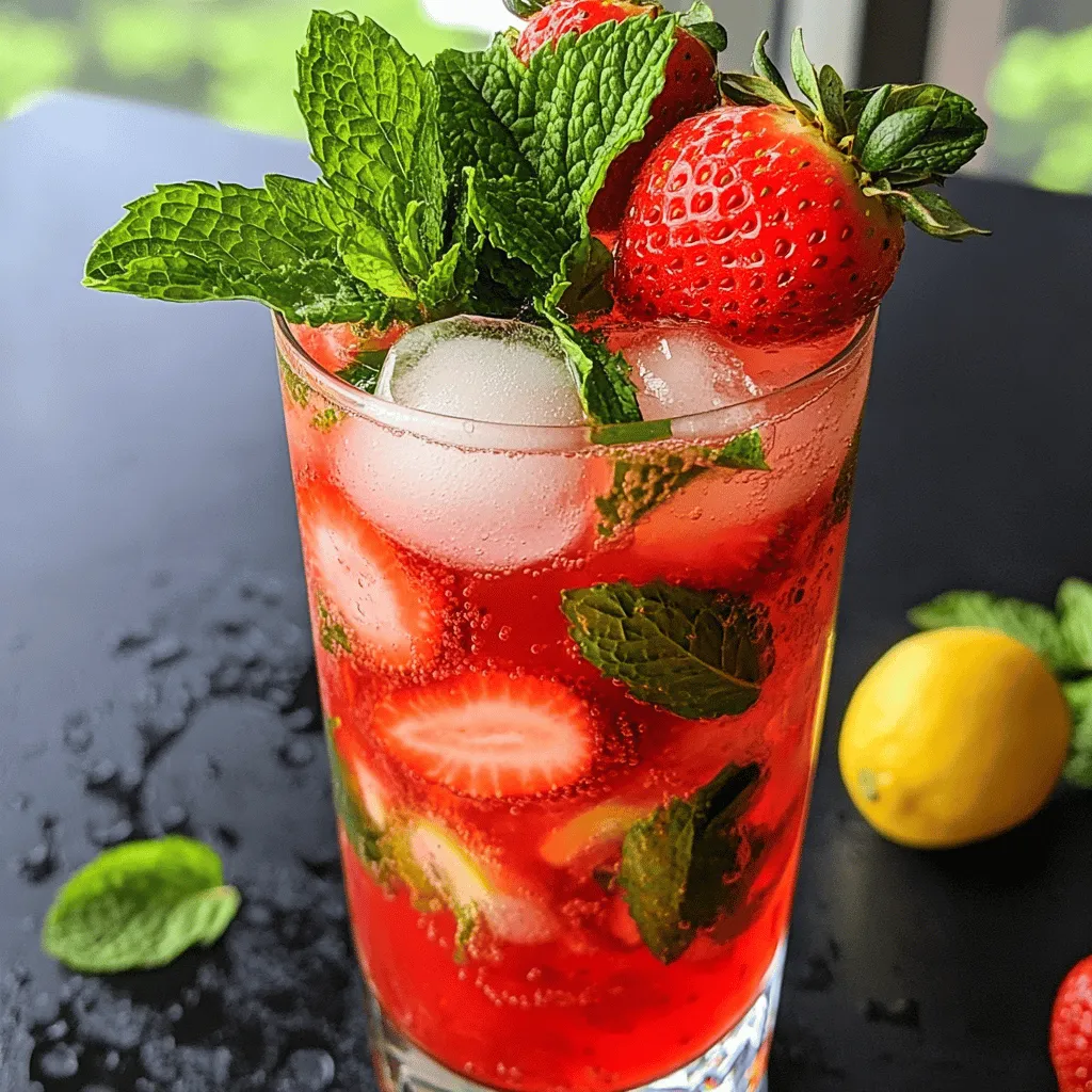 - 2 cups fresh strawberries - 1 tablespoon freshly squeezed lime juice - 1 cup sparkling water or lemon-lime soda - 1/2 cup Sprite (or any lemon-lime soda) - 1 tablespoon honey or agave syrup - Fresh mint leaves for garnish To make Strawberry Dirty Sprite, start with fresh ingredients. I love using ripe strawberries. They add a sweet taste and bright color. Lime juice brings a zesty kick that balances the sweetness. For the main mixer, you can choose between sparkling water and lemon-lime soda. Both work well. I often use Sprite for extra flavor. It makes the drink bubbly and fun. If you want to change up the flavor, try adding honey or agave syrup. This step is optional, but it gives a nice touch of sweetness. Fresh mint leaves add a pop of color and freshness. They also enhance the drink's aroma, making it even more appealing. For the full recipe, follow the ingredients and steps to create this refreshing cocktail. Enjoy each sip on a warm day! - First, hull and dice the strawberries. This means you need to remove the green tops and cut them into small pieces. Aim for a uniform size; it helps with blending. - Next, place the diced strawberries in a blender. Blend them until smooth. If you like some texture, you can pulse the strawberries a few times. This gives your drink a nice bite. - After blending, it’s time to strain the mixture. Use a fine mesh sieve. Pour the blended strawberries through it to remove any seeds. A spoon can help push the puree through. - Check the consistency of your puree. If it's too thick, you can add a splash of water or soda. Adjust the texture until it feels just right for your drink. - Now, grab a large pitcher. Combine your smooth strawberry puree, sparkling water, Sprite, and fresh lime juice. This mix will create a refreshing burst of flavor. - If you want it sweeter, add honey or agave syrup. Stir gently to mix everything well without losing the bubbles. Taste it and adjust the sweetness if needed. Now you’re ready to pour this delightful drink over ice, garnish with mint, and enjoy! For the full recipe, check out the detailed instructions above. To make your Strawberry Dirty Sprite shine, start by adjusting the sweetness. Add honey or agave if you like it sweeter. Start with one tablespoon, then taste. You can always add more. Next, choose the right level of carbonation. If you want a fizzy drink, go for a strong lemon-lime soda. If you prefer a lighter feel, stick with sparkling water. Both options work well, so pick what you enjoy most. Garnish can elevate your drink's look. Use fresh mint leaves on top for a pop of green. A few whole strawberries can brighten the glass too. This adds color and makes the drink more inviting. Consider your glassware, too. Use tall glasses for a classic look. Mason jars add a fun twist. Choose glassware that matches your vibe for a great touch. Want to mix it up? Think about adding other fruit flavors. Pineapple or mango can bring a tropical touch to your drink. You can also blend with different soda options. Try ginger ale for a spicy kick, or raspberry soda for a berry burst. These choices can make your drink even more exciting! {{image_2}} You can change this drink to fit your taste. A tropical twist adds fun! Just mix in some diced pineapple or mango. This will give your drink a sunny vibe. For a berry medley, toss in blueberries or raspberries. They will boost the flavor and color. Both options make this drink even more exciting! You can enjoy Strawberry Dirty Sprite in two ways. For an alcoholic version, add vodka or rum. Just a shot will do! It gives you a nice kick. If you want a refreshing mocktail, skip the alcohol. This drink is yummy either way, so choose what you like best! You can also change the drink based on the season. In summer, try adding fresh basil or lavender. They add a lovely aroma and flavor. For winter, think about adding cranberry juice. This gives a cozy feel to your drink. Use seasonal ingredients to keep things fresh and fun! Try the Full Recipe for more details! Store leftover strawberry puree in a sealed container. Place it in the fridge. It will stay fresh for about three days. To keep the flavor strong, cover the puree tightly. If you see any browning, it means air got in. Always use clean utensils to avoid germs. You can mix the drink in advance, but it’s best to wait until serving. Mixing too early can flatten the soda. Instead, keep ingredients separate until you’re ready to serve. Store the strawberry puree in the fridge and the sodas at room temperature. This way, the drink stays fizzy and fresh. To freeze strawberry puree, use a freezer-safe container. Leave some space at the top for expansion. It can last for about three months in the freezer. When you are ready to use it, thaw it in the fridge overnight. For quicker thawing, place the container in cold water. This way, you can enjoy your Strawberry Dirty Sprite anytime! Strawberry Dirty Sprite is a fun and tasty cocktail. It blends fresh strawberries with Sprite and sparkling water. This drink has roots in pop culture, often linked to hip-hop music. People love it for its refreshing taste and vibrant color. Yes, you can prepare parts of this drink ahead of time. Make the strawberry puree and store it in the fridge. Mix the puree with soda right before serving. This keeps the drink fizzy and fresh. If you want a twist, try using different sodas. Lemon-lime soda works well. You can also use ginger ale for a spicy flavor. Experiment with flavored sparkling waters for a unique taste. To change the sweetness, add more or less honey or agave syrup. You can also pick sweeter strawberries for a natural boost. Taste as you mix to find the right level for you. Serve this drink in tall glasses. Add ice cubes for a chill. I like to garnish with mint leaves and whole strawberries. This makes it look pretty and adds a nice aroma. This blog post guided you through crafting a refreshing Strawberry Dirty Sprite. You learned the key ingredients, from fresh strawberries to sparkling soda. I shared step-by-step instructions on preparing strawberry puree and mixing the drink. Plus, I offered tips for perfecting your blend and fun variations to try. Remember, this drink can be customized for any occasion. Enjoy experimenting with flavors and garnishes to make it your own!