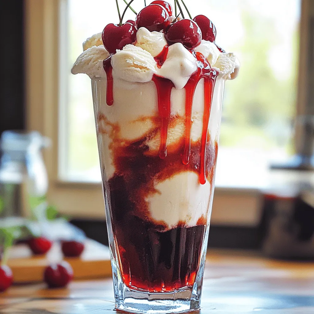 For a perfect Cherry Cola Cream Float, you need just a few key items: - 1 cup cherry cola (or your favorite cola) - 1/2 cup vanilla ice cream - 1/4 cup heavy cream - 1 tablespoon cherry syrup (optional, for extra sweetness) - Fresh cherries, for garnish - Whipped cream (optional, for topping) These main ingredients create a sweet, fizzy treat that combines flavors in a fun way. You can easily change this float to fit your taste. Here are some ideas: - Use root beer or cream soda instead of cherry cola. - Try different ice cream flavors like chocolate or cherry. - Add a splash of club soda for extra fizz. Feel free to get creative! Mixing flavors lets you make this float your own. For the best Cherry Cola Cream Float, I suggest using high-quality ingredients. Here are my top picks: - Choose a craft cherry cola for a richer taste. - Select premium vanilla ice cream for creaminess. - Look for fresh, ripe cherries for the best garnish. These choices enhance the flavor and make your float truly special. Enjoy crafting your Cherry Cola Cream Float! To make your Cherry Cola Cream Float, start with fresh ingredients. First, grab a small bowl. Whip the heavy cream until it forms soft peaks. This adds a nice light texture. Set it aside for now. Next, take a tall glass and pour in the cherry cola slowly. Pouring slowly helps keep the fizz alive. If you want more sweetness, add cherry syrup to the glass. This step is optional but fun! Now, add the vanilla ice cream on top of the cola. Use a spoon to place it gently. Watch it float on the fizz! It looks so cool. Then, carefully spoon the whipped cream over the ice cream. You can pile it high for a fluffy appearance. To make your float pop, add fresh cherries on top. They add color and a bit of flair. If you like, drizzle some cherry syrup over the whipped cream. It looks great and tastes even better! You can also use a straw and a long spoon for serving. This way, you can enjoy each layer. The mix of colors and textures makes it look like a treat! For a fun touch, serve your float with a colorful straw. You can use a fancy glass or a mason jar. This adds to the charm. If you want to impress guests, add a sprig of mint on top. It gives a fresh look and smell. Enjoy your Cherry Cola Cream Float right away. The layers will stay beautiful and delicious. You can find the full recipe above for quick reference. To get the best cream, whip the heavy cream until soft peaks form. Use a cold bowl and cold beaters for better results. This keeps the cream light and fluffy. Avoid over-whipping, as it turns grainy. One common mistake is pouring the cola too fast. This causes too much fizz and can spill over. Always pour slowly to keep the bubbles intact. Also, make sure your ice cream is not too soft. It should hold its shape well while floating. To boost the flavor, add cherry syrup before the ice cream. You can use fresh cherries on top for extra taste and color. Try different ice cream flavors, like chocolate, for a fun twist. This step makes your Cherry Cola Cream Float even more special. {{image_2}} If you want to switch things up, try different sodas. Root beer makes a great float too. It adds a rich, spicy flavor. You could also try cream soda for a sweet twist. Ginger ale gives a nice zing and pairs well with ice cream. For a fruity option, use orange soda. Each soda brings a unique taste to your float. Vanilla is classic, but don’t stop there! Chocolate ice cream adds a rich depth. Strawberry ice cream gives a nice fruity kick. You could even try mint chocolate chip for a refreshing twist. Coffee ice cream pairs well with cola too. Each flavor can change how the float tastes, so have fun mixing it up! For summer, add fresh berries or a slice of lemon for brightness. In fall, try cinnamon or pumpkin pie spice for warmth. During winter, a sprinkle of nutmeg or peppermint can make it festive. You can also add whipped cream on top for extra flair. Fresh cherries are always a hit and look great too. These touches keep your float fresh and fun all year round! You can store leftovers of your Cherry Cola Cream Float, but it's best to keep them separate. The ice cream and cream will melt in the cola. If you have some left, put the cola in one container and the ice cream in another. Store both in the fridge for up to one day. When you want to enjoy it again, just mix them fresh! To keep your ingredients fresh, store your ice cream in the coldest part of your freezer. Ensure the lid is tight to prevent freezer burn. For the cherry cola, keep it in a cool, dark place. If you have cherry syrup, store it in a sealed jar in the fridge. This way, you can use it anytime without losing flavor! If you want to prepare in advance, you can whip the heavy cream ahead of time. Just store it in the fridge in a sealed container. You can also chill your glass in the freezer for a bit before serving. This keeps your drink cold longer. Mix the cola and ice cream just before you serve. This way, you get that nice fizz and softness! The best cola for a Cherry Cola Cream Float is cherry cola. It adds a sweet, fruity taste. However, you can use any cola you like. A classic cola brings nice flavor too. Pick one that you enjoy drinking. The fizz is key, so use a cold cola for the best float. Yes, you can make this recipe vegan or dairy-free. Use plant-based ice cream instead of vanilla ice cream. For the heavy cream, try coconut cream or a dairy-free whip. Use a vegan cherry soda to keep it dairy-free. You still get a yummy, creamy float that everyone can enjoy. To make more servings, just double or triple the recipe. For each serving, use one cup of cherry cola and half a cup of ice cream. Keep the same ratios for heavy cream and cherry syrup. You can mix several floats in a big pitcher. Serve in tall glasses for a fun gathering. You can add many tasty toppings to your Cherry Cola Cream Float. Whipped cream is a classic choice. Fresh cherries on top add a nice touch. You could also use chocolate shavings or sprinkles for fun. Drizzle some chocolate or extra cherry syrup for added sweetness. Make it your own! For a quick reference, here is the full recipe: Ingredients: - 1 cup cherry cola (or your favorite cola) - 1/2 cup vanilla ice cream - 1/4 cup heavy cream - 1 tablespoon cherry syrup (optional, for extra sweetness) - Fresh cherries, for garnish - Whipped cream (optional, for topping) Instructions: 1. In a small bowl, whip the heavy cream until soft peaks form. Set aside. 2. In a tall glass, pour in the cherry cola slowly to keep the fizz intact. 3. Add the cherry syrup to the glass if you prefer a sweeter float. 4. Using a spoon, carefully add the vanilla ice cream on top of the cola. Let it float! 5. Gently spoon the whipped cream over the ice cream. You can pile it up for a fluffy look. 6. Garnish with fresh cherries on top and a drizzle of cherry syrup, if desired. 7. Serve immediately with a straw and a long spoon, and enjoy the refreshing layers! Creating a Cherry Cola Cream Float is simple and fun. We explored key ingredients, from the main elements to enjoyable custom options. I shared easy steps for making the float and tips that help you avoid mistakes. You can also try different sodas and ice cream flavors for a twist. Remember, fresh ingredients make for the best results. With everything covered, you’re ready to create the perfect treat for yourself or friends. Enjoy the process, and have fun mixing your own treats!