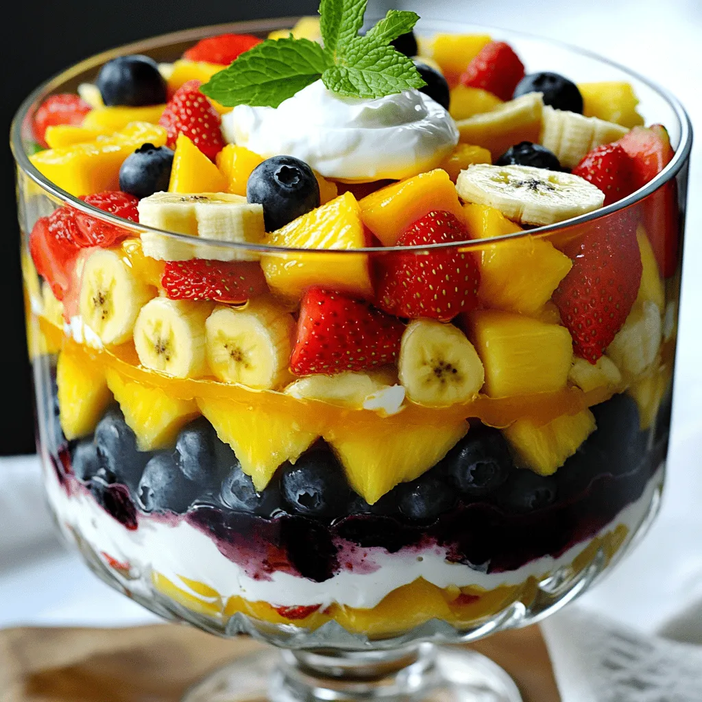 - 1 cup diced strawberries - 1 cup diced pineapple - 1 cup diced mango - 1 cup blueberries - 1 banana, sliced - 1/2 cup Greek yogurt (optional for creaminess) - 1 tablespoon honey (adjust to taste) - 1 orange, juiced - 1 lemon, juiced - Fresh mint leaves for garnish Gathering the right ingredients is key to a tasty layered fruit salad. I love using a mix of colors and textures. Fresh fruits shine in this dish. Each fruit brings its own flavor to the table. I start with strawberries. Their sweet taste and bright red color are hard to resist. Pineapple adds a tropical twist. It’s juicy and tangy, which balances the sweetness of other fruits. Mango is another favorite. Its smooth texture makes each bite feel special. Blueberries add a pop of color and a burst of flavor. Finally, I slice a banana for creaminess. For the dressing, I use honey, orange juice, and lemon juice. This combo brightens the salad. If you want a creamy layer, add Greek yogurt. It pairs well with the fruits. Fresh mint leaves finish the dish. They add a nice aroma and visual appeal. For the full recipe, check the instructions provided. Enjoy the process of creating a beautiful and delicious layered fruit salad! First, gather your fruits. You will need strawberries, pineapple, mango, blueberries, and a banana. Here's how to prepare them: - Wash and dice the strawberries. - Dice the pineapple and mango. - Slice the banana into rounds. - Rinse the blueberries under cold water. Make sure to chop everything into bite-sized pieces. This helps with easy eating and makes the salad look pretty. Next, it’s time to create the citrus dressing. This will add a bright flavor to your salad. For the dressing, you will need honey, orange juice, and lemon juice. Follow these steps: - In a small bowl, whisk together 1 tablespoon of honey, the juice of one orange, and the juice of one lemon. - Mix until smooth and well combined. This dressing is sweet and tangy, making it a perfect match for the fruits. Now comes the fun part—layering your fruit salad! You can use a large trifle bowl or individual cups. Here’s how to do it: - Start with a layer of strawberries at the bottom. - Next, add a layer of diced pineapple. - Follow this with mango, and then top with blueberries. - If you want a creamy touch, add a dollop of Greek yogurt on each layer. Repeat the layers until all the fruit is used. I suggest ending with the blueberries on top for a nice finish. Once layered, drizzle your citrus dressing over the top. This will seep down and flavor each layer. For a final touch, garnish with fresh mint leaves. They add a pop of color and a lovely aroma. For the complete recipe, refer to the Full Recipe section. Enjoy your delicious and colorful layered fruit salad! For the best layered fruit salad, pick seasonal fruits. Seasonal fruits taste better and are fresher. Strawberries shine in spring, while mangoes burst with flavor in summer. Look out for pineapple in the warmer months too. When selecting fruits, check for ripeness. Ripe fruits are sweet and juicy. For example, strawberries should be bright red with no white spots. Pineapples should smell sweet and feel firm. Mangos should give slightly when pressed. Choosing ripe fruits makes your salad shine. Layering is key for a stunning fruit salad. Start with a clear bowl to show off the layers. Use a large glass trifle bowl or individual cups. Place the fruits in layers. Start with strawberries, then pineapple, and follow with mango. Finish with blueberries for a lovely top. For a vibrant look, add fresh mint leaves on top. They not only add color but also a nice aroma. You can also sprinkle shredded coconut or nuts for a crunchy twist. Let your creativity flow! Sometimes, fruit can vary in sweetness. If your fruits are sweet, you may not need much honey. Start with one tablespoon of honey in your dressing. After mixing, taste the dressing. Adjust it by adding more honey if needed. This way, your salad stays balanced and delicious. {{image_2}} You can mix many fruits to make this salad unique. Seasonal fruits add freshness and flavor. Try using peaches or cherries in summer. In fall, apples and pears taste great. For winter, add citrus fruits like oranges or grapefruits. You can also explore tropical flavors. Passion fruit and papaya give a sweet twist. Mixing different colors makes your salad fun and pretty. If you want a different taste, switch up the dressing. You can use lime juice for a zesty kick. A honey-lime mix adds sweetness too. If you need a non-citrus option, try a yogurt-based dressing. This adds creaminess without the tang. Make sure to adjust the dressing if you have allergies. Substitute honey with maple syrup or agave for a vegan option. Adding protein boosts the salad's nutrition. Nuts like almonds or walnuts add crunch and flavor. Seeds like chia or sunflower seeds work great too. You can also use cottage cheese for a creamy touch. Greek yogurt adds protein and a smooth texture. Choose what you like best to make your salad both tasty and healthy. For the full recipe, check out the main article. To keep your layered fruit salad fresh, store it in an airtight container. Glass or plastic containers work well. Make sure to seal it tightly to block air. This helps keep the fruits juicy and tasty. If you have leftover dressing, store it separately to avoid soggy fruit. Your fruit salad stays fresh for about 2-3 days in the fridge. After that, the fruits start to lose their flavor and texture. Signs that your salad has spoiled include a mushy texture or a sour smell. If it looks or smells off, it’s best to toss it. Enjoy the fresh taste while it lasts! Yes, you can make this salad ahead of time. To do this, prepare the fruits and dressing in advance. Store them separately in the fridge. This keeps the fruits fresh and prevents them from getting soggy. Layer the fruits just before serving. This adds a nice crunch and bright colors to the dish. For the best flavor and texture, I recommend using strawberries, pineapple, mango, blueberries, and bananas. These fruits not only taste great but also look beautiful when layered. Choose ripe fruits for the best taste. You can also mix in seasonal fruits for variety. Absolutely! Layered Fruit Salad with Citrus Dressing is perfect for meal prep. You can portion the salad into jars for easy grab-and-go meals. Just follow the layering method. This keeps everything fresh and ready to enjoy. Add the dressing just before eating to maintain freshness. Yes, you can use frozen fruits, but keep in mind they may change the texture. Thaw the frozen fruits before using. This helps avoid excess water in your salad. Fresh fruits are best for flavor and crunch, but frozen fruits are a great option when fresh ones aren’t available. This layered fruit salad is easy to make and perfect for any occasion. We covered fresh fruit choices, tasty citrus dressing, and fun ways to display your salad. Remember to pick ripe fruits for the best flavor. Experiment with different fruit combinations and dressings to keep things exciting. Store leftovers properly to enjoy later. With these tips, you can create a delicious and healthy treat for everyone. Enjoy your colorful layers of fruit and flavor!