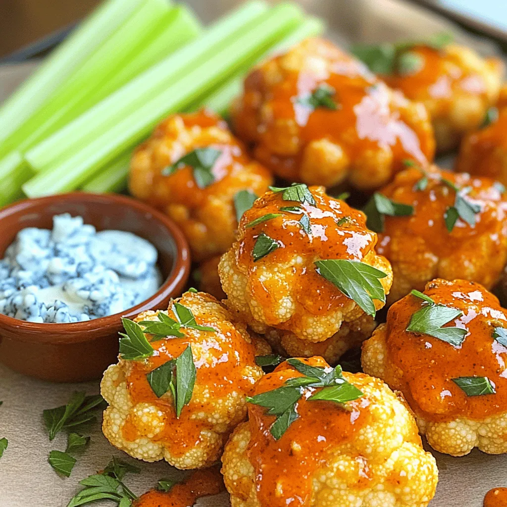 - Medium head of cauliflower - All-purpose flour (or chickpea flour) - Hot sauce options For Buffalo Cauliflower Bites, you start with a fresh cauliflower. Choose a medium head. Cutting it into bite-sized florets makes them easy to eat. Next, you need flour for the batter. All-purpose flour works great, but chickpea flour is a good gluten-free option. The last main ingredient is hot sauce. Options like Frank's RedHot give your bites the classic buffalo flavor. - Garlic powder - Onion powder - Smoked paprika Seasonings add depth to your dish. Garlic powder brings a savory taste. Onion powder adds sweetness and depth. Smoked paprika gives a hint of smokiness that balances the spice. These three together create a great flavor base for your bites. - Vegan butter (or regular butter) - Celery sticks for serving - Dipping sauce options: blue cheese or ranch dressing For the sauce, melting vegan butter or regular butter helps mix with the hot sauce. This mix makes the bites juicy and flavorful. Celery sticks are a perfect side. They add crunch and freshness. For dipping, blue cheese and ranch dressing are classic choices. They cool the heat and add creaminess. For the full recipe, check out the complete guide. - Preheat oven to 450°F (230°C). - Line a baking sheet with parchment paper. Start by preheating your oven. This step is crucial for achieving that perfect crispiness on your cauliflower bites. While the oven warms up, prepare your baking sheet. Parchment paper helps the bites not stick and makes cleanup easy. - Combine flour and seasonings in a bowl. - Whisk in water to create a smooth batter. In a large bowl, mix all-purpose flour, garlic powder, onion powder, smoked paprika, salt, and black pepper. This mix gives your bites a great flavor. Next, slowly add water while whisking. You want a smooth batter that coats the cauliflower well. - Dip cauliflower florets in batter. - Bake for 20 minutes until crispy. Take your cauliflower florets and dip them into the batter. Make sure each piece is fully coated, but shake off any extra. Place them on the prepared baking sheet in a single layer. Bake them for 20 minutes. You’ll know they’re ready when they look golden-brown and crispy. - Mix hot sauce with melted butter. - Toss baked cauliflower in buffalo sauce and return to oven. In a separate bowl, combine your hot sauce with melted butter. This mix adds that classic buffalo flavor. Once your cauliflower bites are baked, take them out of the oven. Toss the crispy bites in the buffalo sauce until they are well-coated. Finally, return them to the oven for another 10-15 minutes to get them even crispier. Now you have a delicious snack ready to enjoy! For the full recipe, check out the detailed instructions above. To make your Buffalo cauliflower bites crispy, ensure an even coating in the batter. Dip each floret fully, making sure it’s covered on all sides. Shake off any excess batter. This step is key for that delightful crunch. Baking times matter too. I find that 20 minutes at 450°F gives a nice start. After tossing in the buffalo sauce, return them to the oven for another 10 to 15 minutes. This final bake locks in the crispiness. When it comes to hot sauce, I love Frank's RedHot for its flavor. It strikes the right balance of heat and tang. You can also try other brands like Crystal or Cholula for a twist on the classic taste. If you want a milder bite, mix in some butter with the sauce. For a spicier kick, add a dash of cayenne. Adjust the spice level to suit your taste buds. Buffalo cauliflower bites shine when paired with crunchy celery sticks. They help cool down the spice and add a nice crunch. For dipping, blue cheese or ranch dressing works wonders. You can also serve them on a platter, garnished with fresh parsley for a pop of color. Place everything together for a fun presentation that impresses your guests. Enjoy the flavor and the fun! For the full recipe, check out the detailed instructions above. {{image_2}} You can make this dish fit your diet easily. For a gluten-free option, swap all-purpose flour for chickpea flour. This flour works well and keeps the bites crispy. If you're vegan, use plant-based butter instead of regular butter. This keeps the recipe tasty while sticking to a vegan diet. Want to spice things up? Add more heat by mixing in cayenne pepper or extra hot sauce. This will give your bites a real kick. You can also think outside the box with other seasonings. Try adding cumin for a warm flavor or even a bit of lemon zest for brightness. Each change gives you a unique twist on the classic taste. Buffalo cauliflower bites can be more than a snack. You can wrap them in tortillas with fresh veggies for a tasty lunch. They also work great as part of a larger appetizer spread. Pair them with dips and other snacks. This makes for a fun gathering. Check out the Full Recipe for more ideas! To keep your buffalo cauliflower bites fresh, store them in an airtight container. Place parchment paper between layers to avoid sticking. They stay good in the fridge for about 3 to 5 days. If you want a longer shelf life, consider freezing them. To keep them crispy, reheat your buffalo cauliflower bites in an oven or air fryer. Heat at 350°F (175°C) for about 10 minutes. Avoid the microwave; it makes them soggy. If you freeze them, let them thaw in the fridge overnight before reheating. Enjoy your tasty snack just like the first time! Buffalo Cauliflower Bites are a tasty snack made from cauliflower florets. This dish became popular because it’s a fun and healthy twist on classic buffalo wings. The cauliflower gets coated in a flavorful batter and baked until crispy. Then, it's tossed in spicy buffalo sauce. People love them for their crunch and bold flavor. Yes, you can make Buffalo Cauliflower Bites in an air fryer. First, follow the recipe up to coating the cauliflower. Preheat your air fryer to 400°F (200°C). Place the coated florets in a single layer in the basket. Air fry for about 12-15 minutes, flipping halfway through. This method gives you a great crunch with less oil. Buffalo Cauliflower Bites can be a healthy snack. They are low in calories and high in fiber. A serving typically has around 150 calories, depending on the sauce used. Cauliflower is rich in vitamins C and K, which helps support your immune system. To make Buffalo Cauliflower Bites spicier, choose a hotter hot sauce. You can add cayenne pepper or crushed red pepper flakes to the sauce. Another option is to mix in minced jalapeños or other hot peppers before tossing the cauliflower. This will add heat and flavor to your bites. Buffalo cauliflower bites are a tasty, simple dish to make. You mix the batter, coat the cauliflower, and bake until crispy. Adding your favorite hot sauce makes them even better. Remember to try different seasonings and sauces for unique flavors. Store any leftovers properly so you can enjoy them later. These bites are fun as snacks or appetizers. With easy swaps, they can fit many diets. Enjoy your cooking adventure and impress your friends with these flavors!