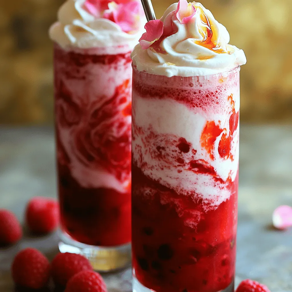 - 1 cup fresh or frozen raspberries - 1 cup brewed and chilled hibiscus tea - 1 tablespoon rose water - 1 tablespoon honey or agave syrup - 1 frozen banana - 1 cup ice cubes - Optional toppings: whipped cream, edible rose petals To make a Raspberry Hibiscus Rose Frappe, you need to measure your ingredients carefully. - Raspberries: Use either fresh or frozen raspberries. They give the frappe a sweet and tangy flavor. One cup is perfect to start. - Hibiscus tea: Brew one cup of hibiscus tea and let it chill. The tea adds a vibrant color and refreshing taste. - Rose water: Just a tablespoon of rose water enhances the floral notes in the drink. It’s a real game-changer! - Sweetener: You can use honey or agave syrup. One tablespoon works well, but feel free to adjust this to suit your taste. - Frozen banana: This adds creaminess without dairy. Slice and freeze one banana for the best texture. - Ice cubes: One cup of ice cubes makes the frappe cold and slushy. - Optional toppings: Whipped cream adds indulgence, while edible rose petals give a beautiful finish. Gather these items, and you will be ready to make a delicious Raspberry Hibiscus Rose Frappe. For the full recipe, check the earlier section. To start, you need to brew your hibiscus tea. Use 1-2 hibiscus tea bags in 1 cup of boiling water. Steep the tea bags for about 5-7 minutes. This helps the tea get a strong flavor. After steeping, remove the tea bags. Now, let the tea cool. You can speed this up by placing it in the refrigerator. Next, grab your blender. In it, combine the cooled hibiscus tea and the raspberries. Add 1 tablespoon of rose water and 1 tablespoon of honey or agave syrup. Toss in 1 frozen banana and 1 cup of ice cubes. Blend on high until smooth and frothy. It should not have any ice chunks. Taste your mixture. If you need more sweetness, add a bit more honey. Now, it's time to serve your frappe. Pour the mixture into tall glasses. For a special touch, you can top it with whipped cream. This adds creaminess and a fun look. To make it even prettier, sprinkle edible rose petals on top. Serve your Raspberry Hibiscus Rose Frappe right away for the best taste. Enjoy your refreshing summer treat! For detailed steps, check out the Full Recipe. To get the right sweetness in your Raspberry Hibiscus Rose Frappe, adjust honey or agave syrup to taste. Start with one tablespoon, then blend. Taste the mix. If it needs more sweetness, add a little more. This lets you control how sweet you want it. Remember, the flavors from raspberries and hibiscus can change the sweetness level. A frozen banana is key for a creamy texture. It gives your frappe a smooth, thick feel. Make sure to slice and freeze your banana ahead of time. If you don’t have a banana, try using yogurt or coconut cream. These options also add creaminess. Just blend them in with the other ingredients for a delightful treat. Serving your Raspberry Hibiscus Rose Frappe in tall glasses makes it look fancy. You can top it with whipped cream for a special touch. Edible rose petals make a beautiful garnish. Scatter them on top or along the rim of the glass. For a fun twist, use colorful straws or even a slice of lemon on the side. These small details make your drink even more inviting. {{image_2}} You can mix up the flavors in your Raspberry Hibiscus Rose Frappe. Adding fruits like strawberries or mango gives a fresh twist. These fruits pair well with hibiscus tea. They can enhance the sweetness and add new textures. Try using a mix of raspberries and strawberries for a berry blast. For a tropical vibe, mango brings a lovely fruity note. Herbs can also change the taste. Mint is a great choice. It adds a cool, refreshing note that balances the sweetness. Just a few mint leaves blended in will do. You’ll love the extra burst of flavor! For those who follow a vegan diet, making simple swaps is easy. Use agave syrup instead of honey for sweetness. This keeps your frappe plant-based. You can also opt for a dairy-free whipped cream. Look for coconut or almond-based options to top your drink. They taste great and fit the vegan lifestyle. If you want a sugar-free version, use a sugar substitute. Many options work well, such as stevia or erythritol. You can adjust the sweetness to your taste without sugar. This way, you can enjoy the frappe without added calories. In summer, this frappe is a refreshing treat. You can serve it cold on hot days. It’s perfect for picnics or pool parties. The vibrant colors and flavors are a hit! For cozy winter versions, you can warm up the hibiscus tea. Blend the other ingredients with warm tea for a comforting drink. Add spices like cinnamon or nutmeg to enhance the flavor. This gives it a festive feel, perfect for holiday gatherings. Your Raspberry Hibiscus Rose Frappe will last in the fridge for about 1 day. For best taste, drink it fresh. Store it in an airtight container. Glass jars work well and keep flavors strong. You can also use plastic containers, but make sure they seal tightly. If you have leftover frappe, freezing is a great choice. Pour the frappe into ice cube trays. Once frozen, pop out the cubes and place them in a freezer bag. This method makes it easy to use later. To enjoy, thaw a few cubes at room temperature. Then, toss them back into the blender for a quick re-blend. This will bring back the original texture. When you’re ready to serve your stored frappe, check the texture. If it seems too thick, add a bit of chilled hibiscus tea or water. Blend again until smooth. This helps keep the taste fresh and light. If you want to enhance the flavor, add a touch of honey or rose water. Enjoy sipping on your delicious, refreshing treat! Hibiscus tea comes from the petals of the hibiscus flower. It has a bright red color and a tart flavor. This tea is rich in antioxidants. Antioxidants help fight free radicals, which can harm your body. Drinking hibiscus tea may lower blood pressure and support heart health. Some studies even suggest it can aid digestion. Overall, it's a tasty drink with many health perks. Yes, the Raspberry Hibiscus Rose Frappe is naturally non-alcoholic. This drink is perfect for everyone, from kids to adults. You can enjoy it at any time, making it a great summer treat. Just follow the Full Recipe to whip up this refreshing drink without any alcohol. You can find this drink at many cafes and juice bars. Some places offer pre-made versions in bottles. Look for local shops that focus on fresh juices and smoothies. If you can't find it nearby, try making it at home using the Full Recipe. It's fun and easy! To make your frappe dairy-free, skip the whipped cream topping. Instead, use coconut cream or almond milk for a creamy texture. Both options add a nice flavor without dairy. You can also blend in some soaked cashews for extra creaminess. Enjoy your delicious dairy-free Raspberry Hibiscus Rose Frappe! This article explored how to make a Raspberry Hibiscus Rose Frappe, from selecting ingredients to serving tips. We learned about brewing hibiscus tea, blending ingredients, and enhancing both flavor and texture. Don't forget the fun variations and storage tips! You can change up flavors and make it suited for your diet. Enjoy creating this refreshing drink, whether for yourself or friends. It’s a delicious treat perfect for any time of the year!