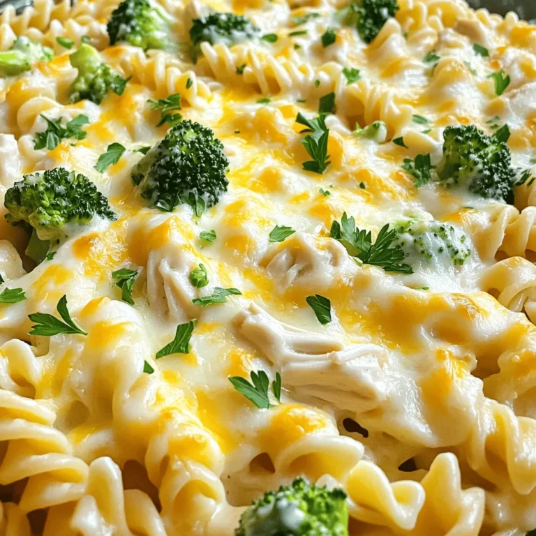 To make a tasty Easy Chicken Alfredo Bake, you need some key ingredients. Here’s what you’ll need: - 2 cups cooked rotini pasta - 2 cups cooked chicken breast, shredded - 2 cups broccoli florets, steamed - 2 cups Alfredo sauce (store-bought or homemade) - 1 cup shredded mozzarella cheese - 1/2 cup grated Parmesan cheese - 1 teaspoon garlic powder - 1 teaspoon Italian seasoning - Salt and pepper to taste - Fresh parsley, chopped (for garnish) Each ingredient plays a big role. The rotini pasta gives a fun twist, while shredded chicken adds protein. Broccoli adds color and nutrients, and the Alfredo sauce brings creaminess. Cheese on top makes everything gooey and golden. You can add some optional ingredients to make your dish even better. Here are a few ideas: - Cooked mushrooms for an earthy taste - Sliced sun-dried tomatoes for a burst of flavor - Spinach for extra green goodness - Red pepper flakes for a little heat These optional ingredients can take your bake to a new level. Feel free to mix and match based on what you like. If you have dietary needs, there are easy swaps you can make. Here are some substitutions: - Use gluten-free pasta if you're avoiding gluten. - For a dairy-free option, try vegan cheese and a plant-based Alfredo sauce. - Chicken can be replaced with cooked tofu or chickpeas for a vegetarian twist. These substitutions keep your Easy Chicken Alfredo Bake friendly for everyone. Enjoy the flavors without worry! For the complete details of this recipe, check the Full Recipe. To make this Easy Chicken Alfredo Bake, start with the right ingredients. You will need: - 2 cups cooked rotini pasta - 2 cups cooked chicken breast, shredded - 2 cups broccoli florets, steamed - 2 cups Alfredo sauce (store-bought or homemade) - 1 cup shredded mozzarella cheese - 1/2 cup grated Parmesan cheese - 1 teaspoon garlic powder - 1 teaspoon Italian seasoning - Salt and pepper to taste - Fresh parsley, chopped (for garnish) First, preheat your oven to 375°F (190°C). In a large bowl, mix the cooked rotini pasta, shredded chicken, steamed broccoli, Alfredo sauce, garlic powder, Italian seasoning, salt, and pepper. Stir until all the ingredients blend well. Next, transfer the mixture into a greased 9x13 inch baking dish. Spread it out evenly for best results. After that, sprinkle the shredded mozzarella and grated Parmesan cheese on top. Cover the dish with aluminum foil and place it in the oven. Bake for 20 minutes. After 20 minutes, remove the foil. Bake for another 10 to 15 minutes. Look for the cheese to be bubbly and golden brown. Once done, take it out and let it sit for about 5 minutes. This helps everything set before serving. To get that perfect cheese melt, here are a few tips: - Use fresh mozzarella for a creamier texture. - Grate your own cheese for better melting and flavor. - Avoid overcrowding the dish; this helps the heat circulate. - Broil for a minute at the end for an extra golden finish. These steps will help you create a rich and creamy chicken Alfredo bake that everyone will love. For the full recipe, check out [Full Recipe]. For the creamiest Alfredo sauce, start with fresh ingredients. Use real cream and butter. High-fat dairy gives it a rich taste. You can also make it at home. Combine butter, heavy cream, and Parmesan cheese in a pan. Stir over low heat until smooth. Add garlic for extra flavor. This method ensures a thick, creamy sauce. Avoid these common mistakes for a better bake. Don't overcook the pasta. It should be firm, as it will cook more in the oven. Also, don't skip the seasoning. A pinch of salt and pepper makes a big difference. Be careful with the cheese; too much can make it greasy. Lastly, let it rest after baking to set properly. Want to save time? Use rotisserie chicken instead of cooking your own. This cuts down on prep time. You can also use store-bought Alfredo sauce. It saves time and still tastes great. Prepare the dish in the morning and bake it later. This is perfect for busy days. Enjoy a comforting meal without the fuss. For the full recipe, check the link above! {{image_2}} You can make a great vegetarian version of this dish. Replace chicken with cooked mushrooms or diced tofu. These options add a nice texture and flavor. You can also use chickpeas for added protein. The rest of the recipe remains the same. It’s just as creamy and rich without the meat. Adding more veggies boosts nutrition and taste. You can mix in spinach, bell peppers, or zucchini. Try roasted red peppers for a sweet twist. Just chop them small and add them to the mix with the pasta and sauce. This makes the bake more colorful and healthy. While rotini works well, feel free to switch up the pasta. Penne, farfalle, or even fusilli can add fun shapes. Each pasta grabs the sauce in its own way, giving you a new experience. Choose what you like best or whatever you have on hand. Each shape brings a little twist to the dish. To store your Easy Chicken Alfredo Bake, let it cool first. Place the leftovers in an airtight container. Make sure to cover it tightly. This keeps the dish fresh and tasty. You can store it in the fridge for up to three days. If you want it to last longer, consider freezing it. When you reheat the Chicken Alfredo Bake, use the oven for the best texture. Preheat your oven to 350°F (175°C). Place the leftovers in a baking dish. Cover it with aluminum foil to keep moisture in. Heat for about 20 minutes or until it’s hot all the way through. You can also use a microwave, but this may make the pasta a bit mushy. To freeze your Easy Chicken Alfredo Bake, you should cool it down completely first. Then, slice it into portions. Wrap each piece tightly in plastic wrap. Place the wrapped portions in a freezer-safe bag or container. Label it with the date. It can stay in the freezer for up to three months. When you're ready to eat, thaw it in the fridge overnight before reheating. This method helps keep the flavor and texture. If you want the full recipe, check the recipe section above! Yes, you can use store-bought Alfredo sauce. It saves time and still tastes great. Many brands offer good quality sauces. Just check the label for flavor and ingredients. If you prefer a homemade taste, try adding garlic or herbs. This way, you can make the dish more personal. Chicken Alfredo Bake lasts about three to four days in the fridge. Make sure to store it in an airtight container. This keeps it fresh and safe to eat. If you want to enjoy it later, label the container with the date. This way, you won’t forget when you made it. Yes, you can prepare this dish ahead of time. Just follow the steps up to the baking part. Cover the dish and keep it in the fridge for up to 24 hours. When ready to bake, you may need to add a few extra minutes to the cooking time. This makes it easy to serve a tasty meal without a lot of stress. For the Full Recipe, check the section above. In this blog post, we explored how to make a Chicken Alfredo Bake that’s both easy and delicious. We looked at key ingredients, optional additions, and substitutions for diet needs. Step-by-step, I guided you through preparation, baking, and tips for perfect cheese. We also shared variations, like vegetarian options and ways to add veggies. Lastly, I provided storage tips and answered common questions. Now, you can enjoy a tasty meal that's simple to prepare, adaptable, and great for leftovers. Enjoy your cooking!