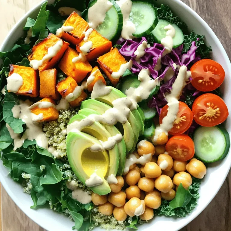 To create a vibrant Vegan Buddha Bowl, gather these fresh ingredients. Each item adds flavor and nutrition to your meal. Here’s what you need: - 1 cup cooked quinoa - 1 cup chickpeas, drained and rinsed - 1 cup sweet potato, cubed - 1 avocado, sliced - 2 cups mixed greens (spinach, kale, arugula) - 1/2 cup cherry tomatoes, halved - 1/4 cup red cabbage, shredded - 1/4 cup cucumber, diced - 3 tablespoons tahini - 2 tablespoons lemon juice - 1 tablespoon maple syrup - Salt and pepper to taste - Olive oil for roasting These ingredients work well together. They provide a balance of protein, healthy fats, and vitamins. You can find the full recipe in the recipe section. Enjoy mixing and matching these items to suit your taste! 1. Preheat the oven: Start by setting your oven to 400°F (200°C). This helps the sweet potatoes roast well. 2. Roast the sweet potato: Take your sweet potato and cut it into cubes. Toss these cubes in olive oil, salt, and pepper. Spread them on a baking sheet. Roast them for 25-30 minutes. You want them to be golden and soft. 1. Prepare quinoa: While the sweet potatoes roast, cook your quinoa. Use 1 cup of quinoa and 2 cups of water. Bring the water to a boil. Then, let it simmer for about 15 minutes until it’s fluffy. 2. Make the dressing: In a small bowl, mix tahini, lemon juice, maple syrup, and a pinch of salt. If it feels thick, add a bit of water. Keep mixing until it’s smooth. 1. Layering and adding toppings: Start with a large bowl or plate. Add the cooked quinoa as your base. Then, layer on the roasted sweet potatoes, chickpeas, and mixed greens. Next, add cherry tomatoes, red cabbage, and cucumber. 2. Add avocado and dressing: Slice your avocado and place it on top. Finally, drizzle your tahini dressing all over the bowl. 3. Final seasoning: Add a bit more salt and pepper if you like. 4. Serve immediately: Give everything a gentle toss before enjoying your meal. This mixes all the flavors together. You can find the full recipe for this delicious Vegan Buddha Bowl in the recipe section! To cook quinoa perfectly, rinse it first. This step gets rid of bitter flavors. Use two cups of water for every cup of quinoa. Boil it, then let it simmer for about 15 minutes. When done, fluff it with a fork. This brings out its light and airy texture. For your dressing, the right consistency is key. A thick dressing can overpower your bowl. Start with tahini and lemon juice. If it feels too thick, add water slowly. Aim for a pourable texture. This helps it mix well with your fresh ingredients. To boost flavor, add spices or herbs. You can use cumin, paprika, or fresh herbs like cilantro. These can change your bowl's taste with little effort. A sprinkle of nutritional yeast adds a cheesy flavor without dairy. If you have leftover veggies, use them! Roasted or steamed veggies work great. Toss them into your bowl for extra nutrition. They add variety and prevent waste. Mix and match to keep things exciting each time you make your Buddha bowl. For more delicious ideas, check out the Full Recipe. {{image_2}} You can make your vegan Buddha bowl unique. Start with protein. Tofu and tempeh are great choices. Both add texture and flavor. You can grill, bake, or even pan-fry them. Cook them until golden brown. Next, think about vegetables. You can use any veggies you like. Carrots, bell peppers, and zucchini work well. Try roasting them for added flavor. Make it colorful and fun! Now, let’s talk dressings. While tahini is tasty, you can switch it up. Try a peanut sauce for a nutty twist. You can also blend avocado with lime juice for a creamy option. For bold flavors, go spicy! Add some sriracha or chili paste. A simple balsamic vinaigrette can also brighten your dish. Mix and match to find your favorite flavor! For a complete guide, check the Full Recipe. To keep your Vegan Buddha Bowl fresh, refrigerate it right away. Use an airtight container. This prevents moisture and keeps your food tasty. Store the bowl in the fridge for up to three days. The grains and veggies stay good, but the avocado will brown faster. When it's time to eat again, reheating is easy. For grains like quinoa, use a microwave. Heat for about 30 seconds and stir. Check if it's hot enough; if not, heat in 10-second bursts. For vegetables, you can use the microwave too. Alternatively, heat them in a pan. Add a splash of water to keep them moist. Stir often until they warm up. Enjoy your meal just like it was fresh! What is a Buddha bowl? A Buddha bowl is a meal served in one bowl. It combines grains, proteins, and vegetables. The dish is colorful and full of flavors. You can mix and match ingredients based on your taste. Each bowl tells a story through its colors and textures. Are Buddha bowls healthy? Yes, Buddha bowls are very healthy! They pack in nutrients from various food groups. You get proteins from chickpeas and quinoa. The veggies add vitamins, minerals, and fiber. Healthy fats come from avocado and tahini. This balanced meal helps you feel full and satisfied. Best ways to serve a Buddha bowl Serve your Buddha bowl in a wide, shallow bowl. This lets you see all the colors and layers. Start with a base of grains, then add your roasted veggies and proteins. Top it off with fresh greens and a drizzle of dressing. This makes it look appealing and inviting. Pairing ideas for a complete meal You can make your Buddha bowl a full meal by adding sides. Try serving it with a warm soup or a fresh salad. For a drink, a green smoothie pairs well too. You can also add whole-grain bread or wraps for a hearty touch. Check the Full Recipe for more ideas! In this blog post, we explored delicious vegan Buddha bowls. We discussed the key ingredients, like quinoa, chickpeas, and sweet potatoes. I provided step-by-step instructions for preparation and assembly. You learned tips for perfecting your bowl and ideas for tasty variations. Don't forget to store leftovers properly to enjoy meals later. These bowls are not just healthy; they are fun to customize and share. Embrace your creativity and enjoy your tasty, colorful meals!