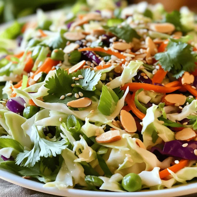 - 2 cups green cabbage, thinly sliced - 1 cup purple cabbage, thinly sliced - 1 cup carrots, grated - 1 red bell pepper, thinly sliced - 1 cup sugar snap peas, halved - 1/2 cup green onions, chopped - 1/4 cup cilantro, chopped - 1/4 cup toasted sesame seeds - 1/4 cup almonds, slivered - 1/4 cup rice vinegar - 2 tablespoons soy sauce (or tamari for gluten-free) - 1 tablespoon sesame oil - 1 tablespoon honey or maple syrup - 1 teaspoon fresh ginger, grated - 1 garlic clove, minced - Salt and pepper to taste The key to a great Crunchy Asian Slaw lies in the fresh ingredients. I love using a mix of green and purple cabbage for color and crunch. Both types of cabbage add a nice bite. Grated carrots bring sweetness, while the red bell pepper adds a crisp texture. Sugar snap peas give the slaw a fun snap, and green onions add a mild onion flavor. Cilantro is a must for its fresh taste. I also like to sprinkle in toasted sesame seeds and slivered almonds for added crunch and richness. For the dressing, I use rice vinegar for a tangy kick. Soy sauce or tamari gives it depth. Adding sesame oil brings a nutty flavor that enhances the dish. Honey or maple syrup adds a touch of sweetness. Grated ginger and minced garlic create a flavorful base. Finally, remember to season with salt and pepper to taste. You can find the full guide to this recipe in the [Full Recipe]. Enjoy making your slaw with these fresh and vibrant ingredients! Start by gathering all your fresh veggies. You will need: - 2 cups green cabbage, thinly sliced - 1 cup purple cabbage, thinly sliced - 1 cup carrots, grated - 1 red bell pepper, thinly sliced - 1 cup sugar snap peas, halved - 1/2 cup green onions, chopped - 1/4 cup cilantro, chopped In a large bowl, combine the green and purple cabbage, grated carrots, red bell pepper, sugar snap peas, green onions, and cilantro. Toss them well. This mix adds color and crunch. Next, let’s whip up a tasty dressing. You will need: - 1/4 cup rice vinegar - 2 tablespoons soy sauce (or tamari for gluten-free) - 1 tablespoon sesame oil - 1 tablespoon honey or maple syrup - 1 teaspoon fresh ginger, grated - 1 garlic clove, minced - Salt and pepper to taste In a small bowl, whisk together the rice vinegar, soy sauce, sesame oil, honey (or maple syrup), grated ginger, and minced garlic until smooth. Don’t forget to season with salt and pepper to taste. This dressing packs a punch! Now, pour the dressing over your slaw mixture. Toss it all well so every veggie is coated. Let it sit for about 15 minutes. This resting time helps the flavors meld and softens the veggies a bit. Just before serving, you can sprinkle on some toasted sesame seeds and slivered almonds for extra crunch. You can check out the full recipe for more details. Enjoy your colorful and crunchy Asian slaw! Using fresh vegetables makes a big difference. They add crunch and bright flavor. Look for vibrant colors and firm textures. Avoid wilted or brown parts. Fresh veggies elevate your Crunchy Asian Slaw. Making the slaw a few hours ahead helps the flavors blend. This wait allows the veggies to soak in the dressing. The taste becomes richer and more intense. Just store it in the fridge until you're ready to serve. You can easily adjust this recipe for different diets. For gluten-free, swap soy sauce with tamari. Use maple syrup instead of honey for a vegan option. If you want a low-sugar version, reduce the sweetener or skip it altogether. Play with these choices to fit your needs! {{image_2}} You can mix in more veggies for extra crunch. Broccoli slaw adds a nice bite. Radishes give a peppery flavor, while bell peppers add sweetness. You can also use shredded carrots for more color. Choose what you love and get creative! Want to make your slaw a meal? Add grilled chicken for a hearty touch. Shrimp works great too; it cooks fast and tastes amazing. For a plant-based option, try tofu. Just grill or sauté it first. These proteins will make your slaw filling and tasty. Not a fan of the original dressing? Try a peanut sauce for a nutty twist. A sesame ginger dressing can give it a fresh flavor. You can also use a spicy sriracha vinaigrette if you like heat. Each dressing adds a new layer of taste to your Crunchy Asian Slaw! To keep your crunchy Asian slaw fresh, store it in an airtight container. Make sure to add the dressing only when you’re ready to eat. This way, the vegetables stay crisp and bright. If you have leftover dressing, keep it in a separate jar. It will last for about a week in the fridge. When stored properly, the slaw will last up to three days in the refrigerator. After that, the veggies may lose their crunch. Always check for any signs of spoilage, like an off smell or slimy texture, before eating. I do not recommend freezing the slaw. Freezing can change the texture of the vegetables. If you must freeze it, do so without the dressing. To thaw, place it in the fridge overnight. After thawing, enjoy it as soon as possible for the best taste. For more details, refer to the Full Recipe. To make this Crunchy Asian Slaw vegan, simply swap honey for maple syrup. Maple syrup gives a sweet touch without using animal products. This change keeps the flavors intact while making the dish plant-based. This slaw pairs well with many dishes. Try it with grilled chicken or shrimp for a tasty meal. It also goes great with rice bowls or tacos. The crunch of the slaw contrasts nicely with tender meats. Yes, you can make the slaw a few hours in advance. If you do this, the flavors blend well and taste even better. However, the veggies might soften a bit. For extra crunch, add nuts and seeds just before serving. Each serving of this slaw has about 120 calories. It contains 8 grams of fat, mostly from sesame oil and nuts. This dish is also rich in vitamin C and fiber, thanks to the fresh veggies. For the full recipe, check out the details above. In this article, we explored the ingredients and steps to make Crunchy Asian Slaw. We detailed each fresh vegetable, dressing components, and shared helpful tips. You learned how to store leftovers and variations to try. Crunchy Asian Slaw is fun to make and full of flavor. It pairs well with many dishes. Enjoy this healthy, crunchy slaw in your meals and make it your own! Experiment with different veggies and proteins for added taste. Thanks for reading about this tasty recipe!