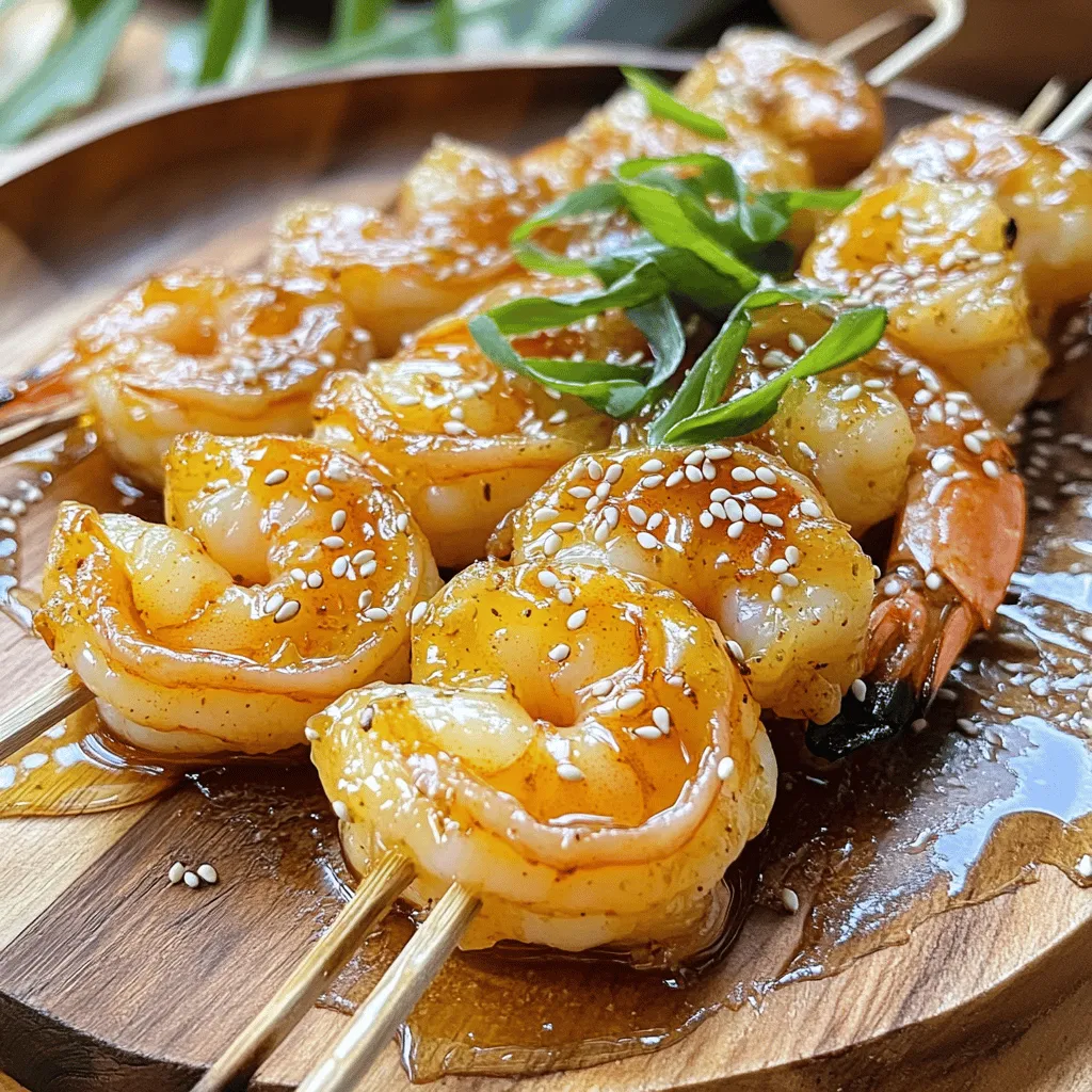 To make honey garlic shrimp skewers, gather these key ingredients: - 1 pound large shrimp, peeled and deveined - 1/3 cup honey - 1/4 cup soy sauce (low sodium preferred) - 4 cloves garlic, minced - 1 tablespoon freshly grated ginger - 2 tablespoons olive oil - 1 tablespoon sesame seeds (optional) - 1 tablespoon chopped green onions, for garnish - Skewers (wooden or metal) These ingredients work together to create a sweet and savory flavor that makes the shrimp shine. The honey gives a nice glaze, while the garlic adds depth. Fresh ginger brings a warm kick that balances the sweetness. You will need a few tools to make this dish easy: - Mixing bowl for the marinade - Whisk for blending the marinade - Grill or grill pan for cooking - Skewers for threading the shrimp - Tongs for flipping the skewers Having the right tools makes your cooking smooth and fun. I recommend soaking wooden skewers in water for 30 minutes. This helps prevent them from burning on the grill. If you need to swap out ingredients, here are some options: - Use shrimp alternatives like chicken or tofu for a different protein. - Maple syrup can replace honey for a vegan option. - Coconut aminos can stand in for soy sauce if you want a soy-free dish. - You can skip the sesame seeds or use chopped nuts for a crunch. These substitutions allow you to customize the recipe to fit your taste and dietary needs. Feel free to get creative while keeping the core flavors intact. For the full recipe, click here: Full Recipe. Start by mixing the marinade. In a medium bowl, whisk together these ingredients: - 1/3 cup honey - 1/4 cup soy sauce - 4 cloves garlic, minced - 1 tablespoon freshly grated ginger - 2 tablespoons olive oil Whisk until the mix is smooth. The honey brings sweetness, while the soy sauce adds saltiness. Garlic and ginger give it a nice kick. This mix is key for great flavor. Now, it’s time to marinate the shrimp. Add 1 pound of large shrimp to the bowl with the marinade. Make sure each shrimp gets coated well. Let them sit for at least 20 minutes. If you want more flavor, let them marinate for up to 1 hour in the fridge. The longer they sit, the better they taste! Before grilling, soak wooden skewers in water for 30 minutes. This stops them from burning. Preheat your grill to medium-high heat. Thread the marinated shrimp onto the skewers. Leave a little space between each shrimp. This helps them cook evenly. Grill the skewers for 2-3 minutes on each side. Look for the shrimp to turn opaque and firm. Be careful not to overcook them! When they are done, take the skewers off the grill. You can sprinkle sesame seeds and chopped green onions for a nice touch. Enjoy your Honey Garlic Shrimp Skewers hot, and serve with extra honey sauce if you like. You can find the Full Recipe to guide you step by step. To grill shrimp well, start with dry shrimp. Pat them with a paper towel to remove extra moisture. Next, marinate your shrimp in the honey-soy mixture. This adds flavor and helps keep shrimp moist. When grilling, use medium-high heat. This cooks shrimp fast without burning them. Grill each side for only 2-3 minutes. Keep an eye on them. When they turn opaque, they are done! Overcooked shrimp can be tough and chewy. Skewering shrimp is easy but needs a few tricks. First, use skewers that are long enough to hold several shrimp. If you use wooden skewers, soak them for at least 30 minutes. This keeps them from burning on the grill. When threading shrimp, leave a little space between each one. This allows heat to circulate. For added flair, alternate shrimp with veggies like bell peppers or onions. This gives color and flavor to your skewers. Presentation makes a big difference when serving. Place the grilled skewers on a nice platter. Drizzle extra honey sauce over the shrimp for a glossy look. Sprinkle sesame seeds and chopped green onions for color and crunch. Serve with lemon wedges on the side. They add a zesty touch and brighten the dish. You can also pair the skewers with rice or a fresh salad. This balance makes your meal complete and satisfying. For the full recipe, check out the details above. {{image_2}} You can switch out shrimp for other proteins. Chicken is a great choice. Cut it into bite-sized pieces and marinate just like the shrimp. Beef also works well; use sirloin or tenderloin for the best taste. Tofu is perfect if you're looking for a plant-based option. Firm tofu holds up well on skewers. Just make sure to press it to remove excess water before marinating. Feel free to get creative with flavors. Try adding lime juice or sriracha for a tangy kick. You can mix in herbs like cilantro or basil for freshness. For a smoky flavor, use smoked paprika in your marinade. Adding crushed red pepper brings heat, which some people love. You can also experiment with other sweeteners like maple syrup or agave. Grilling gives the shrimp that lovely char. If you can't grill, use your oven. Preheat it to 400°F. Place the skewers on a baking sheet lined with foil. Cook for about 8-10 minutes, turning halfway. Keep an eye on them, so they don’t overcook. Both methods yield tasty results, but grilling adds that special touch. For the full recipe, check the earlier section. After enjoying your honey garlic shrimp skewers, you might have some leftovers. To store them, let the skewers cool down to room temperature. Then, wrap them tightly in plastic wrap or place them in an airtight container. Keep them in the fridge. They will stay fresh for up to three days. When you want to enjoy your leftovers, reheating is key. You can use a microwave, grill, or stovetop. If using a microwave, heat them on medium power for one to two minutes. If you prefer the grill, place the skewers on low heat for a few minutes. This helps keep the shrimp moist and tasty. Avoid high heat to prevent drying them out. You can freeze both raw and cooked shrimp skewers for future meals. For raw skewers, place them in a freezer-safe bag. Squeeze out as much air as possible before sealing. They can be frozen for up to three months. For cooked skewers, let them cool first. Then, follow the same steps to store them. They will stay fresh for about two months. When ready to eat, thaw them in the fridge overnight before reheating. For full details, check the Full Recipe. The best shrimp for skewers are large or extra-large shrimp. They hold up well on the grill and are easy to eat. Look for shrimp that are firm and fresh. I prefer wild-caught shrimp when possible. They often have better flavor and texture. Yes, you can use other sauces! Try teriyaki sauce or a spicy chili sauce if you like heat. A simple lemon and herb mix can also work well. Just remember, the key is to balance sweetness and saltiness for great flavor. You can marinate shrimp for 20 minutes to 1 hour. If you marinate them too long, they may become mushy. I recommend sticking to the shorter end for the best texture. Whenever I make these skewers, I find that 30 minutes is perfect. For a full experience, check out the Full Recipe for detailed instructions and tips! Honey garlic shrimp skewers are easy and fun to make. We covered all you need: ingredients, tools, and steps. I shared tips for grilling the perfect shrimp and ideas for serving them. You can explore variations with other proteins and flavors, plus how to store leftovers. Now, it’s time for you to try this recipe. Enjoy the tasty results and impress your friends!
