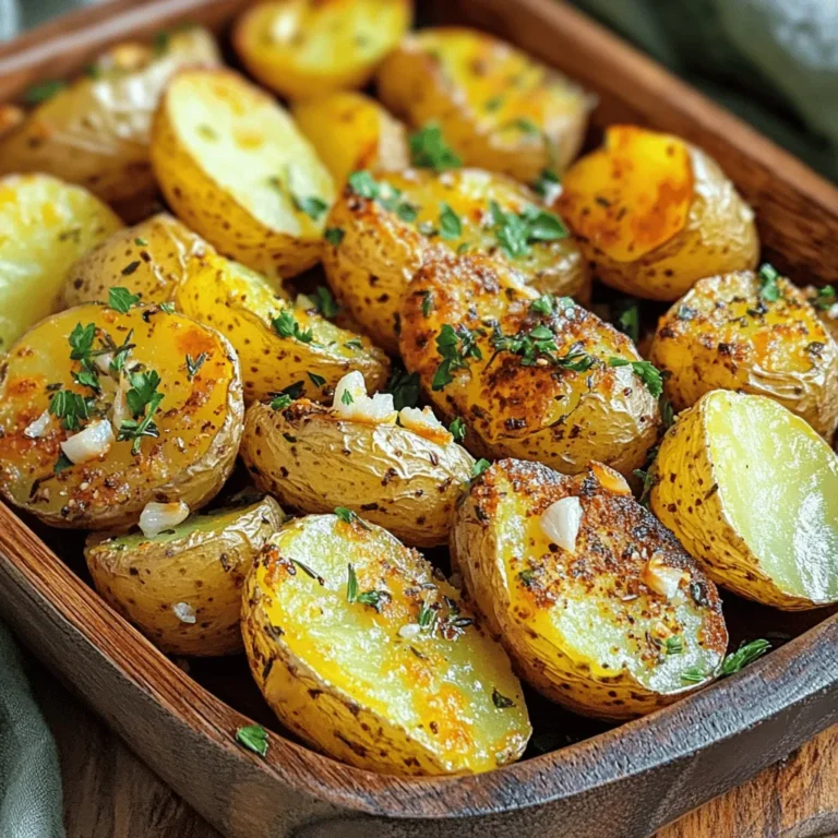 To make Garlic Herb Roasted Potatoes, you need a few simple items. Here’s the full list: - 2 pounds baby potatoes, halved - 4 cloves garlic, minced - 3 tablespoons olive oil - 2 teaspoons dried rosemary - 2 teaspoons dried thyme - 1 teaspoon smoked paprika - Salt and pepper, to taste - Fresh parsley, chopped (for garnish) When choosing herbs, fresh and dried each have their perks. Fresh herbs bring bright flavors. They make your dish pop with color and smell. Dried herbs work well, too. They are more concentrated in flavor. If you use dried herbs, use less than fresh. For this dish, I like dried rosemary and thyme. They both pair perfectly with garlic. Want to take your Garlic Herb Roasted Potatoes to the next level? You can add some optional ingredients. Here are a few ideas: - Lemon zest for a citrusy kick - Crushed red pepper flakes for heat - Grated Parmesan cheese for a cheesy touch - Fresh lemon juice for brightness Feel free to mix and match these options. You can create a dish that fits your taste perfectly! For the full recipe, check out the details above. To start, wash the baby potatoes well. Scrub them gently to remove dirt. Cut each potato in half. This helps them cook evenly. Halving also allows the herbs to stick better. If you see any blemishes, cut those off. This way, you keep the potatoes looking nice. In a large bowl, add the halved potatoes. Next, toss in the minced garlic. Pour in the olive oil, and sprinkle the dried rosemary and thyme. Add smoked paprika, salt, and pepper. Use your hands to mix everything well. Ensure each piece of potato gets coated. This step is key for flavor. The oil helps the herbs stick and adds crispiness. Spread the coated potatoes on a baking sheet. Make sure they are in a single layer. If they are crowded, they won't crisp up well. Roast them in a preheated oven at 425°F (220°C). Flip the potatoes halfway through cooking. This helps them brown evenly. Roast for 25-30 minutes. They should be golden and crispy when done. For an extra touch, sprinkle fresh parsley on top before serving. This adds color and flavor. For the complete recipe, check the Full Recipe section. When you pick potatoes, choose firm ones. Look for smooth skin with no blemishes. Baby potatoes work best for this dish. They are small and cook quickly. If you want larger potatoes, cut them into smaller pieces. This helps them roast evenly. Cooking time matters a lot. Smaller potatoes roast faster, about 25 to 30 minutes. Larger pieces may need an extra 10 minutes. Always check for doneness by poking them with a fork. They should be soft inside and crispy outside. Adjust time as needed for size. Avoid overcrowding the pan. If potatoes are too close, they won’t crisp up. Spread them in a single layer on the baking sheet. Another mistake is not flipping them. Turn the potatoes halfway through cooking for even browning. Lastly, don’t skip the seasoning. The herbs add fantastic flavor. For the full recipe, check the section above. {{image_2}} You can change the herbs for new flavors. Try basil or oregano instead of rosemary. You can add some chili flakes for heat. A little cumin gives a nice earthy taste too. Mix and match until you find your favorite combo. You can make this dish a full meal. Toss in some bell peppers, zucchini, or carrots with the potatoes. For protein, add diced chicken or sausage. This adds color and nutrition. You’ll have a tasty, one-pan meal that is easy to serve. Both the air fryer and oven work well for this recipe. The air fryer cooks faster and gives a great crunch. Set it to 400°F (200°C) and cut the cooking time by 10 minutes. The oven will give you a more even roast. It’s perfect for larger batches. Check out the Full Recipe for more tips on cooking methods. To keep your leftover Garlic Herb Roasted Potatoes fresh, place them in an airtight container. Make sure they cool down before sealing. You can store them in the fridge for up to three days. If you want to enjoy them later, freezing is a good option too. When you reheat these potatoes, aim for the oven if possible. Preheat the oven to 375°F (190°C). Spread the potatoes on a baking sheet and heat for about 10-15 minutes. This helps to keep them crispy. You can also use a skillet on medium heat. Just add a little olive oil to enhance the flavor. To freeze Garlic Herb Roasted Potatoes, first cool them completely. Then, spread them out on a baking sheet in a single layer. Freeze for about an hour. Once frozen, transfer them to a freezer-safe bag. Label the bag with the date. They can last up to three months in the freezer. When ready to eat, thaw in the fridge overnight before reheating. For the full recipe, refer back to the beginning of this article. You can keep Garlic Herb Roasted Potatoes in the fridge for about four days. Store them in an airtight container to keep them fresh. Make sure they cool down before sealing them up. This way, they won’t get soggy or lose their crunch. Yes, you can prepare these potatoes ahead of time. Cut the baby potatoes and mix them with the herbs and oil. Store this mixture in the fridge for up to 24 hours before cooking. When you're ready, just spread them on a baking sheet and roast. This saves time on busy days! Garlic Herb Roasted Potatoes go well with many dishes. They are great with grilled meats like chicken or steak. You can also serve them with baked fish or roasted veggies. A fresh salad on the side makes a nice balance. For a cozy meal, enjoy them with a warm soup. These potatoes fit into many meals, making them a favorite! Garlic Herb Roasted Potatoes are easy to make and tasty. We covered the key ingredients, from fresh herbs to optional flavors. I shared step-by-step instructions for crispiness and tips to avoid common mistakes. You can try different herbs, add veggies, or cook in an air fryer. Store leftovers properly for later use, and I answered many FAQs. In summary, this dish is versatile and delicious. Enjoy experimenting with flavors and cooking methods. Happy cooking!