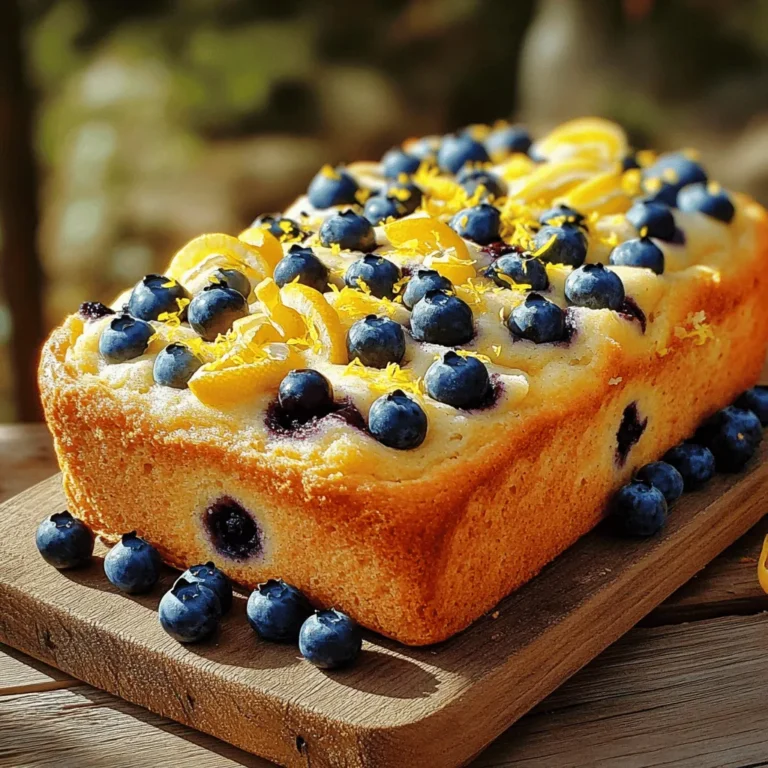 To make this tasty lemon blueberry bread, you will need: - 1 cup fresh blueberries (or frozen, thawed and drained) - 1 ½ cups all-purpose flour - 1 teaspoon baking powder - ½ teaspoon baking soda - ½ teaspoon salt - ½ cup unsalted butter, softened - 1 cup granulated sugar - 2 large eggs - 1 teaspoon vanilla extract - Zest of 1 lemon - 2 tablespoons fresh lemon juice - ½ cup buttermilk (or substitute with milk and vinegar) - Extra blueberries and lemon zest for topping You can easily swap some ingredients for a different flavor or dietary needs. Here are some ideas: - Gluten-Free Flour: Use a gluten-free blend instead of all-purpose flour. - Dairy-Free: Substitute buttermilk with almond milk mixed with vinegar. - Egg-Free: Replace eggs with flaxseed meal mixed with water (1 tablespoon flaxseed + 2.5 tablespoons water = 1 egg). - Sugar Alternatives: Use coconut sugar or stevia for a healthier option. If you’re outside the U.S., here are some handy conversions: - 1 cup = 240 ml - 1 ½ cups = 360 ml - 1 teaspoon = 5 ml - ½ cup = 115 g (butter) - 1 cup sugar = 200 g These conversions help ensure you get the best results. To start, you need to preheat your oven to 350°F (175°C). Grease a 9x5-inch loaf pan. Line it with parchment paper, leaving some overhang. This helps with easy removal later. Next, in a medium bowl, whisk together 1 ½ cups of all-purpose flour, 1 teaspoon of baking powder, ½ teaspoon of baking soda, and ½ teaspoon of salt. Set this bowl aside. In a large bowl, cream ½ cup of softened unsalted butter with 1 cup of granulated sugar. Use an electric mixer for about 3-4 minutes until the mix is light and fluffy. Now, add 2 large eggs one at a time. Mix well after each egg. Then, stir in 1 teaspoon of vanilla extract, the zest of 1 lemon, and 2 tablespoons of fresh lemon juice. Gradually add the dry mixture to the wet mixture. Do this in three parts, alternating with ½ cup of buttermilk. Start and end with the dry mix. Remember, do not overmix! Gently fold in 1 cup of fresh blueberries. Be careful not to mash them. Pour the batter into the loaf pan and smooth the top. For a pretty look, sprinkle extra blueberries and lemon zest on top. Bake it in the oven for 55-65 minutes. To check if it’s done, insert a toothpick into the center. If it comes out clean, it’s ready. Once baked, cool the bread in the pan for about 10 minutes. Lift it out using the parchment paper. Let it cool completely on a wire rack. Slice and enjoy! 1. Use fresh ingredients: Fresh blueberries and real lemon juice give the best flavor. 2. Don’t overmix: Overmixing can make the bread tough. Mix just until combined. 3. Room temperature ingredients: Ensure your butter and eggs are at room temperature for easier mixing. - Preheat oven: Always preheat your oven to 350°F (175°C) before baking. - Baking time: Bake for 55-65 minutes. Check with a toothpick for doneness. - Cooling time: Let the bread cool in the pan for 10 minutes, then cool on a wire rack. For more details, check the Full Recipe. When you bake Lemon Blueberry Bread, a few mistakes can spoil your fun. First, do not overmix the batter. This makes the bread tough. Mix just until the dry and wet ingredients blend. Second, check your oven temperature. An oven that is too hot can burn the bread. Use an oven thermometer for accuracy. Third, be careful with the blueberries. If you mash them, the bread can turn blue and mushy. Fold them in gently. Lastly, always let the bread cool before slicing. Cutting too soon can make it fall apart. To boost flavor, use fresh, ripe blueberries. They add sweetness and juiciness. You can also add more lemon zest for a stronger lemon flavor. A pinch of cinnamon or nutmeg can give warm notes, too. For better texture, use buttermilk. It makes the bread moist and fluffy. If you want a crunchy top, sprinkle sugar on the batter before baking. This will create a nice crust. Don't forget to try adding nuts or seeds for a unique twist! Having the right tools helps a lot in baking. Here are some must-haves: - Loaf pan: A good non-stick 9x5-inch loaf pan is key. - Mixing bowls: Use both large and medium bowls for mixing ingredients. - Electric mixer: This makes creaming butter and sugar easy. - Whisk: A whisk helps blend dry ingredients well. - Rubber spatula: Perfect for folding in blueberries and scraping the bowl clean. - Oven thermometer: Ensures your oven is at the right temperature. With these tools, you will bake like a pro! For a complete guide to making this delicious bread, check the Full Recipe. {{image_2}} If you want a gluten-free option, it's easy to make. Use a gluten-free flour blend instead of all-purpose flour. Look for blends that contain xanthan gum. This helps give the bread structure. Follow the same recipe steps, and you'll get a tasty loaf that everyone can enjoy. Always check the labels to ensure no hidden gluten. For a vegan twist, swap the eggs with flax eggs. Mix one tablespoon of ground flaxseed with three tablespoons of water. Let it sit for five minutes until it thickens. Replace the buttermilk with almond milk and a splash of vinegar. Use coconut oil instead of butter. These small changes make the bread plant-based without losing flavor. You can play with flavors to make your bread unique. Try adding chopped nuts for crunch. Walnuts or pecans work great. You could also mix in spices like cinnamon or ginger for warmth. If you're feeling adventurous, add a swirl of cream cheese or a layer of lemon curd in the middle. Each variation brings a new taste to your kitchen! For the full recipe, check out the [Full Recipe]. To keep your lemon blueberry bread fresh, wrap it tightly in plastic wrap. This helps seal in moisture and flavor. You can also place it in an airtight container. Store it at room temperature for up to three days. For longer storage, consider refrigeration, but this might change the texture. You can freeze lemon blueberry bread for later enjoyment. First, let it cool completely. Wrap it well in plastic wrap, then in aluminum foil. This keeps out air and prevents freezer burn. When you're ready to eat it, thaw it in the fridge overnight. To warm it up, slice the bread and toast it briefly. You can also reheat slices in the microwave for about 10-15 seconds. Lemon blueberry bread stays fresh for about three days at room temperature. If you keep it in the fridge, it can last about a week. Watch for mold, which shows spoilage. If the bread smells sour or looks dry, it’s time to toss it. Always check your bread before enjoying a slice! To make your lemon blueberry bread moist and fluffy, use fresh ingredients. Start with room temperature eggs and butter. This helps mix them well. Add buttermilk to the batter for extra moisture. Do not overmix the batter; mix until just combined. This keeps your bread light. You can also fold in the blueberries gently. This prevents them from breaking apart. Finally, bake until golden brown. A toothpick should come out clean when it is ready. Yes, you can use frozen blueberries in this recipe. Just make sure to thaw and drain them first. This keeps the batter from getting too wet. Frozen blueberries also work well. They can add a nice chill to your bread. However, be gentle when folding them in. You want to keep them intact for best results. If you like, you can toss them in a bit of flour before adding them to the batter. This helps them stay suspended in the bread. Lemon blueberry bread is best served fresh and warm. You can slice it and enjoy it plain or with a pat of butter. For a fun twist, try adding a drizzle of lemon glaze on top. This adds a sweet and tangy flavor. You can also serve it with a side of fresh berries or yogurt. It makes a great breakfast or snack. Pair it with tea or coffee for a delightful treat. Enjoy sharing it with friends at brunch or family gatherings. For the full recipe, check out the detailed instructions above! Lemon blueberry bread is a delightful treat that anyone can make. We talked about key ingredients, helpful substitutions, and precise measurements. I shared step-by-step instructions and baking tips to ensure your bread comes out perfect. We also covered common mistakes, variations, and storage methods. With these insights, you can enjoy this tasty bread at home. Bake, experiment, and share your creations!