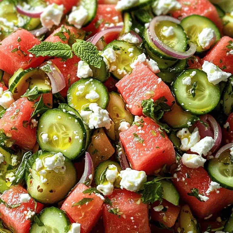 This refreshing Watermelon Cucumber Feta Salad mixes sweet and salty. It has bright flavors. You can make it in just 15 minutes. It serves four people and is perfect for summer. - 4 cups seedless watermelon, cubed - 1 large cucumber, diced - 1 cup crumbled feta cheese - 1/4 cup fresh mint leaves, chopped - 1/4 cup red onion, thinly sliced - 2 tablespoons olive oil - 1 tablespoon lime juice - Salt and pepper to taste Each ingredient adds a special touch. The watermelon gives sweetness. The cucumber adds crunch. Feta brings saltiness. Fresh mint gives it a nice herbal note. Red onion adds a bit of bite. Olive oil and lime juice create a tasty dressing. Salt and pepper enhance all the flavors. You can find the full recipe above for details on making this salad. - How to cube watermelon: Start with a seedless watermelon. Cut it in half, then slice each half into thick wedges. From there, cut off the rind and cube the fruit into bite-sized pieces. Place the cubes in a large bowl. - Properly dicing cucumber: Take a large cucumber and wash it well. Cut off both ends, then slice it in half lengthwise. Use a spoon to scoop out the seeds if they are large. Next, slice each half into small pieces. Add these to the bowl with the watermelon. - Tips for slicing red onion and mint: For the red onion, peel off the skin, then slice it very thinly. This makes it easier to mix in. For the mint, stack the leaves, roll them up tightly, and slice them into thin ribbons. This method gives you nice, even pieces. - Combining salad ingredients: Once your watermelon, cucumber, onion, and mint are in the bowl, gently mix them together. Be careful not to mash the watermelon. You want to keep the pieces intact for a fresh look. - Whisking the dressing properly: In a separate small bowl, combine olive oil, lime juice, salt, and pepper. Use a whisk to blend it all together. This helps the flavors mix well and gives a smooth dressing. - Perfect serving size and presentation: This salad works well for about four people. Serve it in a large bowl for sharing or in individual cups for a nice touch. - Garnishing for added flavor and visual appeal: Once you mix the dressing in, sprinkle crumbled feta cheese on top. You can also add extra mint leaves for color and a fresh taste. This makes the salad look beautiful and appetizing. For the Full Recipe, check the previous section for all the details you need! You can make this salad up to 2 hours before serving. This gives the flavors time to mix well. Store it in the fridge in a sealed container. If you wait too long, the cucumber may lose its crunch. To balance the sweetness of watermelon, add more lime juice. This helps brighten the flavors. You can also try a drizzle of balsamic glaze for a different taste. If you want a creamy touch, swap feta for goat cheese or add avocado. To keep cucumber crisp, add it right before serving. If you mix it in too early, it may become soggy. When using feta, crumble it gently. This way, it stays in nice pieces and adds bursts of flavor. If you want a smoother texture, try mixing it into the dressing first. For the full recipe, check the section above. {{image_2}} You can switch up the cheese for a different flavor. Try goat cheese or ricotta. Both add a nice creaminess. You can also mix in seasonal fruits. Try peaches in summer or apples in fall. These fruits add sweetness and depth. Adding colorful veggies like bell peppers or radishes can boost crunch and flavor. To make this salad vegan-friendly, skip the feta. You can use avocado instead. It gives a creamy texture without dairy. For gluten-free options, this salad is already safe. Just ensure your dressing doesn’t contain gluten. Most oils and vinegars are gluten-free. Spices and herbs can elevate your salad. Try adding a pinch of cayenne pepper for a kick. Fresh basil or cilantro also works well. Nuts or seeds can add a great crunch. Roasted pumpkin seeds or chopped walnuts enhance the texture. They make each bite more interesting. You can find the full recipe above to create this refreshing dish easily! After enjoying your Watermelon Cucumber Feta Salad, store any leftovers right away. Place the salad in an airtight container. This helps keep it fresh and tasty. I like to use glass containers as they don’t absorb odors. The best temperature for storing this salad is around 35 to 40 degrees Fahrenheit. This keeps the ingredients crisp. You can keep the salad fresh for up to three days. After that, the watermelon may start to lose its texture. I recommend not freezing Watermelon Cucumber Feta Salad. The texture of watermelon and cucumber changes when frozen. If you do freeze it, the salad will be mushy when thawed. If you must, thaw it in the fridge for several hours. Use it quickly after thawing for the best taste. How long can I keep Watermelon Cucumber Feta Salad in the fridge? You can store the salad in the fridge for up to three days. After that, the ingredients may lose their fresh taste and crunch. To keep it longer, consider storing the dressing separately. Can I prepare the salad in advance? Yes, you can. You can chop the watermelon and cucumber a few hours before serving. Just mix everything right before you eat. This keeps the salad fresh and tasty. What variations can I try for a twist in flavors? You can swap feta for goat cheese for a creamier taste. Try adding berries like blueberries or strawberries for extra sweetness. Fresh herbs like basil or dill can bring new flavors, too. Experiment and find what you love! For the complete recipe, check out the Full Recipe. This blog post explores a fresh and delicious Watermelon Cucumber Feta Salad. We covered the ingredients, preparation steps, and tips for making it ahead of time. You learned how to mix it right and serve it well. We also shared storage tips to keep it fresh. Now it’s your turn to enjoy this salad. Experiment with the variations and make it your own. Healthy meals can be fun and easy to make!