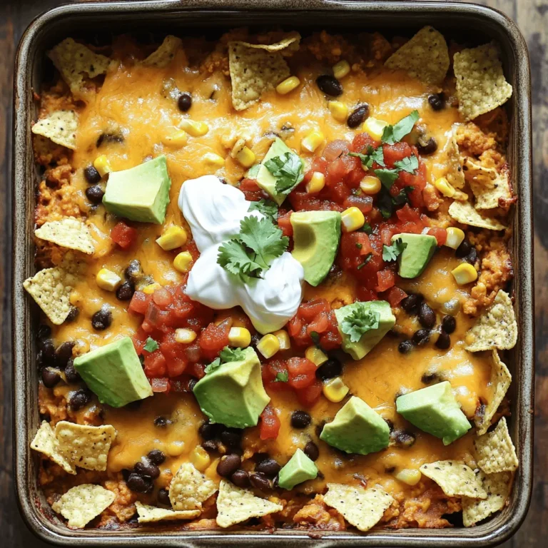 To make the best Ingredient Taco Casserole, gather these items: - 1 lb ground turkey or beef - 1 can (15 oz) black beans, rinsed and drained - 1 cup corn kernels (fresh, frozen, or canned) - 1 packet taco seasoning - 1 can (10 oz) diced tomatoes with green chilies - 2 cups tortilla chips, crushed - 1 cup shredded cheddar cheese - 1 cup sour cream - 1 cup salsa - 1/4 cup chopped fresh cilantro (optional) - 1 avocado, diced (for garnish) These ingredients work together to create a rich, tasty dish. Each adds its unique flavor and texture, making the casserole a hit. You might want to swap some ingredients based on your taste or needs. Here are some great options: - Meat: Use ground chicken or plant-based meat for a lighter option. - Beans: Try pinto or kidney beans if you prefer a different flavor. - Corn: Frozen corn gives a fresh taste, but canned works well too. - Taco seasoning: Make your own mix with chili powder, cumin, and garlic powder. - Cheese: Substitute with Monterey Jack or pepper jack for a spicier kick. - Sour cream: Swap with Greek yogurt for a tangy twist. - Salsa: Use your favorite jarred salsa or homemade for better taste. Feel free to mix and match based on what you have at home! To prepare this casserole, you will need a few basic tools: - Large skillet for cooking the meat and mixing ingredients - 9x13 inch baking dish for layering and baking - Mixing spoon for stirring the meat mixture - Measuring cups for accurate ingredient amounts - Can opener to open the canned goods - Foil to cover the dish while baking Having these tools ready will make your cooking process smooth and enjoyable. Make sure everything is clean and set up before you start. Enjoy the fun of cooking this delicious dish! Start by gathering all your ingredients. You need: - 1 lb ground turkey or beef - 1 can (15 oz) black beans, rinsed and drained - 1 cup corn kernels (fresh, frozen, or canned) - 1 packet taco seasoning - 1 can (10 oz) diced tomatoes with green chilies - 2 cups tortilla chips, crushed - 1 cup shredded cheddar cheese - 1 cup sour cream - 1 cup salsa - 1/4 cup chopped fresh cilantro (optional) - 1 avocado, diced (for garnish) Next, preheat your oven to 350°F (175°C). Grease a 9x13 inch baking dish to prevent sticking. It's time to get cooking! 1. In a large skillet, cook the ground turkey or beef over medium heat. Brown it for about 5-7 minutes. If there's excess fat, drain it. 2. Add the black beans, corn, taco seasoning, and diced tomatoes to the skillet. Stir to mix well. Heat this mixture for about 3-4 minutes until warm. 3. Layer half of the crushed tortilla chips at the bottom of your greased baking dish. Use both fine and larger pieces for great texture! 4. Spread half of the meat and bean mixture over the chips. Next, sprinkle half of the shredded cheese on top. 5. Evenly spoon the sour cream and salsa over the cheese layer. 6. Repeat the layers with the remaining tortilla chips, meat mixture, and top with the last of the cheese. 7. Cover the dish with foil and bake for 20 minutes. Then, remove the foil and bake for an extra 10-15 minutes. Look for bubbly and golden cheese! 8. After baking, let the dish cool for a few minutes. Garnish with fresh cilantro and diced avocado. Layering is key to a great taco casserole. Start with chips for a solid base. Alternate between meat, cheese, and sauces. This helps mix flavors as it cooks. Use the right amount of each layer. Too much of anything can make it soggy. Keep the layers even for the best taste. If you want more crunch, add extra chips on top before baking. Enjoy your tasty creation! To get great flavor in your taco casserole, use fresh ingredients. Fresh cilantro and ripe avocados make a big difference. I like to mix different types of cheese, too. This adds depth to each bite. For the best texture, layer the ingredients carefully. Alternate between chips, meat, and cheese. This way, every layer holds its crunch and flavor. One mistake is not draining the beans properly. This can make the casserole watery. Another error is using too much seasoning. Stick to the taco seasoning packet for balance. Don't forget to let the casserole cool a bit before serving. Cutting it too soon can lead to a messy dish. Serve the casserole hot, right from the oven. I like to add a dollop of sour cream on each plate. Extra salsa on the side is a must for those who like more spice. Sprinkle some chopped cilantro on top for color. For a fun touch, offer some tortilla chips for crunch. This adds a nice contrast to the soft casserole. You can find the full recipe in the article. {{image_2}} You can make this taco casserole meat-free. Use lentils or mushrooms instead of ground meat. Black beans work great as a protein base. For a vegan option, swap sour cream with cashew cream or coconut yogurt. You can also use vegan cheese that melts well. This keeps the dish tasty and satisfying. Want more heat? Add diced jalapeños or a dash of hot sauce to the meat mix. You can also choose spicy taco seasoning for an extra kick. If you prefer milder flavors, use mild salsa or omit the green chilies. You can always adjust spices to fit your taste. Get creative with your toppings! Try adding diced red onions or sliced olives for more flavor. Fresh lime juice adds zest, while chopped green onions give a nice crunch. You can also mix in cooked quinoa or rice before layering. These options make your dish unique and fun to enjoy. To keep your taco casserole fresh, let it cool completely. Place it in an airtight container. You can also cover the dish tightly with plastic wrap or foil. Store it in the fridge for up to four days. If you have a lot left, consider dividing it into smaller portions. This makes it easy to grab a quick meal later. When you're ready to eat leftovers, preheat your oven to 350°F (175°C). Take the casserole out of the fridge. Cover it with foil to keep it moist. Heat for about 20 minutes or until it's hot all the way through. You can also use a microwave. In that case, place a portion on a microwave-safe plate. Heat in short bursts, stirring in between, until warm. You can freeze taco casserole for longer storage. Make sure it’s cool, then wrap it tightly in plastic wrap. Place it in a freezer-safe container or bag. It can last for up to three months in the freezer. When you're ready to eat it, thaw it in the fridge overnight. Then, reheat it in the oven or microwave for the best taste and texture. Yes, you can make this dish ahead of time. Prepare the casserole up to the baking step. Cover it with foil and store it in the fridge. This way, you can bake it later. It’s a great option for busy days or gatherings. Just remember to add a few extra minutes to the baking time when you cook it straight from the fridge. Taco casserole pairs well with many sides. Here are some ideas: - A fresh green salad - Guacamole and tortilla chips - Mexican rice or quinoa - Refried beans for extra protein - A dollop of sour cream or extra salsa These sides add color and flavor to your meal. They also help balance the richness of the casserole. The casserole will last for about 3 to 4 days in the fridge. Make sure to cover it tightly with plastic wrap or foil. This keeps it fresh and prevents it from drying out. If you want to keep it longer, consider freezing it. In this article, we covered everything about making Ingredient Taco Casserole. We detailed the complete ingredient list and offered swaps for special diets. I shared tips for prep work, cooking steps, and flavor tricks to get it just right. Plus, we looked at storage methods to keep leftovers fresh. With these steps and tips, you can create a delicious casserole that suits your taste. Enjoy cooking, and be ready to impress your family with your tasty dish!