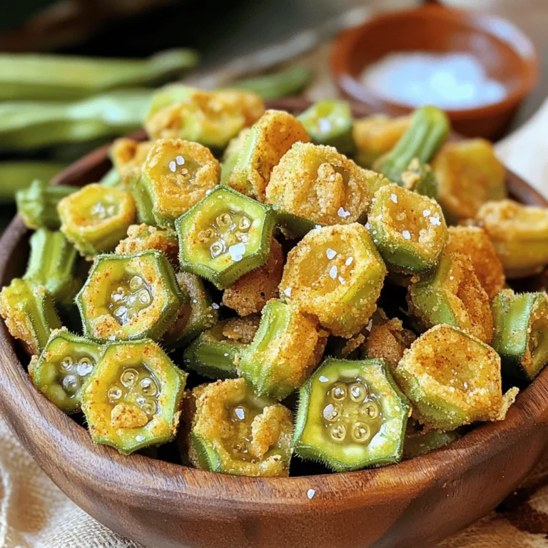 To make the best Southern fried okra, you need fresh ingredients. Here’s what you will use: - 1 pound fresh okra, sliced into 1/2-inch rounds - 1 cup buttermilk - 1 cup cornmeal - 1/2 cup all-purpose flour - 1 teaspoon paprika - 1/2 teaspoon garlic powder - 1/2 teaspoon onion powder - 1/2 teaspoon cayenne pepper (or to taste) - 1 teaspoon salt - 1/2 teaspoon black pepper - Vegetable oil for frying Each of these ingredients adds taste and texture. The buttermilk helps the coating stick. The cornmeal gives that great crunch. You will need some basic kitchen tools to fry your okra: - Large bowl for soaking - Mixing bowl for dry ingredients - Large, deep skillet or pot - Slotted spoon for frying - Paper towels for draining - Cooking thermometer to check oil temperature Using the right tools makes the process easier. A thermometer helps you fry the okra at the right temperature for crispiness. Feel free to play with flavors! Here are some optional seasonings you might like: - 1 teaspoon cayenne for extra heat - 1 tablespoon lemon zest for brightness - 1/2 cup grated cheese for added richness These additions can help you customize your dish. You can adjust spices to suit your taste. For the full recipe, check out the section above. This will guide you to a delicious experience! Start by soaking the sliced okra in buttermilk. This step helps the coating stick better. Let it soak for at least 30 minutes. The buttermilk also adds a nice flavor. In a bowl, mix cornmeal, all-purpose flour, and spices. Use paprika, garlic powder, onion powder, cayenne, salt, and black pepper. Stir the mixture well. This coating gives the okra its crunch. Heat about 2 inches of vegetable oil in a deep skillet. The oil needs to be hot, around 350°F (175°C). Once ready, take the okra from the buttermilk. Shake off any extra liquid. Next, toss the okra in the coating mix until it’s fully covered. Carefully add the coated okra to the hot oil in small batches. Fry for 3-4 minutes until golden brown and crispy. Use a slotted spoon to take the okra out. Place it on a paper towel-lined plate to drain excess oil. Repeat this with the rest of the okra. Serve hot and enjoy your crispy Southern fried okra! For the complete details, check out the Full Recipe. To make your okra crispy, start by soaking it in buttermilk. This step adds flavor and helps the coating stick. After soaking, coat the okra well in the dry mix. Use a mix of cornmeal and flour for the best crunch. The right oil temperature is key too. Aim for 350°F (175°C). When the oil is hot enough, the okra will fry to a golden brown. A common mistake is overcrowding the pan. This can lower the oil temperature and make the okra soggy. Fry in small batches for a crispier result. Another mistake is not shaking off excess coating. Too much flour can make the okra clump together. Lastly, don’t skip the buttermilk soak. It’s essential for flavor and texture. Use oils with high smoke points for frying. Good choices are vegetable oil, canola oil, or peanut oil. These oils can handle high heat without burning. Olive oil is not ideal because it has a lower smoke point. Choose the right oil to get that perfect crunch. For the best results, stick to oils meant for frying. For the full recipe, check out the Crispy Southern Fried Okra . {{image_2}} You can make a gluten-free version of Southern fried okra easily. Just swap the all-purpose flour with a gluten-free blend. Many brands offer great options in stores. Look for one that works well for frying. The taste will stay delicious, and your guests will enjoy it just as much. For a lighter take, try making Southern fried okra in an air fryer. This method cuts down on oil and still gives you a crispy bite. After soaking the okra in buttermilk, coat it as usual. Then, lay the coated pieces in a single layer in the air fryer basket. Set the fryer to 400°F (200°C) and cook for about 10-12 minutes. Shake the basket halfway through for even cooking. You’ll love the crunch with less fat! If you like some heat, add extra cayenne pepper to your coating. A teaspoon or more can spice things up. You can also mix in some chili powder or hot sauce into the buttermilk. This will give your okra an extra kick. The spicy flavor pairs well with the crispy texture for a tasty treat. Enjoy experimenting with the heat level that you like! Check out the Full Recipe for all the details on making this snack. After you enjoy your Southern fried okra, store any leftovers in an airtight container. Let the okra cool to room temperature before sealing it up. Proper storage helps keep it fresh and tasty. You can keep the leftovers in the fridge for up to three days. When you're ready to eat the leftovers, you want them crispy again. You can reheat the okra in a few ways: - Oven: Preheat your oven to 350°F (175°C). Spread the okra on a baking sheet. Bake for about 10-15 minutes until hot and crispy. - Air Fryer: If you have an air fryer, it's great for reheating. Set it to 350°F (175°C) and cook for about 5-7 minutes. - Stovetop: Heat a little oil in a skillet over medium heat. Add the okra and cook for a few minutes until warm and crispy. Freezing Southern fried okra is a great way to save it for later. Here's how to do it: 1. Allow the fried okra to cool completely. 2. Spread the okra in a single layer on a baking sheet. This prevents it from sticking together. 3. Freeze for about 1-2 hours until firm. 4. Transfer the frozen okra to a freezer bag or airtight container. Be sure to remove as much air as possible to avoid freezer burn. You can freeze the okra for up to three months. When you're ready to enjoy it, just reheat as mentioned earlier. This way, you can savor that crispy goodness anytime! For the full recipe, check out the details above. The best way to cut okra is to slice it into 1/2-inch rounds. This size helps it fry evenly. You want each piece to be small enough to get crispy. If the pieces are too big, they may not cook well. Yes, you can prep Southern Fried Okra ahead of time. Soak the okra in buttermilk. Then coat it with the cornmeal mix. You can store this in the fridge for a few hours. Just fry them when you are ready to serve. This helps keep them crispy. Southern Fried Okra pairs well with many dishes. You can serve it with fried chicken or catfish. It also goes great with a fresh salad. Try it with a spicy dipping sauce for extra flavor. Southern Fried Okra makes a perfect side for any meal. For the complete cooking process, check the Full Recipe. We explored the key ingredients, cooking steps, and tips for Southern Fried Okra. We looked at optional seasonings and tricks for perfect crispiness. I shared storage options and variants like gluten-free and air fryer recipes. Try different flavors and methods to make it your own. Enjoying Southern Fried Okra can be fun and tasty. With practice, you’ll serve up delicious meals everyone loves. Dive in and savor your creations!
