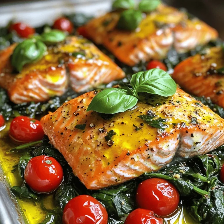 - 4 salmon fillets (about 6 oz each) - 3 tablespoons olive oil - 2 cloves garlic, minced - 1 cup cherry tomatoes, halved - 1 cup spinach, roughly chopped - 1 teaspoon dried Italian herbs (oregano, basil, thyme) The main ingredients create a base of flavor. Salmon is rich and healthy. Olive oil adds a nice touch of richness. Garlic gives a warm, inviting aroma. Cherry tomatoes add a burst of sweetness. Spinach brings a fresh note. Italian herbs tie all these flavors together. - 1/2 teaspoon red pepper flakes (adjust for spice preference) - Salt and pepper to taste - Zest and juice of 1 lemon Seasoning is key to a great dish. Red pepper flakes add a hint of heat. Salt and pepper enhance all the flavors. Lemon zest and juice brighten the dish and add a fresh kick. - Fresh basil leaves Garnishing is not just for looks. Fresh basil leaves add a pop of color and flavor. They give the dish a nice finish. You can tear the leaves by hand for a rustic touch. If you want to see how to put this all together, check out the Full Recipe. First, preheat your oven to 400°F (200°C). This will ensure even cooking for your salmon. While the oven heats, grab a large oven-safe skillet. Add two tablespoons of olive oil to the skillet over medium heat. Once the oil is warm, add two cloves of minced garlic. Sauté the garlic for about one minute. Watch it closely; we do not want it to burn. Now, it’s time to add flavor. Toss in one cup of halved cherry tomatoes. Sauté these for three to four minutes. You want them soft and juicy. Next, incorporate one cup of roughly chopped spinach into the skillet. Now, add one teaspoon of dried Italian herbs, half a teaspoon of red pepper flakes, and salt and pepper to taste. Stir everything together. Cook until the spinach wilts, which takes about two minutes. Next, push the veggies to the side of the skillet. Add one more tablespoon of olive oil to the empty space. Place four salmon fillets in the skillet, skin-side down. Season the fillets with salt, pepper, and the zest from one lemon. Drizzle the lemon juice over the salmon and vegetable mix. Now, transfer the skillet to your preheated oven and bake for 12 to 15 minutes. You know the salmon is done when it flakes easily with a fork. For the full recipe, check out the instructions provided. Choosing the right salmon You want to pick fresh salmon. Look for fillets that are bright in color and firm to the touch. Avoid any fish that looks dull or has brown spots. Wild-caught salmon often has a richer flavor than farmed varieties. If you want a milder taste, farmed salmon is a good choice. Checking doneness To check if your salmon is cooked, use a fork. Gently poke the fillet. If it flakes easily, it’s done. Salmon should be opaque and not translucent. It’s best to cook it until it reaches an internal temperature of 145°F (63°C). Suggested spice adjustments If you like it spicy, add more red pepper flakes. For a milder flavor, reduce the amount you use. You can also try adding a pinch of smoked paprika for a smoky touch. Experimenting with spices makes the dish your own. Additional herb options Besides Italian herbs, try fresh dill or parsley. Both add fresh notes to the dish. You can also mix in some fresh thyme for an earthy flavor. Choose herbs based on what you enjoy. Best ways to plate the dish When plating, start with the veggies on the bottom. Place the salmon fillet on top. This way, the colors pop and make the dish look vibrant. Arrange the cherry tomatoes around the salmon for a splash of color. Use of garnishes Fresh basil leaves make a great garnish. They add a lovely aroma and visual appeal. You can also sprinkle some lemon zest on top for a bright finish. A drizzle of extra olive oil can enhance the look and flavor too. For more details on the recipe, check out the Full Recipe. {{image_2}} You can change the vegetables in Savory Tuscan Salmon to suit your taste. Try adding: - Zucchini, sliced - Bell peppers, diced - Asparagus, cut into pieces These swaps keep the dish fresh and colorful. You can also use different fish. Instead of salmon, consider: - Trout for a milder flavor - Cod for a firmer texture - Tilapia for a lighter option If you prefer grilling, this dish works well on the grill. Just preheat your grill to medium-high. Place the salmon on a grill-safe pan with the veggies, and grill for about 10-12 minutes. Baking is simple, but stovetop sautéing is another fun method. Heat a skillet over medium heat, add oil, and cook the salmon for about 5-7 minutes on each side. This method gives a nice crisp to the skin. For gluten-free needs, this dish is already safe. Just ensure your ingredients are free from gluten. If you're looking for dairy-free options, you can skip any buttery sauces or creams. The olive oil and lemon juice provide enough flavor. Enjoy this dish as a healthy choice any day! For the full recipe, check the original instructions. To store leftovers, place your Savory Tuscan Salmon in an airtight container. Make sure it cools down to room temperature first. This helps keep it fresh. Store it in the fridge for up to three days. After that, the taste and texture may change. If you want to freeze the dish, first wrap the salmon tightly in plastic wrap. Then, place it in a freezer-safe bag or container. This keeps out air and prevents freezer burn. You can freeze it for up to three months. When you're ready to eat, thaw it in the fridge overnight. This keeps the salmon safe and tasty. To reheat salmon, use the oven or a skillet. Preheat the oven to 300°F (150°C). Place the salmon on a baking sheet and cover it with foil. Heat for about 10-15 minutes. If using a skillet, add a little olive oil over medium heat. Cook for about 3-5 minutes on each side. Avoid microwaving as it can dry out the fish. For more cooking tips, check out the Full Recipe. You can tell if salmon is done by checking its color and texture. Cooked salmon should be opaque and flake easily with a fork. To be safe, the internal temperature should reach 145°F (63°C). Use a meat thermometer for accuracy. Remember, salmon continues to cook a bit after you take it out of the oven. Yes, you can prepare Savory Tuscan Salmon in advance. You can chop the veggies and season the salmon beforehand. Store them in the fridge for up to a day. When you're ready to cook, just heat the skillet and add everything. This saves time and makes dinner easy. Savory Tuscan Salmon pairs well with many side dishes. Here are some tasty options: - Quinoa for a nutty flavor - Garlic mashed potatoes for creaminess - Steamed asparagus for a fresh crunch - A crisp green salad for lightness - Rice pilaf to soak up the juices These sides will complement the salmon perfectly, creating a well-rounded meal. For the full recipe, check out the detailed instructions above. This blog post shows you how to make Savory Tuscan Salmon easily. We covered all the key ingredients, from fresh salmon to vibrant vegetables and herbs. You learned how to prepare, cook, and garnish your dish for a delicious meal. Remember, tuning flavors and choosing the right cooking method can make a big difference. You can even adapt this recipe to fit your diet! With simple storage tips, you can enjoy this meal later, too. Now, it's time to try your hand at making this tasty salmon dish!