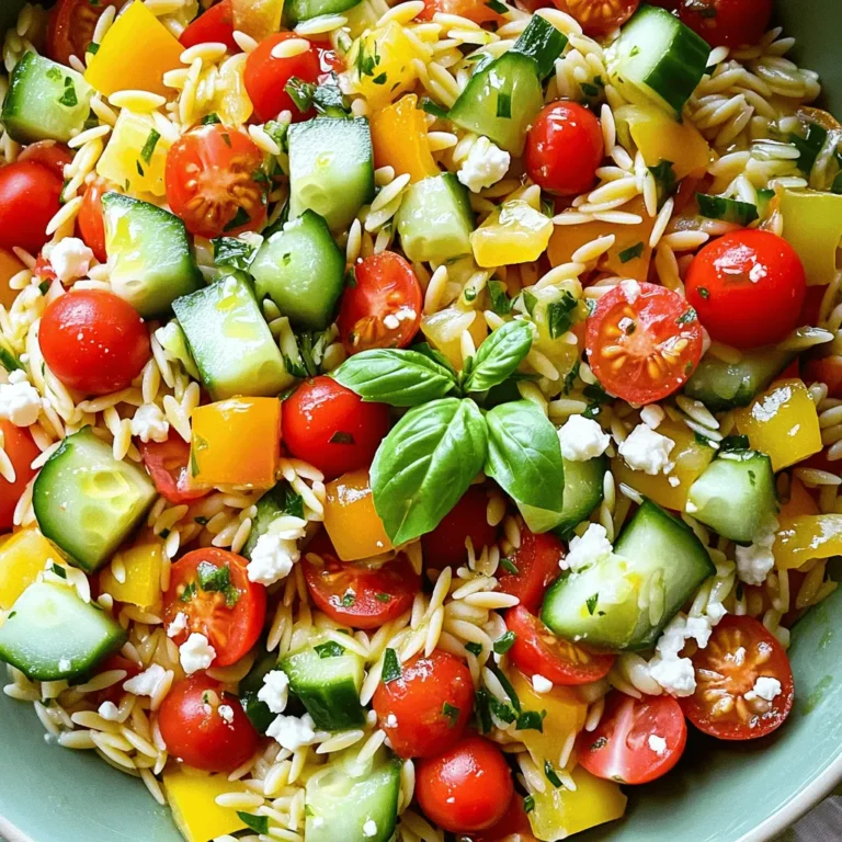 - 1 cup orzo pasta - 1 cup cherry tomatoes, halved - 1 medium cucumber, diced - 1 bell pepper (red or yellow), diced - 1/2 red onion, finely chopped - 1/4 cup fresh basil leaves, chopped - 1/4 cup feta cheese, crumbled - 3 tablespoons olive oil - 2 tablespoons lemon juice - Salt and pepper to taste - Optional: 1/4 cup black olives, pitted and sliced The orzo pasta serves as the base for this colorful salad. I love using fresh cherry tomatoes for their sweet flavor. Diced cucumber and bell pepper add crunch and color. Finely chopped red onion gives a nice bite, while fresh basil brings a bright note. Feta cheese adds creaminess, making each bite delightful. The dressing, made from olive oil and lemon juice, brings everything together. You can use different types of olive oil for varied flavors. Try flavored oils like garlic or herb-infused. For vinegar, options like balsamic or red wine vinegar work well too. They can add a tangy kick to your dish. This salad is light yet filling. One serving has about 200 calories. It contains carbs from the orzo and healthy fats from the olive oil. You’ll also get fiber from the veggies. Each ingredient adds its own health benefits, making this salad both tasty and nutritious. Be sure to check out the Full Recipe for detailed steps and tips! To start, boil a pot of salted water. Bring it to a rolling boil. Next, add 1 cup of orzo pasta. Cook it for about 8 to 10 minutes. You want the orzo to be al dente, which means it should be firm to the bite. After cooking, drain and rinse the pasta under cold water. This stops the cooking process and cools it quickly. In a large mixing bowl, combine the cooked orzo with the veggies. Add 1 cup of halved cherry tomatoes, a diced cucumber, a diced bell pepper, and 1/2 finely chopped red onion. Stir in fresh basil leaves and 1/4 cup of crumbled feta cheese. If you like, toss in black olives too. This mix brings color and flavor to your salad. For the dressing, gather 3 tablespoons of olive oil and 2 tablespoons of lemon juice. In a small bowl, whisk these ingredients together with salt and pepper to taste. This dressing gives your salad a bright, zesty flavor. Make sure to whisk until it is well-combined, so every bite gets that tasty coating. Now, pour the dressing over your salad mix. Gently toss everything together. Make sure all the ingredients get coated. Then, let the salad rest for at least 10 minutes. This resting time is key. It allows the flavors to meld together, making each bite even more delicious. Enjoy your vibrant and fresh orzo summer salad! For the full recipe, check out the details provided above. - Cooking orzo al dente for best texture: Cook the orzo just until firm. This keeps it from getting mushy. Follow the package for timing. Drain and rinse with cold water to stop the cooking. - Using fresh herbs for maximum flavor: Fresh herbs bring life to your salad. I love using basil, parsley, or mint. Chop them just before adding to keep their flavor bright. - Serving suggestions for gatherings: Use a large, colorful bowl to serve. This makes your salad stand out. Garnish with extra herbs or a sprinkle of feta. - Creative plating techniques: For a fun twist, serve the salad in mason jars. This is great for picnics or meal prep. It also looks cute and keeps the salad fresh. - Additional herbs to consider: Try dill or cilantro for a new taste. They can change the salad's vibe. Just chop them finely before adding. - Spice up your salad with extras: Add a sprinkle of red pepper flakes for heat. You can also toss in some nuts or seeds for crunch. For a salty kick, add capers or olives. {{image_2}} You can easily change the vegetables based on what’s fresh. Try zucchini, corn, or snap peas. These veggies add color and great taste. You can also add protein. Grilled chicken or shrimp makes the salad heartier. Just cook the protein separately and mix it in with the orzo. Dressings can change your salad's flavor a lot. A creamy dressing made with yogurt can be a tasty twist. Just mix yogurt, lemon juice, and a pinch of salt. For a zesty option, use lime or orange juice. The citrus adds a nice kick that brightens the dish. Making a vegan version is easy. Simply leave out the feta cheese. You can add avocado for creaminess instead. If you need a gluten-free option, use gluten-free orzo pasta. Many brands offer this, so you won’t miss out on flavor. Explore these variations to create your perfect Orzo Summer Salad. For the full recipe, check out the previous section. To keep your orzo summer salad fresh, store it in an airtight container. This helps prevent moisture loss and keeps flavors intact. Place the salad in the fridge right after serving. It lasts about 3 to 5 days. If you notice any changes in smell or color, it’s best to toss it. You may wonder if you should heat orzo salad. Typically, this salad is best served cold. Heating can change its texture and flavor. If you really want to warm it, try the stovetop method. Place the salad in a pan over low heat. Stir gently until it's warm. Can it be frozen? Yes, but with caution. Freezing can alter the texture of fresh vegetables. If you plan to freeze the salad, leave out the fresh herbs and feta. Store it in a freezer-safe container. When you want to eat it, thaw it in the fridge overnight. Serve it cold with fresh herbs and feta added back in. Enjoy your meal! Yes, you can make Orzo Summer Salad ahead of time. This salad tastes great when chilled. To prep in advance, follow these steps: - Cook the orzo and let it cool. - Chop the veggies and store them separately. - Mix the dressing in a small bowl and keep it aside. - Combine everything right before serving for the best flavor. This way, the salad stays fresh and crunchy. If you want to skip feta cheese, several tasty options exist. Here are some great substitutes: - Goat cheese gives a creamy texture. - Ricotta adds a mild flavor. - Vegan feta works well for a dairy-free choice. - Try mozzarella for a softer bite. Each option brings a unique flavor to the salad, so choose what you like best. To make Orzo Summer Salad gluten-free, pick the right pasta. Here are some good brands: - Banza offers chickpea orzo. - Explore Cuisine has lentil-based orzo. - Tinkyada makes brown rice orzo. You can also use gluten-free ingredients like: - Fresh veggies like cucumbers and bell peppers. - Olive oil and lemon juice for the dressing. This way, everyone can enjoy the salad! Orzo Summer Salad is fresh, colorful, and full of flavor. It includes tasty vegetables and a bright dressing that ties it all together. Remember, cooking the orzo just right makes a big difference. You can also swap in different veggies or proteins to suit your taste. Store leftovers properly to keep your salad fresh. With a few simple tips, you can serve an amazing dish at your next gathering. Enjoy making this vibrant salad that everyone will love!