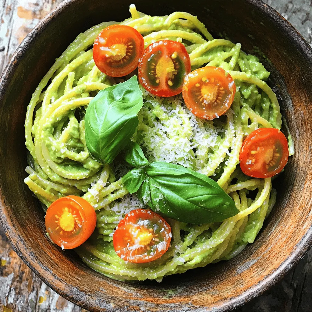 For a delicious creamy avocado pasta, gather these fresh ingredients: - 2 ripe avocados, pitted and peeled - 2 cloves garlic, minced - 1/4 cup fresh basil leaves - 2 tablespoons lemon juice - 8 oz spaghetti or your choice of pasta These fresh ingredients give the dish its tasty and creamy flavor. Ripe avocados are key. They create that smooth sauce we all love. Fresh basil adds a nice herbal touch. Garlic gives it a wonderful kick. And lemon juice brightens the whole dish. Next, you’ll need some kitchen staples: - 1/4 cup olive oil - Salt and pepper to taste Olive oil is important for the creamy texture. It makes the sauce silky. Salt and pepper are also vital. They help to enhance the flavors of the dish. To make your dish look even better, consider these optional garnishes: - 1/4 cup cherry tomatoes, halved - Grated Parmesan cheese (for garnish, optional) Cherry tomatoes add a pop of color and sweetness. They contrast nicely with the creamy sauce. You can also use grated Parmesan cheese for a salty twist. It adds a rich flavor that many enjoy. For the full recipe, check out the detailed instructions to create this creamy avocado pasta! First, fill a large pot with water and add a pinch of salt. Bring it to a boil. Add 8 ounces of spaghetti or your favorite pasta. Cook according to the package instructions, usually around 8 to 10 minutes. You want it al dente, which means firm to the bite. Before draining, reserve half a cup of the pasta water. This water helps make your sauce creamy later. Once done, drain the pasta in a colander. Now grab a food processor. Add 2 ripe avocados, pitted and peeled, to the bowl. Next, add 2 cloves of minced garlic and 1/4 cup of fresh basil leaves. Squeeze in 2 tablespoons of lemon juice and pour in 1/4 cup of olive oil. Blend until the mix is smooth and creamy. Taste it and add salt and pepper to your liking. If the sauce feels too thick, slowly mix in some of the reserved pasta water until it’s just right. In a large mixing bowl, combine the drained spaghetti with the creamy avocado sauce. Toss well to coat every strand of pasta. If needed, adjust the flavor with extra salt, pepper, or lemon juice. Serve your creamy avocado pasta right away in bowls. For a nice touch, top each serving with halved cherry tomatoes and a sprinkle of grated Parmesan cheese if you like. Enjoy this delightful dish! Check the Full Recipe for more details. To get the best creaminess, use ripe avocados. They should feel soft but not mushy. When you blend the sauce, add olive oil slowly. This helps create a smooth texture. If the sauce is too thick, add a bit of reserved pasta water. Keep blending until it’s just right. You can boost the flavor easily. Try adding a pinch of red pepper flakes for heat. Fresh lemon zest also adds a nice touch. For a cheesy flavor, mix in nutritional yeast. You can also swap fresh basil with spinach or arugula. Each herb gives a unique taste. This recipe is quite flexible. For gluten-free diets, use gluten-free pasta. You can also make it vegan by skipping the cheese garnish. If you want a nut-free option, skip any nut-based toppings. Feel free to adjust the recipe to meet your needs for any dietary restriction. {{image_2}} You can make your creamy avocado pasta heartier by adding protein. Grilled chicken or shrimp works well. Simply cook your protein, slice it, and toss it with the pasta. You can also use canned chickpeas for a vegetarian option. Just rinse and drain the chickpeas before adding them. They bring a nice texture and protein boost. If you need a gluten-free meal, you have options. Look for gluten-free pasta made from rice or quinoa. These types cook well and hold the sauce nicely. Cook them just like regular pasta and follow the same steps in the recipe. You won't miss the gluten at all! Herbs can change the flavor of your pasta. While basil is great, try fresh cilantro or parsley for a twist. You can also mix in some mint for a fresh taste. Just chop the herbs finely and blend them into your avocado sauce. This way, you can create a new flavor each time! For the full recipe, check the section above. Enjoy your cooking! After your meal, store any leftover creamy avocado pasta in an airtight container. Keep it in the fridge. It will stay fresh for up to two days. This dish can lose its vibrant color due to the avocado. To slow this, drizzle some lemon juice over the pasta before storing. When it's time to enjoy leftovers, reheat gently. I recommend using a skillet over low heat. Add a splash of water or olive oil to keep it creamy. Stir often to avoid burning. You can also microwave it but do so in short intervals. Cover the dish to retain moisture. Freezing creamy avocado pasta isn’t the best choice. Avocado can change texture when frozen. If you must freeze it, store just the sauce separately. Use a freezer-safe container. When ready to eat, thaw the sauce in the fridge overnight. Cook fresh pasta and mix them together. Enjoy the taste of fresh ingredients! For the full recipe, refer to the main article. You can prepare the sauce ahead of time, but it may brown. To avoid this, add lemon juice right before serving. Store the sauce in an airtight container in the fridge for up to a day. Cook the pasta fresh for the best taste and texture. If you don't have avocados, try using silken tofu. It gives a similar creamy texture. You can also use mashed banana for a sweeter option, but it will change the flavor. Another choice is a store-bought creamy sauce, though it won't be as fresh. Yes, creamy avocado pasta is vegan! It uses avocados, herbs, and oil. Just skip the Parmesan cheese or use a vegan cheese alternative. This dish is perfect for anyone looking for plant-based meals. If your avocado sauce is thick, add a bit of reserved pasta water. Start with one tablespoon and blend again. Keep adding until you reach the right creaminess. This makes the sauce smooth and easy to mix with your pasta. We covered how to make creamy avocado pasta with fresh ingredients and kitchen staples. I shared tips for perfect creaminess and how to store your dish. You can add protein or herbs to customize flavors. Remember, it's easy to make this dish your own. This delicious meal meets various dietary needs. Enjoy experimenting with it!
