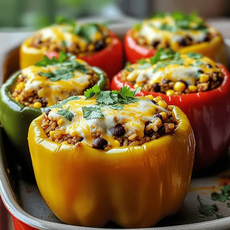 - 4 large bell peppers (any color) - 1 lb ground turkey (or beef) - 1 cup cooked rice (white or brown) - 1 can (15 oz) black beans, drained and rinsed - 1 cup corn kernels (fresh, frozen, or canned) - 1 cup salsa - 1 teaspoon taco seasoning - 1 cup shredded cheese (cheddar or Mexican blend) - Fresh cilantro, chopped (for garnish) - Salt and pepper to taste For this recipe, I love using vibrant bell peppers that bring color and taste to the dish. The ground turkey or beef provides protein and flavor. I often choose brown rice for a nutritious touch, but white rice works just as well. The black beans add fiber and richness, while corn gives a sweet crunch. You can use any salsa you like; it adds moisture and zest. Taco seasoning gives that classic flavor, and cheese? Well, cheese is essential! Finally, a sprinkle of fresh cilantro at the end brightens everything up. If you're curious about the full recipe, check out the details above. - Preheat the oven to 375°F (190°C). - Cut the tops off the bell peppers and remove the seeds. Start by heating your oven. This step helps the peppers cook evenly. Next, take each bell pepper and slice off the top. Make sure to remove all the seeds inside. This keeps the filling from getting too messy. You want the peppers to stand upright in your baking dish. - Brown the ground turkey (or beef) in a skillet. - Mix in cooked rice, black beans, corn, salsa, and spices. In a skillet, cook the ground turkey or beef over medium heat. Stir it often until it turns brown, which takes about 5 to 7 minutes. Drain any fat that collects. Then, add cooked rice, black beans, corn, and salsa. Don’t forget the spices! Stir well and let it cook for a few more minutes until it’s warm. - Fill each bell pepper with the mixture. - Top with shredded cheese and prepare for baking. Now, it’s time to fill the peppers! Spoon the warm mixture into each pepper. Pack it down gently to fit as much as you can inside. After that, sprinkle shredded cheese on top of each one. This will melt and create a delicious layer when baked. - Add water to the baking dish and cover with foil. - Bake and finish without foil until cheese is melted. Add about 1/4 cup of water to the baking dish. This helps steam the peppers and keeps them moist. Cover the dish tightly with foil. Bake for 25 to 30 minutes. After that, remove the foil and bake for another 10 to 15 minutes. You will know they are done when the cheese is bubbly and the peppers are tender. Enjoy your tasty taco stuffed bell peppers! For the full recipe, check out the details above. Using leftover taco meat or rice makes this dish quicker. You can save time and reduce waste in your kitchen. If you like spice, adjust the heat to fit your taste. Add more taco seasoning or some diced jalapeños for a kick. For a vegetarian option, substitute meat with lentils or more beans. This keeps it hearty and healthy. If you need a gluten-free version, check that all ingredients are certified gluten-free. This way, everyone can enjoy the meal. To enhance the recipe, consider adding spices or herbs. A pinch of cumin or smoked paprika can bring out the flavors. For toppings, think about sour cream, avocado, or hot sauce. These add creaminess and zest to your dish. For the full recipe, visit the [Full Recipe]. {{image_2}} You can switch up the protein in these taco stuffed bell peppers. Ground beef offers a classic taste. Ground turkey is leaner but still tasty. If you prefer chicken, that works too. For a plant-based option, try using beans or lentils. They add protein and fiber. This way, you can enjoy a meatless version that still satisfies. You can get creative with the flavors. Making your own taco seasoning is easy and fun. Try adding smoked paprika or cumin for a twist. Different salsas can change the whole dish. You can use mild salsa for kids or spicy salsa for adults. Experiment with different sauces like chipotle or verde for extra zest. Don’t forget to add more nutrition! Diced zucchini or mushrooms blend well with the filling. Spinach adds color and boosts vitamins. You can also top your peppers with fresh ingredients. Guacamole adds creaminess, while pico de gallo offers a fresh crunch. These small changes can make a big difference in taste and health. To store leftovers, let the taco stuffed bell peppers cool. Place them in an airtight container. You can keep them in the fridge for 3-4 days. Be sure to label the container with the date. You can freeze taco stuffed bell peppers for later. Wrap each pepper in plastic wrap or foil. Then, place them in a freezer-safe bag. They can last up to three months. To reheat, thaw in the fridge overnight. Heat them in the oven at 375°F (190°C) until warm, about 20-25 minutes. These stuffed peppers pair well with many sides. Consider serving them with a fresh salad. Breadsticks also make a great choice. You can add some guacamole or sour cream on the side for extra flavor. Enjoy experimenting with your favorite combinations! Yes, you can make Taco Stuffed Bell Peppers ahead. Prepare the filling and stuff the peppers. Store them in the fridge for up to 24 hours. When ready to bake, just pop them in the oven. This saves time on busy days. To spice things up, add chopped jalapeños or a pinch of cayenne pepper. You can also use spicy salsa instead of mild. If you like heat, sprinkle some crushed red pepper flakes on top before serving. Absolutely! Taco Stuffed Bell Peppers are great for meal prep. You can make a big batch and store them in individual containers. This way, you have tasty meals ready for the week. Just reheat them in the microwave or oven. If you want a rice substitute, try quinoa, cauliflower rice, or even cooked lentils. These options add a nice twist to the dish. They also keep the peppers low in carbs but high in flavor. The peppers are done when they are tender and the cheese is melted. You can test this by poking a fork into the side of a pepper. If it goes in easily, they are ready. For the best taste, let them cool slightly before serving. Enjoy your delicious Taco Stuffed Bell Peppers! Check out the Full Recipe for more details. Taco stuffed bell peppers are easy to make and full of flavor. We covered the key ingredients, like bell peppers, ground turkey or beef, and beans. You learned how to prep, cook, and bake the peppers for a tasty dish. For a fun twist, change up the protein or add extras like veggies. These peppers are great for meal prep and leftovers are simple to store. Enjoy your cooking and have fun exploring different flavors!