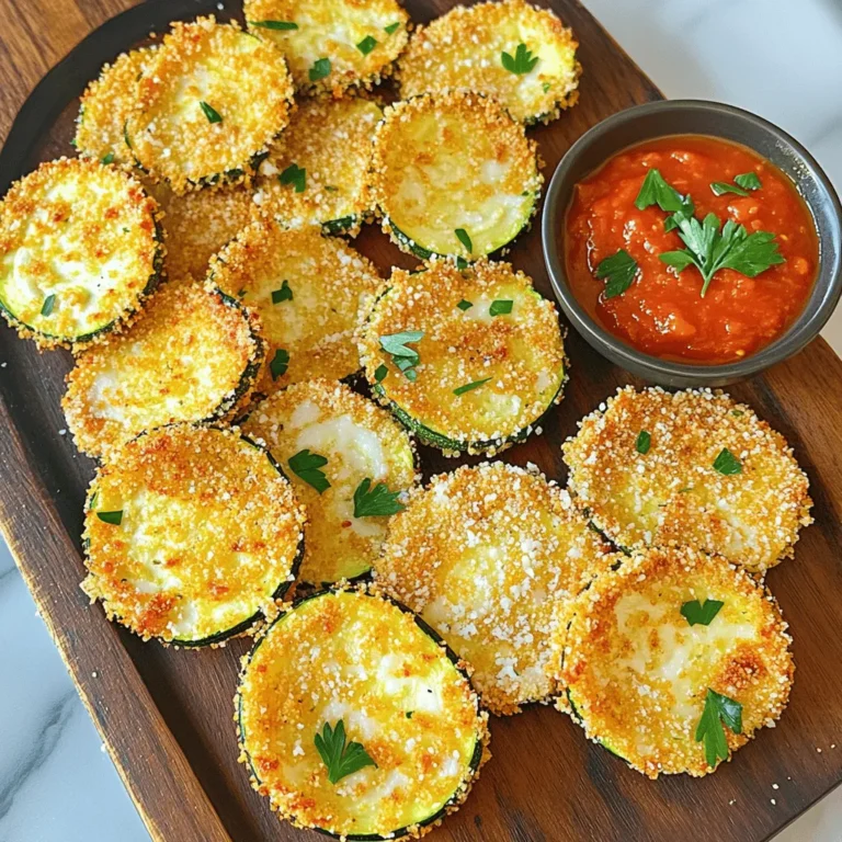 - 2 medium zucchinis - 1 cup breadcrumbs (use panko for extra crunch) - 1/2 cup grated Parmesan cheese - 2 large eggs - 1 teaspoon garlic powder - 1 teaspoon onion powder - 1 teaspoon smoked paprika - Salt and pepper to taste - Air fryer - Mixing bowls - Measuring cups and spoons To make the best air fryer zucchini chips, start with fresh zucchinis. I love using medium zucchinis for this recipe. Their size helps achieve the right thickness for even cooking. Next, breadcrumbs add crunch. You can use regular or panko breadcrumbs, but panko gives a nice extra crunch. Parmesan cheese adds flavor and helps with browning. For seasoning, garlic powder and onion powder give great aroma and taste. Smoked paprika adds a hint of smokiness, which pairs perfectly with the zucchini. Don’t forget salt and pepper to enhance the overall flavor. You will also need an air fryer, which is key to making these chips crispy. Mixing bowls help combine your ingredients. Finally, measuring cups and spoons ensure you get the right amounts. For the full recipe and detailed steps, check out the [Full Recipe]. - Slicing Tips for Ideal Thickness For the best zucchini chips, slice the zucchinis thin. Aim for 1/4 inch thick rounds. Thin slices cook more evenly and become crispier. A sharp knife or mandoline works well for this task. - Importance of Drying for Crispiness After slicing, pat the zucchini rounds dry with paper towels. This step is key. Removing moisture helps them crisp up in the air fryer. Any leftover water can lead to soggy chips. - Mixing the Coating Mixture In a bowl, combine breadcrumbs, grated Parmesan, garlic powder, onion powder, smoked paprika, salt, and pepper. Stir these ingredients until they blend well. This mixture adds flavor and crunch to your chips. - Egg Coating Method In another bowl, beat the eggs. Dip each zucchini slice into the eggs. Make sure it’s fully coated. Let the excess egg drip off. This helps the breadcrumb mixture stick better. - Preheating the Air Fryer Preheat your air fryer to 375°F (190°C). This usually takes about 5 minutes. Preheating ensures that the chips cook evenly and get that crispy texture. - Cooking Time and Temperature Place the coated zucchini chips in the air fryer basket. Cook them for about 10-12 minutes. Flip them halfway through for an even cook. Keep an eye on them to avoid burning. - Tips for Arranging Chips in the Basket Arrange the zucchini chips in a single layer. Avoid overcrowding the basket. If you have many chips, do them in batches. This helps air circulate around each chip for maximum crispiness. For the full recipe, check the instructions above! To make the best air fryer zucchini chips, airflow is key. The air fryer circulates hot air, cooking the chips evenly. If the chips overlap, they won’t crisp up well. Always arrange them in a single layer. For oil, use just a light spray. Too much oil makes the chips soggy. A quick mist with olive oil spray adds flavor and crunch without making them greasy. These zucchini chips shine with a tasty dip. Try marinara sauce for a classic combo. Ranch dressing also pairs well and offers a cool contrast. You can also serve them alongside sandwiches or salads. They add a crunchy element to any meal. If your zucchini chips aren’t crispy, check your slicing. Make sure they are thin enough. Moisture also matters. Always pat them dry to remove excess water. To avoid burnt chips, stay close while they cook. Flip them halfway for even baking. If you notice browning, lower the temperature slightly. Adjusting cooking time can help too. For the full recipe, check out the detailed instructions to guide you through each step. {{image_2}} You can change the taste of your zucchini chips by adding different herbs and spices. Try some Italian herbs like oregano or basil for a fresh twist. You can also use cayenne pepper for a spicy kick. Just mix these in with your breadcrumbs for a fun flavor boost. Using different types of cheese can also make a big difference. Instead of Parmesan, try cheddar or mozzarella for a richer taste. You can sprinkle a little cheese on top after air frying for a melty finish. If you want to try other ways to cook zucchini chips, consider oven baking. Preheat your oven to 425°F (220°C). Place the coated zucchini on a baking sheet lined with parchment paper. Bake for about 20-25 minutes, flipping halfway, until they are golden and crispy. Another method is using a dehydrator. Slice the zucchini, season them, and arrange them in the dehydrator. Set it to 125°F (52°C) and let them dry for 6–8 hours. This method makes crunchy, healthy chips without added oil. For gluten-free options, swap regular breadcrumbs with gluten-free breadcrumbs or crushed nuts. This keeps your chips tasty and safe for those avoiding gluten. If you need vegan modifications, replace the eggs with a mixture of flaxseed meal and water. Use about 1 tablespoon of flaxseed meal with 2.5 tablespoons of water for each egg. This makes a great binding agent. You can also skip the cheese or use a vegan cheese substitute for flavor. For the full recipe, check out the details above. To keep your zucchini chips fresh, store them in a cool, dry place. The best way is to use an airtight container. This helps keep them crispy. Avoid plastic bags, as they trap moisture. If you have a food saver, that works great too. If you want to enjoy your chips again, reheating is simple. For the best results, use the air fryer. Set it to 375°F (190°C) and heat for about 5 minutes. This will bring back their crunch. For oven reheating, preheat to 350°F (175°C). Spread the chips on a baking sheet. Heat for about 10 minutes. Watch them closely to avoid burning. Freezing is an option if you have lots of chips left. First, let them cool completely. Then, place them in a single layer on a baking sheet. Freeze them for a few hours until firm. After that, transfer them to a freezer-safe bag. Remove as much air as possible. To thaw, take them out and let them sit at room temperature for about 30 minutes. Reheat them using the air fryer or oven for the best crunch. Enjoy your crispy snacks anytime! For the full recipe, check out the details above. Zucchini chips last about 2 to 3 days in a sealed container. Store them at room temperature, away from moisture. For best taste, eat them fresh. If they start to lose their crunch, they may be getting stale. Yes, you can use many vegetables! Carrots, sweet potatoes, and eggplant work well. Just slice them thinly like zucchini. Adjust the cooking time based on the type of vegetable. The best way to slice zucchini is to use a sharp knife or a mandoline. Aim for slices that are about 1/4 inch thick. This helps them cook evenly and get crispy. Thinner slices will crisp up more, but be careful not to cut them too thin. Yes, air-fried zucchini chips are a healthy snack! They have less oil than deep-fried chips. Zucchini is low in calories and high in fiber. This makes them a great choice for a light snack. You can make zucchini chips without breadcrumbs by using almond flour or coconut flour. Simply coat zucchini slices in beaten eggs, then dip them into the flour. This gives a nice crunchy texture without the carbs from breadcrumbs. You can also season them for more flavor. For the full recipe, check out the crispy air fryer zucchini chips section! You now know how to make tasty air fryer zucchini chips. We covered the key ingredients, from zucchinis to Parmesan. You learned the step-by-step process for preparing, breading, and air frying. We also shared tips for crispiness and serving ideas. Remember, you can customize your chips with different flavors or cooking methods. Enjoy your crispy snack right away, or store some for later. With this guide, you’re ready to whip up a healthy treat. Happy cooking!