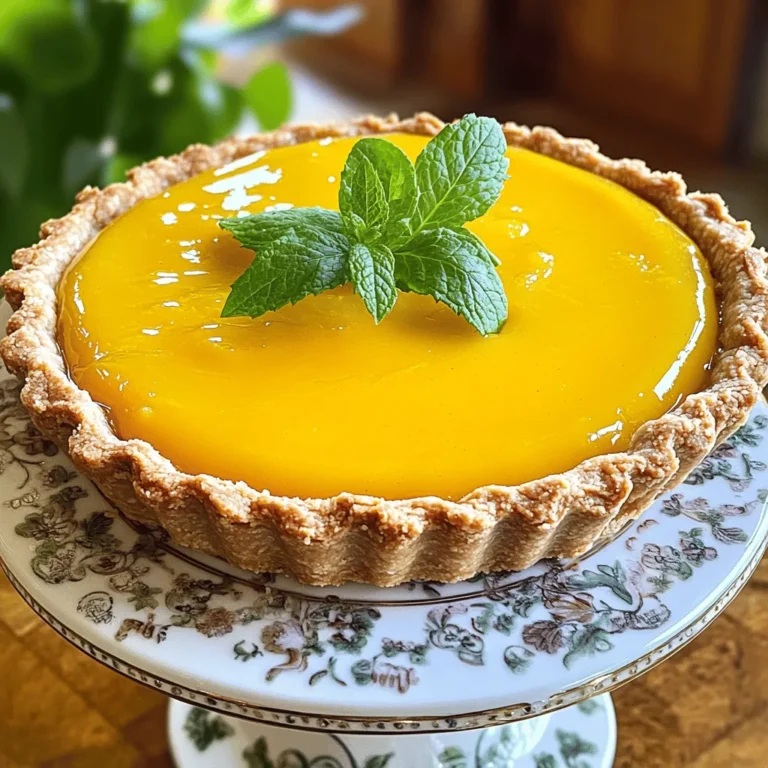 To make a delicious Mango Curd Tart, you need the right ingredients. Here’s a detailed breakdown for the tart crust and curd. - 1 ¼ cups all-purpose flour - ½ cup unsalted butter, softened - ¼ cup powdered sugar - 1 large egg yolk - 2 tablespoons cold water The tart crust starts with flour, butter, and sugar. Mix these well until they are crumbly. Add the egg yolk and cold water to form the dough. - 2 ripe mangoes, pureed (about 1 cup) - 1 cup granulated sugar - 3 large eggs - ½ cup freshly squeezed lime juice (about 4 limes) - 1 tablespoon lime zest - ¼ cup unsalted butter, cubed - 1 teaspoon gelatin (optional for a firmer curd) For the mango curd, use ripe mangoes for the best flavor. Blend them into a smooth puree. Combine this with sugar, eggs, lime juice, and zest in a saucepan. Cook it gently until thick. - Fresh mint leaves, for garnish Adding fresh mint leaves gives a lovely touch. You can also explore other garnishes like coconut flakes or edible flowers. They add color and flair to your tart. Enjoy the process of gathering these ingredients and get ready to impress everyone with your Mango Curd Tart! For the full recipe, check the details above. To start, you need to combine the crust ingredients. In a mixing bowl, add 1 ¼ cups of all-purpose flour, ½ cup of softened unsalted butter, and ¼ cup of powdered sugar. Mix until the mixture looks crumbly. Next, add 1 large egg yolk and 2 tablespoons of cold water. Stir until a dough forms. Once your dough is ready, shape it into a disc. Wrap this disc in plastic wrap and chill it in the fridge for at least 30 minutes. Chilling helps the butter firm up, making the crust flaky. When you’re ready, preheat your oven to 350°F (175°C). Roll out the chilled dough on a floured surface. Aim for a size that fits a 10-inch tart pan. Once rolled out, place the dough into the pan and trim the edges. Don’t forget to prick the bottom with a fork. This prevents bubbles. Now, for blind baking. Line the crust with parchment paper and fill it with pie weights or dried beans. Bake for 15 minutes, then remove the weights and parchment. Bake for another 10 minutes until the crust is golden. Let it cool completely. Now, let’s make the mango curd. In a medium saucepan, whisk together 1 cup of mango puree (from about 2 ripe mangoes), 1 cup of granulated sugar, 3 large eggs, ½ cup of freshly squeezed lime juice, and 1 tablespoon of lime zest. Cook this mixture over medium heat. Stir constantly to avoid burning. In about 10-12 minutes, it will thicken. If you want a firmer curd, dissolve 1 teaspoon of gelatin in a tablespoon of warm water. Mix this into the curd while cooking. Once thickened, remove the saucepan from the heat. Stir in ¼ cup of cubed unsalted butter until it melts. This gives the curd a smooth finish. Now, it’s time to fill the tart shell. Pour the mango curd into the cooled tart shell. Use a spatula to smooth the top. After filling, chill the tart in the fridge for at least 2 hours. This helps the curd set perfectly. When you’re ready to serve, slice the tart and garnish with fresh mint leaves. This adds a lovely touch and brightens the dish. For a stunning presentation, place the tart on a decorative cake stand and arrange additional mint leaves around it. Enjoy your delicious mango curd tart! Check out the Full Recipe for more details. To make your mango curd tart a hit, avoid common mistakes. One mistake is cooking the curd too fast. Always use medium heat and stir constantly. This ensures even cooking. Another mistake is not letting the tart crust cool fully. A warm crust can cause the curd to melt. Patience is key here. To enhance the flavor of your curd, try adding a bit of coconut milk. This adds creaminess and a tropical twist. You can also mix in some fresh ginger or chili for a spicy kick. These options can make your tart stand out. Having the right tools makes a big difference. Use a sturdy tart pan for even cooking. A whisk is a must for mixing the curd smoothly. A fine-mesh strainer helps remove any lumps. This gives you a silky-smooth texture in your curd. For a fun touch, consider using a food processor to puree your mangoes. It saves time and gives you a fine texture. Lastly, don’t forget to check out the Full Recipe for complete steps. Happy baking! {{image_2}} You can change the flavor of your mango curd tart easily. Try using other fruits, like passion fruit or pineapple. Each fruit brings a unique taste to the curd. Just follow the same steps as with mango. If you need a gluten-free option, swap the flour for a gluten-free blend. This keeps the crust tasty and light. You can also use ground almonds or coconut flour for added flavor. Another fun twist is to infuse your curd with fresh herbs or spices. Mint, basil, or ginger can add a fresh kick. Just add a small amount when cooking the curd. Pair your mango curd tart with light sides or drinks. A scoop of vanilla ice cream or whipped cream works well. For drinks, try a refreshing mint lemonade or iced tea. Get creative with how you plate the tart. Use a drizzle of fruit sauce or caramel around the tart. Add fresh fruit or edible flowers on top for a pop of color. If you are hosting, think about a themed dessert table. You can mix and match flavors with other fruit tarts or desserts. This makes your spread both fun and inviting. For the full recipe, check out the detailed steps above. Storing your mango curd tart properly keeps it fresh and tasty. Here are some tips: - How to store leftovers: After serving, cover the tart with plastic wrap. This keeps the tart from drying out. Store it in the fridge for up to 3 days. - Freezer-friendly options: You can freeze the tart if you have leftovers. Wrap it well in plastic wrap and then foil. This prevents freezer burn. It can last for up to 2 months in the freezer. Thaw it in the fridge when you're ready to enjoy it again. - Shelf life considerations: The mango curd tart tastes best when fresh. For the best flavor and texture, eat it within a few days. If you freeze it, remember to consume it within two months for optimal taste. With these simple tips, you can enjoy your mango curd tart longer! For more details, check out the Full Recipe. How do I know when the mango curd is thick enough? You can tell the mango curd is thick enough when it coats the back of a spoon. Dip a spoon into the curd and run your finger across the back. If the line holds, it’s ready. It should take about 10-12 minutes of cooking on medium heat. Can I make this tart ahead of time? Yes, you can make this tart ahead of time. In fact, it tastes even better after chilling. Make the tart and filling a day before serving. Just be sure to refrigerate it until you're ready to serve. What can I substitute for fresh mango? If you can't find fresh mango, you can use frozen mango puree. Thaw it first before measuring. You can also use store-bought mango puree if you want to save time. How should I serve the mango curd tart? Serve the mango curd tart chilled. Slice it neatly and garnish with fresh mint leaves. You can also add whipped cream or a scoop of vanilla ice cream for a special touch. For a fun twist, drizzle some lime syrup on top! In this post, we explored how to make a delicious mango curd tart. We broke down the ingredients for both the crust and curd. I shared clear steps for making the crust, preparing the mango curd, and assembling your tart. Plus, I included helpful tips to avoid common mistakes and suggested flavorful variations. You can create a stunning dessert that impresses friends and family. With practice, you’ll master this tropical treat. Enjoy your baking journey!