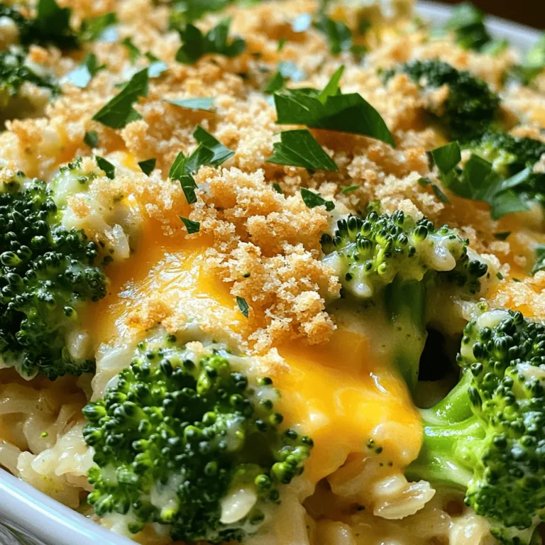 You will need the following for your Cheesy Broccoli Rice Casserole: - 1 cup uncooked brown rice - 2 cups vegetable broth - 2 cups broccoli florets (fresh or frozen) - 1 cup shredded cheddar cheese - 1 cup cream of mushroom soup (canned or homemade) - 1/2 cup grated Parmesan cheese - 1 teaspoon garlic powder - 1/2 teaspoon onion powder - Salt and pepper to taste - 1/2 cup breadcrumbs - 2 tablespoons olive oil - Fresh parsley for garnish Using fresh or organic ingredients can boost the flavor of your casserole. Choose vibrant broccoli florets for the best taste and texture. If you opt for frozen broccoli, ensure it is high-quality and without added sauces or spices. For the cheese, select a good cheddar. Aged cheddar can add a sharper taste. When using cream of mushroom soup, pick a brand with wholesome ingredients or make your own for a fresher flavor. You can easily customize this dish. Instead of brown rice, white rice also works well. If you prefer a lighter option, use quinoa. For a dairy-free version, swap the cheeses for vegan cheese and use coconut milk for the soup. If you don't have breadcrumbs, crushed crackers or panko can add a nice crunch. You can also add cooked chicken or tofu for extra protein. Check the [Full Recipe] for more ideas! Start by cooking the rice. Bring vegetable broth to a boil in a medium pot. Once boiling, add the uncooked brown rice. Reduce the heat to low and cover the pot. Let it simmer for about 45 minutes. The rice will absorb all the broth and become tender. Next, grab a large mixing bowl. In this bowl, combine the cooked rice with broccoli florets, cheddar cheese, and cream of mushroom soup. Add garlic powder, onion powder, salt, and pepper. Mix everything well. You want each bite to have a bit of everything. Now, transfer the mixture to a greased 9x13 inch casserole dish. Spread it out evenly. In a small bowl, mix breadcrumbs with olive oil until they are coated. Sprinkle the breadcrumbs over the casserole. Finish with grated Parmesan cheese on top. Bake in your preheated oven at 350°F for 25-30 minutes. You want it hot, bubbly, and golden brown. After baking, let it cool for a few minutes. Garnish with freshly chopped parsley before serving. For the full recipe, check the earlier section. To get the best texture, cook your rice fully. This will help it absorb flavors. Mixing the rice with the other ingredients while hot makes a big difference. It helps everything blend well. If your mixture seems too dry, add a splash of broth or cream. This simple step keeps your casserole creamy and smooth. If you prefer not to use mushrooms, don't worry! You can swap in cream of celery soup or cream of chicken soup. Both options add great creaminess and flavor. You can also use a homemade white sauce if you want to keep it fresh. Just mix butter, flour, milk, and seasonings for a tasty base. Cheddar cheese is a classic choice, but you can mix it up! Try adding mozzarella for extra stretchiness. Pepper jack gives a nice kick if you enjoy spice. Feta adds a tangy touch that pairs well with broccoli. Mixing different cheeses can create a unique flavor that makes your casserole stand out. For the full recipe, check out the details above. {{image_2}} You can easily make this dish vegetarian. Just stick to the recipe. The ingredients are already meat-free. Use vegetable broth, cream of mushroom soup, and cheese for great flavor. You can add more veggies too. Carrots or bell peppers work well. This makes the casserole colorful and tasty. If you need a gluten-free dish, make a few swaps. Use gluten-free breadcrumbs for topping. Check the cream of mushroom soup too. Some brands offer gluten-free options. I love using brown rice because it’s naturally gluten-free. With these changes, you will still enjoy a creamy and cheesy casserole. Want to boost protein? You can add chicken or tofu. For chicken, cook and shred it first. Mix it in with the rice and broccoli. If you prefer tofu, use firm or extra-firm tofu. Press it to remove extra water, then cube it. Sauté it lightly before adding to the casserole. This makes your dish hearty and filling. For more details, check the Full Recipe. After enjoying your cheesy broccoli rice casserole, let it cool. Place leftovers in an airtight container. Store them in the fridge for up to three days. Label the container with the date. This way, you know when to eat it. To reheat, use the oven for the best taste. Preheat the oven to 350°F (175°C). Place the casserole in an oven-safe dish. Cover it with foil to keep it moist. Heat for about 20 minutes or until hot throughout. You can also use the microwave. Place a single serving in a microwave-safe dish and cover it. Heat for 1-2 minutes, checking often. If you want to save the casserole for later, freezing is a great option. First, cool the casserole completely. Cut it into portions for easy thawing. Wrap each portion tightly in plastic wrap, then in foil. Place the wrapped portions in a freezer-safe bag. Label it with the date and contents. You can freeze it for up to three months. To eat, thaw it overnight in the fridge before reheating. For a quick meal, you can bake it straight from the freezer. Just add extra time to the baking process. For the full recipe, check above. Yes, you can use frozen broccoli. It saves time and works well. Just add it to the mix without thawing. This keeps it fresh and tasty. The cooking time may be a bit shorter. Check that it heats through when baking. You can prepare this dish ahead of time. Cook the rice and mix it with the other ingredients. Then, cover it and store it in the fridge. When ready to bake, simply preheat the oven and bake as usual. This makes it easy for busy days. Cheesy Broccoli Rice Casserole pairs well with many dishes. You can serve it with grilled chicken for protein. A simple salad can add freshness. You may also enjoy it alongside roasted vegetables. This dish is versatile and complements many meals. For the complete recipe, check out the Full Recipe section. In this post, we explored how to make a delicious Cheesy Broccoli Rice Casserole. We covered key ingredients, shared step-by-step cooking instructions, and offered tips for the best results. Variations for dietary needs were also included, along with storage tips. This dish is simple to adapt and great for any meal. With the right ingredients and techniques, you can enjoy a tasty, cheesy casserole any time. I hope you try it yourself!