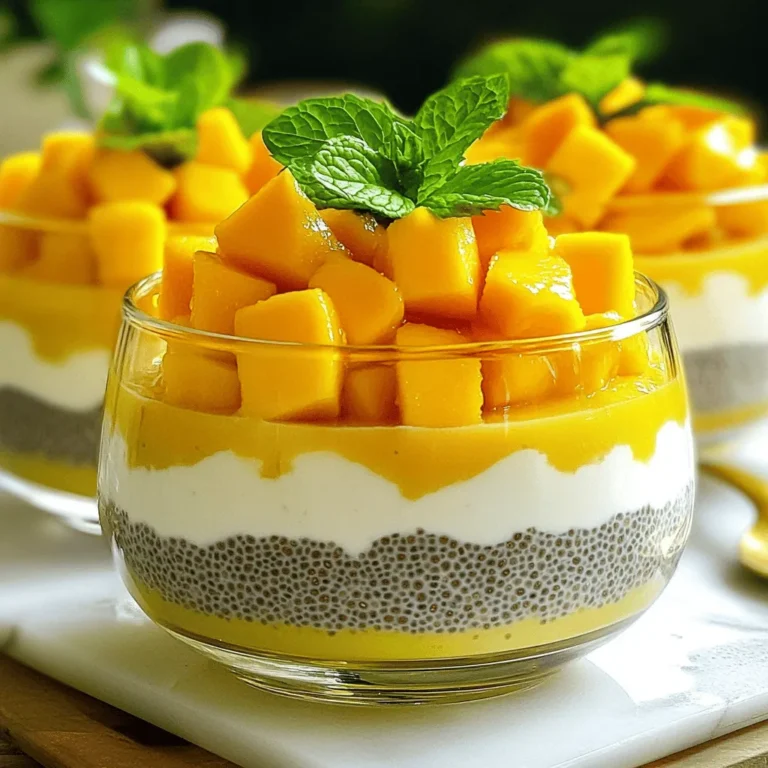 To make Mango Coconut Chia Pudding, you need: - 1 cup coconut milk (canned or carton) - 1/2 cup almond milk (or any milk of choice) - 1/4 cup chia seeds - 2 tablespoons honey or maple syrup (adjust to taste) - 1 ripe mango, diced - 1/2 teaspoon vanilla extract - A pinch of salt - Fresh mint leaves for garnish You can adjust the measurements based on your taste. If you want it sweeter, add more honey or maple syrup. Want a creamier texture? Use more coconut milk. Feel free to mix different milks. Almond, oat, or soy milk all work well. The key is to have a good balance between the liquids and chia seeds. This pudding is not only tasty but also healthy. One serving contains about: - Calories: 180 - Protein: 4g - Carbohydrates: 30g - Dietary Fiber: 10g - Sugars: 8g - Fat: 6g Chia seeds are full of omega-3 fatty acids. They help keep your heart healthy. Coconut milk adds healthy fats, while mango gives you vitamins and antioxidants. This makes it a great snack or breakfast choice. Check out the Full Recipe for more details on how to prepare this delightful treat! Making mango coconut chia pudding is simple and fun. You need just a few steps. The prep time is only 10 minutes. The pudding does need time to chill, so plan for at least 4 hours before serving. 1. Mix the Base: In a mixing bowl, add 1 cup of coconut milk and 1/2 cup of almond milk. Add 2 tablespoons of honey or maple syrup, 1/2 teaspoon of vanilla extract, and a pinch of salt. Whisk it all together until smooth. 2. Add Chia Seeds: Pour in 1/4 cup of chia seeds. Stir well to mix. This step is key to avoid clumping. 3. Chill the Mixture: Cover the bowl and place it in the fridge. Let it chill for at least 4 hours, or better yet, overnight. This helps the chia seeds absorb the liquid and form a pudding-like texture. 4. Prepare to Serve: After chilling, take the bowl out and gently stir the pudding. This helps to break up any lumps that may have formed. 5. Layer for Presentation: Use serving glasses or bowls. Start with a layer of the chia pudding. Next, add a layer of diced mango. Keep layering until you fill the glasses. 6. Garnish: Top with fresh mint leaves. This adds color and a fresh taste. Serve this pudding as a healthy breakfast or a light dessert. It goes great with fresh fruit or granola on top. You can also enjoy it as a snack. For a fun twist, try adding some toasted coconut flakes. Check out the Full Recipe for more details on this delicious treat! When making mango coconut chia pudding, avoid these common mistakes: - Not stirring enough: After adding chia seeds, mix well. This helps prevent clumps. - Using low-quality ingredients: Fresh mango and good coconut milk make a big difference. - Not waiting long enough: Allow the pudding to chill for at least four hours. Overnight is best. To boost the flavor and texture of your pudding: - Add spices: A pinch of cinnamon or nutmeg adds warmth. - Mix in zest: Grate some lime or lemon zest for a fresh kick. - Use flavored milk: Try using coconut milk with added vanilla for more depth. You can easily customize your pudding to fit your taste: - Change the fruit: Use berries, bananas, or peaches instead of mango. - Try different sweeteners: Swap honey for agave or use stevia for a low-cal option. - Add nuts or seeds: Top with almonds, walnuts, or sunflower seeds for crunch. For the complete recipe, check out the [Full Recipe]. {{image_2}} You can change the fruit in your Mango Coconut Chia Pudding. Pineapple gives a bright flavor. Strawberries bring sweetness and color. Blueberries add a nice pop of juicy goodness. You can even mix fruits for a fun look. Just make sure the fruit is ripe and fresh for the best taste. While coconut and almond milk are great, you can try other types too. Oat milk adds a creamy texture. Soy milk gives a nice protein boost. You can use regular cow's milk if you prefer. Each milk will change the taste a bit, so feel free to experiment. Want to change the flavor? You can add cocoa powder for a chocolate twist. Cinnamon gives a warm spice that pairs well with mango. Try adding a splash of orange juice for a citrus kick. You can even swap honey for maple syrup or agave for a different sweetness. The options are endless, so have fun mixing flavors in your pudding. For more ideas, check out the Full Recipe. Store your mango coconut chia pudding in an airtight container. This keeps it fresh and tasty. Make sure the pudding is completely cool before sealing it. This helps avoid moisture buildup. If you plan to eat it later, divide it into smaller portions. This way, you can enjoy it without opening the whole batch. You can freeze chia pudding if you want to keep it longer. Use a freezer-safe container. Leave some space at the top, as the pudding expands when frozen. To thaw, move it to the fridge overnight. Stir it well before serving, as it may separate a bit. In the fridge, your pudding lasts for about 4 to 5 days. Check for any off smells or changes in texture before eating. If you freeze it, it can last up to 3 months. Just remember to label the container with the date. Enjoy your mango coconut chia pudding fresh for the best taste! For the full recipe, refer to the instructions above. You can serve Mango Coconut Chia Pudding in clear glasses or bowls. This way, the layers look pretty. Start with a layer of pudding. Then, add a layer of diced mango. Repeat until the glass is full. Top it off with fresh mint leaves. This adds color and freshness. Yes, you can easily make this recipe vegan. Simply use maple syrup instead of honey. Also, ensure that your milk choice is plant-based. Almond milk or coconut milk works great. This way, you keep it delicious and vegan-friendly. To adjust sweetness, taste the mixture before refrigerating. If it needs more sweetness, add more honey or maple syrup. Mix it well to combine. Keep in mind that fruits like mango will add natural sweetness too. So, don’t overdo the sweetener. The pudding takes about 4 hours to set. However, I recommend letting it sit overnight. This allows the chia seeds to absorb the liquid fully. The longer it sits, the thicker and creamier it gets. Yes, you can use many fruits! Berries, bananas, or kiwi are great options. Just chop them small and layer them in the pudding. Feel free to mix and match for different flavors! This blog post covered all you need to know about making delicious Mango Coconut Chia Pudding. We explored the right ingredients, measurements, and nutritional facts. I offered a step-by-step guide to help you prepare and serve this treat. You learned tips to avoid common mistakes and how to enhance flavor. Don’t forget the variations to suit your taste and storage tips to keep it fresh. Enjoy your pudding and feel free to get creative. Your kitchen adventures just got a lot more fun!