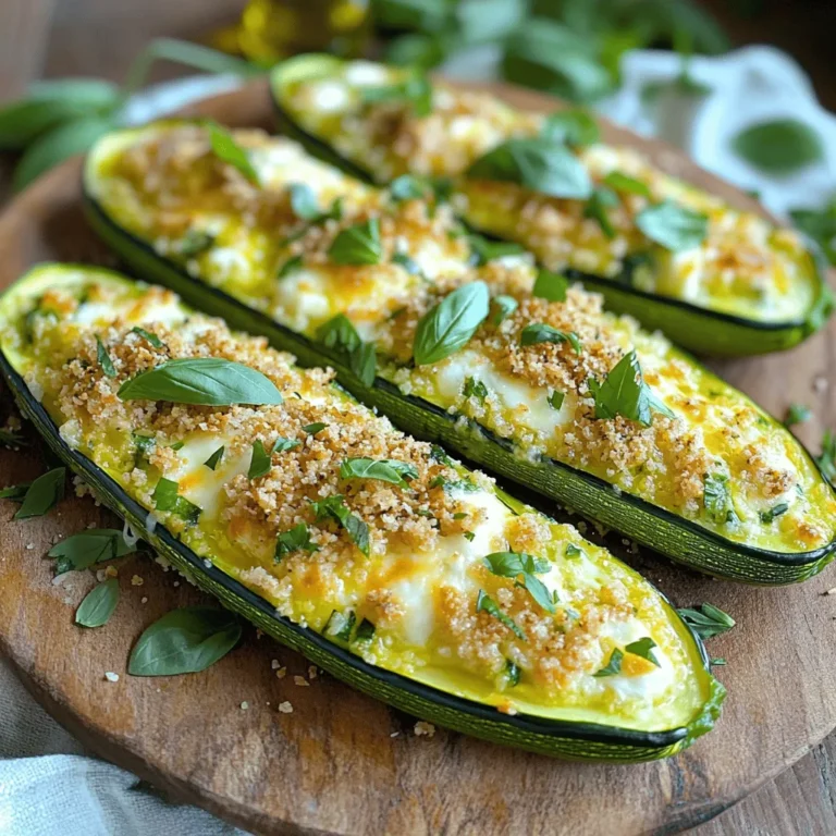 The key to a great baked zucchini lies in its simple yet flavorful ingredients. Here’s what you need: - 4 medium zucchini, sliced in half lengthwise - 1 cup grated mozzarella cheese - 1/2 cup grated Parmesan cheese - 1/4 cup breadcrumbs (preferably whole wheat) - 2 cloves garlic, minced - 2 tablespoons fresh parsley, finely chopped - 1 tablespoon fresh basil, finely chopped - 1 teaspoon dried oregano - 1 teaspoon lemon zest - 3 tablespoons olive oil - Salt and pepper to taste These ingredients work together to create a tasty dish that you will love. You can easily change this recipe to suit your taste. Here are some ideas: - Add cooked ground turkey or sausage for extra protein. - Use different cheeses like cheddar or feta for a new flavor. - Mix in chopped sun-dried tomatoes or olives for a Mediterranean twist. - Try using different herbs like thyme or rosemary for varied tastes. These options let you make this dish your own. Baked zucchini is not just tasty; it is also good for you. Here are some benefits of the main ingredients: - Zucchini: Low in calories and high in water, it helps keep you hydrated. It is also rich in vitamins A and C. - Cheeses: They provide protein and calcium, which are important for strong bones. - Garlic: Known for its health benefits, garlic can boost your immune system. - Olive oil: A healthy fat that can help reduce bad cholesterol. Adding these ingredients makes your meal both delicious and nutritious. For the full recipe, check out the details above. Start by washing the zucchini well. This step is key to remove dirt. Next, slice each zucchini in half lengthwise. You want the pieces to lay flat. This helps them cook evenly. Use a spoon to scoop out some of the seeds. This creates a nice space for the filling. Drizzle olive oil over the cut sides. Season with salt and pepper to add flavor. Grab a mixing bowl and add the cheeses. Use one cup of grated mozzarella and half a cup of grated Parmesan. Add in the breadcrumbs, too. I like to use whole wheat for more flavor. Then, toss in two minced garlic cloves and two tablespoons of fresh parsley. Don’t forget the fresh basil and dried oregano for depth. Lastly, add one teaspoon of lemon zest. Mix all of this well until it is combined. This mixture will sit on top of your zucchini. Preheat your oven to 400°F (200°C). Line a baking sheet with parchment paper to keep it clean. Place the zucchini halves, cut-side up, on the sheet. Now, spoon the cheese mixture onto each half. Press down gently to make it stick. Bake them for 20-25 minutes. You want the zucchini to be tender and the cheese golden. - Tips for Achieving Perfectly Baked Zucchini Make sure not to overcrowd the pan. This helps the heat circulate. If you want extra crispness, broil for the last few minutes. Keep an eye on it; you don’t want to burn the cheese. Enjoy this dish hot for the best taste. For the complete recipe, check out the Full Recipe section. When baking zucchini, skip these common mistakes to get the best dish. First, don’t overcrowd the baking sheet. Give each zucchini half space to cook evenly. Second, avoid cutting the zucchini too thin. Thin slices can turn mushy. Aim for about half an inch thick for the best texture. Lastly, don’t forget to season well. A little salt and pepper can make a big difference. You’ll know your zucchini is done when it feels tender. Use a fork to check. If it goes in easily, your dish is ready. The cheese should also look golden and bubbly on top. This usually takes about 20 to 25 minutes at 400°F (200°C). Keep an eye on it to prevent burning. Seasoning can make your baked zucchini shine. Try adding garlic powder or crushed red pepper for a kick. Fresh herbs like thyme or rosemary also work great. A splash of lemon juice before serving brightens the dish too. You can also experiment with different cheeses, like feta or goat cheese, to change the flavor. For the full recipe, check out the Cheesy Herb Baked Zucchini. {{image_2}} You can easily make baked zucchini vegetarian. Just skip the cheese or use plant-based cheese. Add more veggies to the mix. Try diced bell peppers, mushrooms, or spinach. They add color and flavor. Use herbs like thyme or dill for extra taste. This way, you keep the dish fresh and fun. To make this dish gluten-free, swap the breadcrumbs. Use gluten-free breadcrumbs or crushed nuts. Almonds or walnuts work well. They add a nice crunch too. You can also use oats instead. Just blend them into a fine powder. This keeps your baked zucchini tasty without gluten. If you want to change the cheese, there are great choices. Try feta for a tangy kick. Goat cheese works too and adds creaminess. For a sharper taste, use aged cheddar or gouda. Vegan cheese is also a good option. Just ensure it melts well. These swaps keep your baked zucchini interesting and flavorful. For the full recipe, check the link. To store leftover baked zucchini, let it cool first. Place it in an airtight container. You can keep it in the fridge for up to 3 days. If you want to keep it longer, freezing is a great option. Make sure to separate the pieces with parchment paper. This keeps them from sticking together. When you’re ready to eat your baked zucchini, reheating is easy. Preheat your oven to 350°F (175°C). Place the zucchini on a baking sheet. Heat for about 10-15 minutes or until warm. This helps keep the cheese nice and gooey. You can also use a microwave but watch the time. Heat in 30-second bursts to avoid overcooking. To freeze baked zucchini, follow these steps. First, cool the zucchini completely. Then, wrap each piece in plastic wrap. Place them in a freezer-safe bag or container. Squeeze out as much air as you can. You can freeze it for up to 3 months. When you want to eat it, thaw it in the fridge overnight. Then, reheat it as mentioned before. For more details on making this dish, check out the Full Recipe. The best way to cut zucchini for baking is to slice it in half lengthwise. This method allows for even cooking and makes it easy to fill with toppings. You can also slice them into rounds if you prefer smaller pieces. Just remember, uniform sizes help them cook at the same rate. Yes, you can make baked zucchini ahead of time. Prepare the dish, bake it, and then store it in the fridge. Reheat it in the oven before serving. This saves time and makes meal planning easier. Just note that the texture may change slightly after reheating. Fresh zucchini should feel firm and heavy for its size. The skin should be smooth and shiny. Avoid zucchini with soft spots or wrinkles, as these indicate age. Check for a bright green color, which shows it's at its best. Want to explore more? Check out the Full Recipe for a delightful twist on this veggie. Baked zucchini is a tasty dish you can make in many ways. We covered key ingredients, step-by-step instructions, and helpful tips. You learned how to avoid common mistakes and explore fun variations. Storing leftovers is easy, and reheating keeps it delicious. Remember, fresh zucchini makes the best dish. With these ideas, you can enjoy baked zucchini any time. Happy cooking!