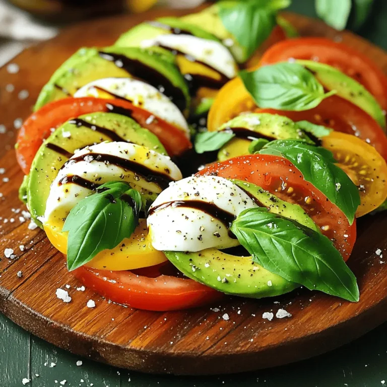 - 2 ripe avocados, sliced - 2 large ripe tomatoes, sliced - 1 ball of fresh mozzarella cheese, sliced - Fresh basil leaves - 2 tablespoons balsamic reduction - 1 tablespoon extra virgin olive oil - Salt and freshly cracked black pepper to taste - Cutting board - Sharp knife - Serving plate For this Avocado Caprese Salad, use fresh, high-quality ingredients. Ripe avocados are key for a creamy texture. Choose tomatoes that are sweet and juicy. Fresh mozzarella should be soft and milky. The flavors of these main ingredients shine. Add fresh basil to enhance the taste. The balsamic reduction gives a sweet tang that pairs well. Extra virgin olive oil adds richness. Finish with salt and pepper for balance. You need a sturdy cutting board and a sharp knife to slice everything neatly. A large serving plate displays the salad beautifully. This setup makes it easy to enjoy a fresh dish. For the full recipe, follow the provided steps, and enjoy your culinary creation! - Slicing the Avocados, Tomatoes, and Mozzarella Start with the ripe avocados. Cut them in half, remove the pit, and scoop out the flesh. Slice each half into even pieces. Next, wash the tomatoes and slice them into thick rounds. Finally, take the mozzarella and cut it into slices as well. Aim for uniformity in size for a neat look. - Arranging Ingredients on the Plate Grab a large serving plate. Begin the arrangement by placing the avocado slices in a circular pattern. Next, layer the tomato slices next to the avocado. Follow with the mozzarella slices. Keep alternating the layers until all the ingredients are used. This method creates a colorful display that is sure to impress! - Layering Technique for Best Presentation Use a gentle hand while layering. Start with a slice of avocado, then add a slice of tomato, and follow with mozzarella. This order makes a lovely visual effect. You can also create a straight line if you prefer. Just make sure to keep the layers neat and aligned. - Incorporating Basil Leaves Take a few fresh basil leaves and tuck them between the layers. This adds a burst of color and flavor. Basil enhances the dish's aroma and gives it a fresh taste. Don't be shy to use enough basil for a nice touch! - Drizzling Balsamic Reduction and Olive Oil Grab your balsamic reduction and drizzle it over the arranged salad. This adds sweetness and depth. Next, drizzle some extra virgin olive oil on top. It brings a rich flavor and helps tie all the ingredients together. - Seasoning with Salt and Pepper Finally, sprinkle a little salt and freshly cracked black pepper over the salad. This simple step amplifies all the flavors. Let the salad sit for a few minutes before serving. This allows the flavors to blend perfectly. For the full recipe, check out the details above! Ripe vs. Overripe: Key Differences To pick the best avocados, you want them ripe but not overripe. A ripe avocado feels slightly soft when you press it gently. An overripe avocado feels mushy and may have dark spots. Check the skin; it should be green or dark, but not blackened. For tomatoes, look for ones that are firm yet yield slightly to pressure. Soft spots mean they are past their prime. Best Tomato Varieties for Flavor I highly recommend using heirloom or vine-ripened tomatoes. They have rich flavors and juicy textures. Cherry tomatoes also add sweetness and color. Choose bright red, yellow, or even green tomatoes for a fun mix. The variety will enhance your salad's taste and look. Using Fresh Herbs Fresh basil is a must for this dish. It adds an aromatic touch. You can also try parsley or mint for a twist. Chop the herbs finely and sprinkle them on top. Their bright flavor pairs beautifully with the creamy avocado and mozzarella. Adjusting Acidity with Vinegar A splash of balsamic vinegar can brighten the dish. It balances the creaminess of avocado. If you want a zing, try red wine vinegar. Just a little can elevate the taste. Experiment to find what you like best. Serving Styles: Plates vs. Bowls You can serve this salad on a large plate or in a shallow bowl. Plates give a classic look, while bowls can add a casual vibe. Layer the ingredients in a circle or stack them high for a fun presentation. Garnishing Ideas for Visual Appeal Garnish your salad with extra basil leaves or colorful edible flowers. A sprinkle of sea salt or fresh pepper on top adds a nice touch. You want your salad to look as good as it tastes! For the full recipe, check out the details above. {{image_2}} You can easily change the Avocado Caprese Salad by adding other veggies. Cucumber slices bring a cool crunch. Red onion adds a nice bite. Both options brighten the dish and add more texture. You can also change the cheese. Feta is a great choice for a salty flavor. Goat cheese offers a creamy twist. Each cheese variation adds its own flair to this fresh salad. While balsamic reduction is classic, you can try making your own vinaigrette. Mix olive oil, vinegar, and a touch of honey. This simple dressing brings a tangy kick. For a fresh twist, use a citrus dressing. Lemon or lime juice brightens the salad. It complements the creamy avocado and rich cheese well. In summer, use ripe peaches or nectarines for a sweet touch. Their juicy flavor pairs beautifully with tomatoes and cheese. You can also add fresh corn for sweetness and crunch. As fall approaches, try roasted butternut squash. Its sweetness and warmth add a comforting element. You can even sprinkle in some toasted pumpkin seeds for extra crunch. For the full recipe, check out the details above. To store leftovers, place the salad in an airtight container. This keeps it fresh and prevents odors. Use glass or plastic containers with tight lids for best results. In the fridge, the salad lasts about one day. Signs of spoilage include browning avocados and a slimy texture. If it looks off, it’s best to toss it out. You should not reheat the salad. Avocado and mozzarella do not hold up well to heat. For the best taste and texture, enjoy it cold. To pick the best avocados, look for a few signs. First, check the skin. It should be dark green or black. Gently squeeze the avocado in your palm. If it gives slightly, it is ripe. If it feels hard, it needs more time. Avoid avocados with large dark spots, as they may be overripe. Always trust your senses; a good avocado should smell fresh and nutty. Yes, you can prepare this salad ahead of time, but be careful. If you make it too early, the avocados may brown. I recommend making it no more than 2 hours before serving. You can slice the ingredients and store them separately. Keep avocados in lemon juice to slow browning. When ready to serve, assemble the salad quickly for the best taste. Avocado Caprese Salad pairs well with several dishes. Serve it with grilled chicken or fish for a full meal. It also goes great as a side with pasta and crusty bread. For a light lunch, serve it on its own or with a refreshing drink like iced tea. You can even add a sprinkle of nuts for some crunch. Adjusting the ingredient amounts is easy. If you want to make a smaller salad, use one avocado, one tomato, and half a ball of mozzarella. Cut the other ingredients in half as well. This way, you keep the same flavors without wasting food. It’s simple to scale down or up, depending on your needs. For the complete recipe, check out the Full Recipe. To make a delicious avocado caprese salad, gather fresh avocados, tomatoes, and mozzarella cheese. Remember to slice and layer them nicely on a plate. Use fresh basil and drizzle balsamic reduction for taste. Consider alternate ingredients and dressings to switch things up. Store your leftovers properly to keep them fresh. This salad is easy to prep, fun to eat, and fits any season. Enjoy your tasty creation with friends and family!