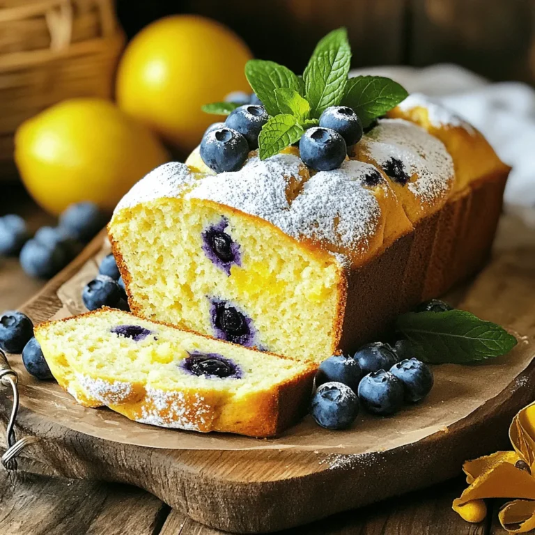 To make Lemon Blueberry Bread, gather these simple items: - 1 ½ cups all-purpose flour - 1 teaspoon baking powder - ½ teaspoon baking soda - ¼ teaspoon salt - ½ cup unsalted butter, softened - 1 cup granulated sugar - 2 large eggs - 1 tablespoon lemon zest (from about 1 lemon) - ¼ cup fresh lemon juice (from about 1 lemon) - 1 teaspoon vanilla extract - 1 cup fresh blueberries (or frozen if out of season) - ¼ cup plain Greek yogurt (for extra moisture) Accurate measurements help create the best bread. For flour, use a spoon to scoop it into your measuring cup. Don't pack it down. If you need a substitute for butter, try coconut oil or applesauce. You can swap Greek yogurt with sour cream or regular yogurt, too. Each will give the bread a rich taste and texture. I prefer fresh blueberries for their sweet, juicy flavor. They burst in the bread, adding great taste. If fresh blueberries are not available, frozen ones work well. Just toss them in flour to prevent clumping before mixing. Frozen blueberries may change the color of the bread, but they still taste great! Start by gathering all your ingredients. You will need flour, sugar, butter, eggs, and blueberries. Preheat the oven to 350°F (175°C). Grease a 9x5 inch loaf pan or line it with parchment paper. This helps the bread release easily once baked. In a medium bowl, whisk together the flour, baking powder, baking soda, and salt. Set this bowl aside. It ensures your dry ingredients mix well. In a large mixing bowl, cream the softened butter and sugar. Use an electric mixer to make it light and fluffy. This step adds air to the mix. Next, add the eggs one by one, mixing after each. Now stir in the lemon zest, lemon juice, and vanilla extract until blended. These ingredients give the bread its bright flavor. Gradually add your dry mix to the wet ingredients. Alternate with the Greek yogurt. Mix just until combined. Finally, gently fold in the blueberries. Be careful not to break them. This keeps your bread full of juicy bites. Pour your batter into the prepared loaf pan. Smooth the top with a spatula. Place it in the preheated oven and bake for 50-60 minutes. To check if it’s done, insert a toothpick into the center. If it comes out clean, it’s ready. Once baked, let the bread cool in the pan for 10 minutes. Then, transfer it to a wire rack to cool completely. This helps maintain its moist texture. You can find the full recipe for this delightful bread to follow along. To keep your lemon blueberry bread moist, use fresh ingredients. Always pick ripe blueberries. They not only taste better but also add moisture. Adding Greek yogurt helps too. It makes the bread soft and fluffy. Another tip is to avoid overbaking. Check your bread a few minutes early. A toothpick should come out with a few crumbs, not dry. Mixing your batter too much can make it tough. Once you add the dry ingredients, mix gently. Just combine until you no longer see flour. Use a spatula to fold in the blueberries. This keeps your bread light and airy. Remember, lumps are okay! They will bake out. To boost the lemon flavor, use fresh lemon juice. It adds a bright taste that makes your bread sing. Zest from the lemon adds even more flavor. Make sure to mix it well with the sugar and butter. This helps release the oils in the zest, giving your bread a deeper lemon taste. For a twist, you can also add a pinch of lemon extract. For more tips and a complete guide, check out the Full Recipe. {{image_2}} You can make this lemon blueberry bread gluten-free. Use a gluten-free flour blend instead of all-purpose flour. Many blends work well. Check for one with a good mix of flours and starches. The texture may change a bit, but the flavor stays bright and tangy. For a vegan version, swap out eggs and butter. You can use flaxseed meal mixed with water as an egg replacement. Use 1 tablespoon of flaxseed meal with 2.5 tablespoons of water for each egg. Replace butter with coconut oil or a plant-based spread. This keeps the bread moist and adds a subtle flavor. Feel free to get creative with your lemon blueberry bread! You can add nuts like walnuts or pecans for crunch. Try mixing in lemon extract for a bolder lemon flavor. You can also sprinkle in some poppy seeds for a fun texture. For a twist, add a bit of cinnamon or ginger for warmth. The Full Recipe is flexible, so make it your own! To keep your lemon blueberry bread fresh, wrap it tightly in plastic wrap. You can also use aluminum foil. Place it in an airtight container for extra protection. Store it at room temperature for up to three days. If you want it to last longer, consider freezing it. To freeze lemon blueberry bread, let it cool completely. Slice the bread if you prefer individual pieces. Wrap each slice in plastic wrap, then place them in a freezer bag. This helps keep the bread fresh and prevents freezer burn. You can freeze it for up to three months. When you're ready to enjoy it, just thaw it in the fridge overnight. For reheating, preheat your oven to 350°F (175°C). Place the wrapped bread or slices in the oven for about 10-15 minutes. This warms the bread and revives its fresh texture. If you prefer the microwave, heat a slice on medium power for about 20-30 seconds. Enjoy your lemon blueberry bread warm for the best taste! For the full recipe, check out the detailed instructions above. Yes, you can use other fruits. Strawberries, raspberries, or peaches work well. Just chop them small. Each fruit gives a different flavor. Make sure to adjust the sugar if the fruit is very sweet. This recipe is fun for trying new fruits! To check if your bread is done, use a toothpick. Insert it into the center of the loaf. If it comes out clean, your bread is ready. If it has batter on it, bake a little longer. The bread should also have a nice golden color on top. Lemon blueberry bread pairs well with many things. Try it with butter for extra richness. You can also serve it with cream cheese or yogurt for a tasty twist. A cup of tea or coffee makes a great drink choice, too. This bread is perfect for breakfast or a snack. Check the full recipe to explore more! This blog post covered the essential ingredients, step-by-step instructions, and helpful tips for making Lemon Blueberry Bread. We discussed fresh versus frozen blueberries and how to achieve the right texture. I shared variations for gluten-free and vegan options, along with clever storage methods. Experiment with this recipe to create a delightful treat. Remember, the right ingredients and methods make all the difference! Enjoy your baking journey and savor every bite of your delicious lemon blueberry bread.