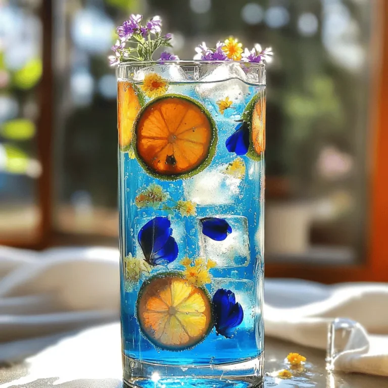 - 1 cup butterfly pea flower tea (brewed and cooled) - 1 cup sparkling water - 2 tablespoons blue curaçao syrup (non-alcoholic) - 1 tablespoon fresh lime juice - 1 teaspoon agave syrup (optional, for sweetness) - Lime slices for garnish - Edible flowers for decoration - Butterfly pea flower tea: Brew 1 tablespoon of dried flowers in 1 cup of water. - Sparkling water: Use 1 cup, or more for a fizzy kick. - Blue curaçao syrup: Measure 2 tablespoons for that vibrant color. - Fresh lime juice: Squeeze 1 tablespoon for a zesty flavor. - Agave syrup: Add 1 teaspoon if you want extra sweetness. - Lime slices: Use a few for garnish. - Edible flowers: Use them to make the drink look pretty. Using fresh ingredients makes your Blue Curacao Butterfly Pea Spritz taste better. Fresh lime juice adds a bright twist. Freshly brewed butterfly pea tea gives you the best color and flavor. When you use fresh, you also get more nutrients. Plus, the drink looks great with fresh lime slices and edible flowers. Always choose quality ingredients for a delightful drink experience. Start by making the butterfly pea flower tea. You need dried butterfly pea flowers and boiling water. Use 1 tablespoon of flowers for each cup of water. Let the flowers steep for 5-7 minutes. When done, strain the tea to remove the flowers. The tea should be a deep blue color. Allow it to cool completely before using. In a large glass or pitcher, pour in the cooled butterfly pea flower tea. Add 2 tablespoons of blue curaçao syrup. This syrup adds a lovely blue hue and sweet flavor. Next, squeeze in 1 tablespoon of fresh lime juice. Mix these ingredients well. If you want your drink sweeter, add a teaspoon of agave syrup and stir again. Grab a tall glass and fill it halfway with ice cubes. Pour the butterfly pea mixture over the ice. Top it off with sparkling water for that fizzy touch. Gently stir to mix without losing bubbles. For a beautiful finish, garnish your drink with lime slices and edible flowers. This will make your drink not just tasty, but also eye-catching. Enjoy! For the full recipe, check the Blue Curacao Butterfly Pea Spritz section. Finding the right sweetness for your Blue Curacao Butterfly Pea Spritz is key. Start with the basic recipe. If it tastes too tart, add agave syrup. Use one teaspoon at first, then taste. You can always add more if needed. Remember, the blue curaçao syrup adds sweetness, too. Adjust based on your taste. A stunning drink makes it even more fun! Use clear, tall glasses to show off the colors. Fill each glass with ice first. Pour the butterfly pea mixture over the ice. Add sparkling water last for a fizzy touch. Garnish with lime slices and edible flowers. The flowers create a lovely and colorful look. When making your spritz, avoid a few common pitfalls. First, don’t skip cooling the tea. Warm tea can melt the ice quickly. This dilutes the drink and changes the taste. Second, mix the ingredients gently. Stir too hard, and you lose the fizz. Lastly, taste as you go. This way, you can adjust flavors before serving. {{image_2}} You can easily turn the Blue Curacao Butterfly Pea Spritz into a fun cocktail. To do this, add a splash of vodka or gin. This small change adds a nice kick. You can also try rum for a tropical twist. Mix one ounce of your chosen spirit with the other ingredients. Serve over ice, just like the original recipe. Want to make your drink unique? Consider adding fresh herbs or fruits. Mint leaves add a refreshing taste. You can muddle them before mixing the drink. Fresh berries like blueberries or raspberries add a fruity twist. Simply drop a few into your glass before serving. You can also experiment with citrus slices, like orange or grapefruit. This brightens the drink's flavor and makes it even more colorful. If you're watching your calories, you can make some easy swaps. Use a zero-calorie sweetener instead of agave syrup. This keeps the drink sweet without the extra calories. Opt for diet sparkling water to cut back on sugar. You could also skip the syrup altogether for a lighter option. This allows the natural flavors of the tea and lime to shine through. After making your butterfly pea tea, you may have some leftover. Store it in a clean glass jar. Keep the jar in the fridge. It stays fresh for up to three days. Make sure the jar has a tight lid. This helps retain the tea's flavor and color. If you have leftover spritz, it's best to drink it fresh. The fizz from the sparkling water fades quickly. If you need to store it, keep it in the fridge for one day. Do not add the sparkling water until you are ready to drink. This keeps it bubbly and fun. Most of the ingredients have a good shelf life. Dried butterfly pea flowers can last for up to a year if kept dry and cool. Blue curaçao syrup is good for about six months when stored in a cool place. Fresh lime juice should be used within a week for the best taste. Always check for freshness before using any ingredient. For the full recipe, refer back to your original notes. Butterfly pea flower tea comes from the butterfly pea plant. It has bright blue petals that make the tea a deep blue color. The tea has a mild flavor, similar to green tea. It is caffeine-free and often used for its health benefits. Butterfly pea flower tea is rich in antioxidants. You can drink it hot or cold. It is great for adding color to drinks. You can find dried flowers at many health food stores or online. Yes, you can make this recipe ahead of time. Brew the butterfly pea flower tea and chill it in the fridge. Mix it with the blue curaçao syrup and lime juice. Store this mixture in a sealed container. When you are ready to serve, pour it over ice and add sparkling water. The drink stays fresh for up to two days. Just remember to add the sparkling water just before serving to keep it fizzy. If you do not have blue curaçao syrup, you can use other options. You can replace it with blue raspberry syrup for a similar color. Another option is to use a mix of simple syrup and food dye. This will help you achieve a nice blue hue. You can also try using agave syrup with a splash of lemon juice for a unique twist. Just keep in mind, the flavor will change a bit! You learned about butterfly pea flower tea and how to brew it. Fresh ingredients are key for great flavor. Follow the step-by-step guide to mix your drink, avoid common mistakes, and impress with your drink's look. Try the variations for fun twists, like an alcoholic version or low-calorie changes. Store any leftovers properly to keep them fresh. Now, you have all you need to enjoy this colorful and tasty tea!