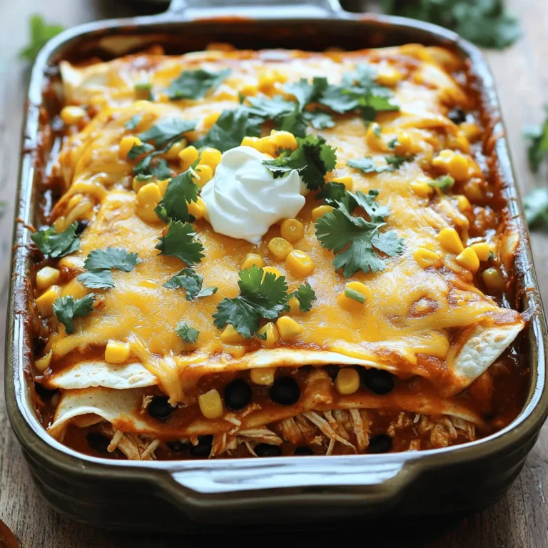 To make a tasty Easy Chicken Enchilada Casserole, you need some simple ingredients. Here is the list of what you will need: - 2 cups cooked chicken, shredded - 1 can (10 oz) enchilada sauce - 1 can (15 oz) black beans, drained and rinsed - 1 cup corn kernels (fresh, frozen, or canned) - 2 cups shredded cheese (cheddar and Monterey Jack blend) - 8 corn tortillas, cut into quarters - 1 small onion, finely chopped - 1 teaspoon garlic powder - 1 teaspoon cumin - 1 teaspoon chili powder - Salt and pepper to taste - Fresh cilantro, chopped (for garnish) - Sour cream (for serving) These ingredients mix well to create layers of flavor. The cooked chicken brings protein and texture. The enchilada sauce adds a nice kick, while the black beans and corn give you extra fiber and taste. The cheese melts beautifully, making every bite creamy. The tortillas hold everything together, giving it that classic casserole feel. When I cook this dish, I love using fresh cilantro as a garnish. It adds a burst of color and freshness. You can also serve it with a dollop of sour cream on top. This dish is great for family dinners or a fun gathering with friends. For the full recipe, check out the details above. 1. Preheat your oven to 350°F (175°C). This step gets your oven ready for baking. 2. In a large bowl, combine the shredded chicken and other ingredients. Add half of the enchilada sauce, black beans, corn, chopped onion, garlic powder, cumin, chili powder, salt, and pepper. Mix it all well. 3. Create the casserole layers. Start by spreading a thin layer of the remaining enchilada sauce on the bottom of your 9x13 inch baking dish. Next, layer half of the tortilla pieces evenly over the sauce. Then, spread half of the chicken mixture over the tortillas and sprinkle one-third of the cheese on top. Repeat this layering process with another layer of tortillas, the rest of the chicken mixture, and half of the remaining cheese. Finally, top with the last layer of tortilla pieces. 1. Cover and bake for 25 minutes. Use aluminum foil to cover the baking dish to keep it moist. 2. Uncover and finish baking for an additional 15 minutes. This step allows the cheese to become bubbly and golden brown. 3. Let your casserole cool for about 5 minutes. Once it cools, garnish with fresh cilantro. Serve slices on plates with a dollop of sour cream for a yummy touch. For the full recipe, check out Easy Chicken Enchilada Casserole. For the best chicken in this dish, I recommend using rotisserie chicken. It’s tasty, tender, and saves time. You can also use grilled chicken if you prefer. Just shred it well before mixing. To keep your casserole creamy, add some sour cream to your chicken mixture. This makes it rich and smooth. Be sure to cover the casserole with foil while baking to lock in moisture. This helps all the flavors blend well. Pair your enchilada casserole with some fresh sides. A simple green salad goes well. You can also serve it with rice or some tortilla chips. For a nice presentation, serve slices on plates. Add a dollop of sour cream on top. Sprinkle fresh cilantro for a bright touch. This not only looks great but adds a pop of flavor to each bite. {{image_2}} You can easily swap beans or vegetables in this dish. If you want a twist, try black-eyed peas or pinto beans. You can also add diced bell peppers or zucchini for extra veggies. These changes add color and nutrition to the casserole. For cheese, consider using pepper jack or feta. Both offer unique flavors. You can mix cheeses for a richer taste. I often use a blend of sharp cheddar and mozzarella for a nice melt. If you need a gluten-free option, use corn tortillas. They work just as well as regular tortillas. Always check the labels. They should say gluten-free. For a vegetarian version, skip the chicken and add more beans or veggies. You can use mushrooms for a hearty texture. This way, you still get a filling meal without meat. You can adapt this dish to fit your needs easily. To keep your Easy Chicken Enchilada Casserole fresh, store leftovers in an airtight container. Make sure it cools to room temperature first. You can keep it in the fridge for up to four days. If you plan to eat it later, avoid adding toppings like sour cream until you’re ready to serve. This helps keep the flavors fresh! If you want to save some for later, freezing is a great option. First, let the casserole cool down completely. Then, wrap it tightly in plastic wrap and foil. This prevents freezer burn. You can freeze it for up to three months. When you’re ready to enjoy it again, transfer the casserole to the fridge to thaw overnight. Reheat it in the oven at 350°F (175°C) for about 30-40 minutes. Cover it with foil to keep it moist. Check for warmth in the center before serving. Enjoy the same yummy taste as when it was fresh! Yes, you can use store-bought enchilada sauce. Many brands offer tasty options. This saves time and still gives great flavor. Just make sure to choose a sauce that you like. You can also add your own spices to boost the taste. Reheating leftovers usually takes about 20 minutes. Preheat your oven to 350°F (175°C). Place the casserole in a baking dish and cover it with foil. This keeps it moist while it warms. If you use a microwave, heat it in short bursts, stirring often. Yes, you can make this casserole ahead of time. Assemble it and cover it tightly. Store it in the fridge for up to 24 hours. When ready to bake, take it out, let it sit for a few minutes, and then bake it as directed. It’s a great way to save time on busy nights! For the full recipe, check out Easy Chicken Enchilada Casserole. This blog post covered a tasty chicken casserole recipe. You saw each ingredient and learned how to make it. I shared preparation steps, baking tips, and smart storage advice. You found ways to customize your dish with variations and answered common questions. In conclusion, this casserole is both simple and flexible. It works well for any meal. Trust me; your family will love it. Enjoy making it your own and sharing it with others!