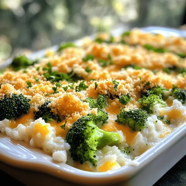 - 4 cups fresh broccoli florets - 2 cups cooked white rice - 1 cup sharp cheddar cheese, grated - 1 cup cream of mushroom soup (canned or homemade) - ½ cup milk - 1 small onion, finely chopped - 2 cloves garlic, minced - ½ teaspoon black pepper - ½ teaspoon salt - ½ teaspoon paprika - 1 cup panko bread crumbs - 2 tablespoons butter, melted These ingredients create a warm, cheesy hug in a dish. First, the fresh broccoli gives a nice crunch and bright color. The cooked rice makes it hearty and filling. Sharp cheddar cheese adds flavor and creaminess, while the cream of mushroom soup brings moisture. The milk helps smooth everything out, making it rich. Onions and garlic give a lovely aroma and depth. Simple spices like salt, pepper, and paprika enhance the dish without overpowering it. The panko bread crumbs add a crispy top, making each bite delightful. Finally, melted butter coats the crumbs for extra flavor. - Baking dish (9x13 inch) - Large mixing bowl - Pot for blanching broccoli - Measuring cups and spoons Using the right tools is key. A 9x13 inch baking dish holds all the goodness. A large mixing bowl gives you space to combine all the ingredients well. A pot for blanching the broccoli ensures it cooks quickly and evenly. Lastly, measuring cups and spoons help you get the amounts just right. For the full recipe, check out the detailed instructions that guide you through each step. - Preheat your oven to 350°F (175°C). - Blanch the broccoli florets in boiling water. Blanching helps keep the broccoli bright green and slightly tender. Place the florets in boiling water for about three minutes. Afterward, drain them and set them aside to cool. - Combine all ingredients in a mixing bowl. - Ensure everything is well mixed to ensure even distribution. In a large bowl, mix together the cooked rice, blanched broccoli, grated cheddar cheese, cream of mushroom soup, milk, chopped onion, minced garlic, black pepper, salt, and paprika. Stir until everything is well coated and evenly mixed. - Transfer mixture into a greased baking dish. - Top with panko and bake for 25-30 minutes. Pour the mixture into a greased 9x13 inch baking dish. Spread it out evenly. In a separate bowl, mix panko bread crumbs with melted butter. Sprinkle this on top of the casserole. Bake it in the oven for 25 to 30 minutes. Look for a golden brown top that bubbles slightly. To make the panko topping crunchy, mix it with melted butter. This helps it brown nicely. Spread the panko evenly over the top. It should cover the whole dish for great texture. When you bake it, the topping will get golden and crisp. When choosing broccoli, look for bright green florets. They should be firm, not soft or yellow. Fresh broccoli has a nice, strong smell. You want to avoid any limp or wilted stems. Always check for small dark spots, as they can signal age. If you want to switch the rice, try quinoa or cauliflower rice. Both options add unique flavors and textures. Quinoa has a nutty taste, while cauliflower rice is light and fluffy. They also lower carbs, which can be a bonus. For a dairy-free version, use plant-based cheese. You can also swap cream of mushroom soup for a homemade version made with nuts or coconut milk. This keeps the creaminess without dairy. You can add proteins for extra heartiness. Chicken or turkey work well. For a vegetarian option, add tofu or chickpeas. They soak up flavor and make the dish filling. Trying different cheeses can change the taste, too. Mozzarella gives a stretchy, gooey texture. Gouda adds a rich, smoky flavor. Feel free to mix and match your favorites! {{image_2}} To serve cheesy broccoli casserole, use a large spoon to scoop out portions. Place each serving on a plate. This dish is best served warm and straight from the baking dish. For a beautiful touch, sprinkle fresh parsley on top. The green color adds brightness and flavor. You can also use chives or thyme for added flair. Arrange the plates neatly for gatherings, making each serving look inviting. Cheesy broccoli casserole pairs well with a simple salad. A fresh green salad with a light vinaigrette works great. You can also serve it with crusty bread to soak up the rich flavors. For drinks, white wine like Sauvignon Blanc is a nice choice. If you prefer non-alcoholic options, lemonade or sparkling water complements the dish well. These sides and drinks bring out the best in your casserole. For the complete recipe, check out the [Full Recipe]. To store leftovers in the fridge, place the casserole in an airtight container. Make sure the container is sealed well to keep out air. Leftovers stay fresh for about 3 to 5 days. To enjoy the best taste, eat them within this time frame. To freeze the casserole, let it cool completely first. Then, wrap it tightly in plastic wrap and aluminum foil. This helps prevent freezer burn. You can keep it in the freezer for up to 3 months. When you're ready to eat, thaw the casserole in the fridge overnight. For reheating, place it in the oven at 350°F (175°C) until hot throughout. This method keeps the texture nice and creamy. Enjoy your cheesy broccoli casserole later with that same great taste! For the full recipe, check out the details above. Making cheesy broccoli casserole takes about 45 minutes in total. You will spend 15 minutes prepping and about 30 minutes cooking. Yes, you can make this casserole ahead of time. Prepare it up to the baking step. Cover it tightly and store it in the fridge for up to two days. When you are ready to bake, just pop it in the oven. It may need a few extra minutes to cook through. This casserole pairs well with many side dishes. Here are a few ideas: - A crisp green salad - Roasted chicken or turkey - Garlic bread - Steamed carrots or green beans For drinks, try a light white wine or a refreshing iced tea. You can now create a delicious cheesy broccoli casserole with ease. We covered the key ingredients, tools, and steps for preparation and baking. Don’t forget the tips for perfecting texture and making your dish unique with various proteins or cheeses. This meal is not just tasty; it’s also versatile. You can enjoy it fresh or save it for later. Get started on this comforting dish and impress your family and friends!