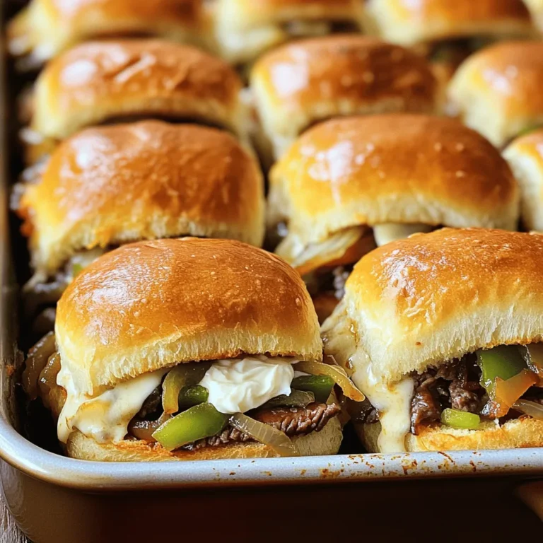 To make Philly cheesesteak sliders, you need these key items: - 12 slider rolls - 1 pound ribeye steak, thinly sliced - 1 medium onion, thinly sliced - 1 medium green bell pepper, thinly sliced - 1 cup provolone cheese, shredded - 1/2 cup cream cheese, softened - 2 tablespoons olive oil - 1 teaspoon garlic powder - Salt and pepper to taste These ingredients create a rich and tasty flavor. Ribeye steak gives the sliders a juicy bite. Cream cheese adds a smooth texture. Provolone cheese melts beautifully, making each bite gooey and delicious. You can tweak the recipe with these extras for more flavor: - 1 tablespoon Worcestershire sauce Adding Worcestershire sauce can enhance the umami taste. It adds a savory depth that pairs well with the beef and cheese. Having the right tools makes cooking easier. Here are some you should use: - Large skillet - 9x13 inch baking pan - Sharp knife for slicing - Cutting board These tools help you prepare and cook the sliders efficiently. A good skillet heats evenly, and a sharp knife makes slicing quick and safe. To start, gather all your ingredients. You will need slider rolls, ribeye steak, onion, bell pepper, provolone cheese, and cream cheese. Also, keep garlic powder, salt, pepper, and olive oil nearby. 1. Preheat your oven to 350°F (175°C). This step is key to getting those sliders just right. 2. In a large skillet, heat the olive oil over medium-high heat. The oil should shimmer before adding veggies. 3. Add the thinly sliced onion and green bell pepper. Sauté them for 5-7 minutes. You want them soft and a little caramelized. After the veggies are ready, it's time for the steak: 1. Remove the veggies from the skillet and set them aside. Use the same skillet to keep the flavors. 2. Add the thinly sliced ribeye steak to the hot skillet. 3. Season the steak with garlic powder, salt, and pepper. If you want extra flavor, add Worcestershire sauce. 4. Cook the steak for 3-4 minutes. It should be browned but still tender. 5. Mix the sautéed onions and bell peppers back into the cooked steak. Stir well to combine. Now, we get to the fun part—putting it all together! 1. Slice the slider rolls in half. Place the bottom halves in a greased 9x13 inch baking pan. 2. Spread cream cheese evenly over these bottom halves. This adds a rich and creamy layer. 3. Load the steak and veggie mixture over the cream cheese. Make sure it’s even. 4. Generously sprinkle shredded provolone cheese on top of the steak mixture. 5. Place the top halves of the slider rolls on the cheese. 6. Cover the pan with aluminum foil. Bake for 15 minutes. 7. After 15 minutes, remove the foil and bake for another 5-10 minutes. You want the cheese bubbly and the tops golden brown. 8. Once done, let the sliders cool a bit before slicing into individual pieces. For the full process, check out the Full Recipe. Enjoy your delicious Philly cheesesteak sliders! One common mistake is overcooking the steak. Ribeye cooks fast. If you cook it too long, it gets tough. Aim for just a few minutes on high heat. Another mistake is not seasoning enough. Salt and pepper make a big difference. Don’t forget to season the vegetables, too. Finally, using the wrong type of bread can ruin your sliders. Choose soft slider rolls that hold up well. When cooking for a larger group, double your ingredients. You can use two pans to cook the steak and veggies at once. This speeds up the process. You can also bake multiple trays at the same time. Just make sure to check on them. Keep an eye on the cheese; it should bubble nicely. If you find it hard to serve, consider using a buffet style. To boost the flavor, try adding marinades to your meat. A simple mix of soy sauce and garlic works wonders. You can also switch cheeses. Provolone is great, but try cheddar or pepper jack for a twist. Adding Worcestershire sauce gives a nice depth. Lastly, fresh herbs like parsley or thyme can brighten the dish. These small changes make your sliders extra special. You can find the full recipe to explore more flavor options. {{image_2}} You can swap out provolone cheese for other types. Cheddar gives a sharp tang. Swiss adds a nutty flavor. For a fun twist, try pepper jack for a kick. Each cheese brings a unique taste to your sliders. Mix and match to find your favorite. You don’t need steak to enjoy these sliders. Use mushrooms as a hearty base. Portobello or shiitake mushrooms offer great texture. Add sautéed onions and bell peppers for flavor. Use a vegan cream cheese if you want to keep it plant-based. These veggie sliders still pack a punch. If you like heat, add jalapeños or hot sauce. Mix diced jalapeños into the steak mixture. You can also sprinkle crushed red pepper flakes on top. For more flavor, use spicy cheese like pepper jack. These spicy sliders will wow your guests! For the full recipe, check out the details above. To keep your Philly cheesesteak sliders fresh, store them in an airtight container. If you have leftovers, let them cool down first. Place a piece of wax paper between layers to avoid sogginess. This helps keep the rolls soft and the cheese from sticking. When you’re ready to enjoy your sliders again, preheat your oven to 350°F (175°C). Place the sliders on a baking sheet. Cover them with aluminum foil to keep them moist. Heat them for about 10-15 minutes. You want the cheese to melt and the rolls to warm up without drying out. If you want to freeze your sliders, wait until they are fully cooled. Wrap each slider tightly in plastic wrap. Then, place them in a freezer-safe bag. They can last for up to three months in the freezer. When you’re ready to eat them, let them thaw in the fridge overnight before reheating. This method helps keep them tasty and fresh. You can make Philly cheesesteak sliders ahead of time. Start by cooking the steak and veggies as usual. After mixing them, let the mixture cool. Then, store it in the fridge. When you are ready to bake, spread cream cheese and add the mixture to the rolls. Cover with cheese and bake. This way, you save time when guests arrive. You can prepare everything a day before and enjoy fresh sliders. Yes, you can use other meats in this recipe. Chicken, turkey, or pork work well. Just slice them thin, like the ribeye. Cook them in the skillet, just like the steak. Each meat adds its unique flavor, so feel free to experiment. You can even try ground beef or sausage for a different taste. The key is to season them well, regardless of the meat choice. You can serve several tasty sides with Philly cheesesteak sliders. Here are a few ideas: - French fries: Crispy fries pair well with sliders. - Potato chips: Crunchy chips add a nice texture. - Coleslaw: A fresh slaw adds crunch and flavor. - Pickles: Pickles are a great tangy contrast. These sides complement the rich flavors of the sliders. Feel free to mix and match based on your taste! This article covered everything you need for making Philly Cheesesteak Sliders. We discussed the core and optional ingredients, plus the tools you’ll need. You also learned the step-by-step instructions for preparation, cooking, and assembly. I shared tips to avoid common mistakes and how to serve larger crowds. You can try various cheese and make vegetarian or spicy versions. Remember to store leftovers properly and reheat them safely. Now you are ready to enjoy your sliders!