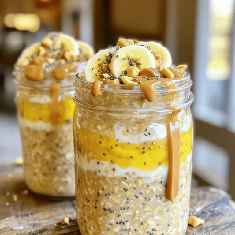To make Peanut Butter Banana Overnight Oats, you need a few simple ingredients. Each one adds flavor and nutrition to your meal. Here’s what you’ll need: - 1 cup rolled oats - 2 cups almond milk (or milk of choice) - 2 ripe bananas (one mashed and one sliced) - 2 tablespoons natural peanut butter - 1 tablespoon chia seeds - 1 tablespoon maple syrup (optional for sweetness) - 1/2 teaspoon vanilla extract - A pinch of salt - Suggested toppings: chopped nuts, additional banana slices, and extra peanut butter drizzle The rolled oats serve as the base. They soak up the liquid and give you that creamy texture. Almond milk makes it rich and tasty, but feel free to use any milk you prefer. The ripe bananas add sweetness and flavor. Mashed bananas mix in well, while sliced bananas on top look nice. Natural peanut butter gives a nutty taste and creamy texture. Chia seeds are a great addition. They help thicken the oats and add healthy fiber. Maple syrup is optional. If you like it sweeter, add a bit. Vanilla extract brings out all the flavors, while a pinch of salt balances the sweetness. For toppings, I love chopped nuts or more banana slices. A drizzle of peanut butter on top is the best finishing touch. For the full recipe, check out the Peanut Butter Banana Bliss Overnight Oats. 1. Start by mixing the oats and liquid ingredients. In a bowl, add: - 1 cup rolled oats - 2 cups almond milk (or milk you like) - 1 ripe banana (mashed) - 2 tablespoons natural peanut butter - 1 tablespoon chia seeds - 1 tablespoon maple syrup (optional) - 1/2 teaspoon vanilla extract - A pinch of salt Stir everything well until it blends nicely. 2. Next, divide the mixture into jars. Use two jars or airtight containers. This helps keep them fresh. 3. Finally, add banana slices on top. Use the second ripe banana, slice it, and place the pieces on each jar. This adds flavor and looks nice. 1. Refrigerate the jars. Seal them well and put them in the fridge overnight. If you’re in a hurry, four hours will work too! 2. In the morning, stir the oats well. Mixing helps to combine the flavors. 3. If you want a creamier texture, add a splash of milk. This makes it easier to eat. Enjoy your Peanut Butter Banana Overnight Oats! For the full recipe, check the details above. Choosing the right oats is key. I always use rolled oats for my overnight oats. They soak up the liquid well and give a nice texture. Avoid instant oats; they become mushy. To achieve the perfect consistency, you want a balance of oats and liquid. For every cup of oats, use about two cups of milk. If you like it thicker, add less milk. If you want it creamier, add a bit more. This way, you can tailor the oats to your taste. For extra flavor, consider toppings. Chopped nuts add crunch. More banana slices give a fresh taste. A drizzle of peanut butter can make it feel indulgent. Balancing sweetness with maple syrup is important. If your bananas are very ripe, you might need less syrup. Taste your mix before adding syrup. You want it just sweet enough to enjoy. If you're ready to make this delicious dish, check out the Full Recipe. {{image_2}} You can easily adjust this recipe for different diets. For a dairy-free option, swap almond milk with oat or coconut milk. These alternatives still provide a creamy texture. If you need a nut-free choice, try sunflower seed butter instead of peanut butter. It gives a nice, nutty flavor without using nuts. For those watching carbs, you can use sugar-free sweeteners like stevia or erythritol in place of maple syrup. This keeps the taste sweet without the extra sugar. You might also try using a low-carb milk option like unsweetened almond or coconut milk. These changes help you stick to your dietary goals while enjoying a tasty breakfast. The base recipe is delicious, but you can make it even better. One easy way is to add cocoa powder or chocolate chips. Mixing in a tablespoon of cocoa powder gives a rich, chocolatey taste. If you prefer sweetness, sprinkle in mini chocolate chips. They melt slightly and create a delightful treat. Spices can also boost the flavor. Cinnamon works great in this dish. Just a pinch adds warmth and depth. You could also try nutmeg or cardamom for a unique twist. These small changes can turn a simple meal into something special. Feel free to explore and experiment with different flavors. With these variations, you can keep your morning routine fresh and exciting. For the complete recipe, check out the Full Recipe section above. To keep your Peanut Butter Banana Overnight Oats fresh, use airtight containers. Glass jars work great. They help seal in flavor and moisture. You can store the oats in the fridge for up to five days. This way, you have a quick breakfast ready each morning. You can enjoy these oats cold right from the fridge. If you prefer warm oats, simply heat them in the microwave. Start with 30 seconds, then stir. Heat in additional 15-second bursts until warm. If the oats are thick, add a splash of almond milk. This helps reach your desired creaminess. Enjoy them with your favorite toppings for extra taste. Can I prepare these oats in advance? Yes, you can prepare these oats up to five days ahead. This makes them perfect for busy mornings. Just store them in the fridge in sealed jars. The flavors will blend well as they sit. How long do overnight oats stay fresh? Overnight oats stay fresh for about five days when kept in the fridge. Always check for any changes in smell or texture before eating. If they look or smell off, it’s best to toss them. Can I use instant oats instead of rolled oats? I do not recommend using instant oats for this recipe. Instant oats can become too mushy when soaked. Rolled oats give the best texture, making your breakfast creamy yet hearty. Caloric content and health benefits Each serving of peanut butter banana overnight oats has about 400 calories. These oats are packed with nutrients. They offer fiber from oats and healthy fats from peanut butter. This breakfast keeps you full and fueled. Protein values per serving You get around 12 grams of protein in each serving. This protein comes from the peanut butter and chia seeds. Protein helps build muscles and keeps you satisfied longer. Pairing with fruits or other breakfast items You can pair these oats with fresh fruits like berries or apples. Adding yogurt on top is also a great choice. It adds creaminess and extra nutrients. How to meal prep for the week For meal prep, make a batch of these oats on Sunday. Divide them into jars for each day. Change toppings daily for variety, such as nuts or different fruits. This way, you enjoy a new taste all week long! Peanut butter banana overnight oats are easy to make and delicious. You learned the right ingredients, steps, and tips for perfect oats. These simple recipes can fit any diet and flavor needs. Store them well for freshness, and enjoy them cold or reheated. Try these oats for a fun, healthy breakfast. With a little prep, you can enjoy tasty mornings all week long.