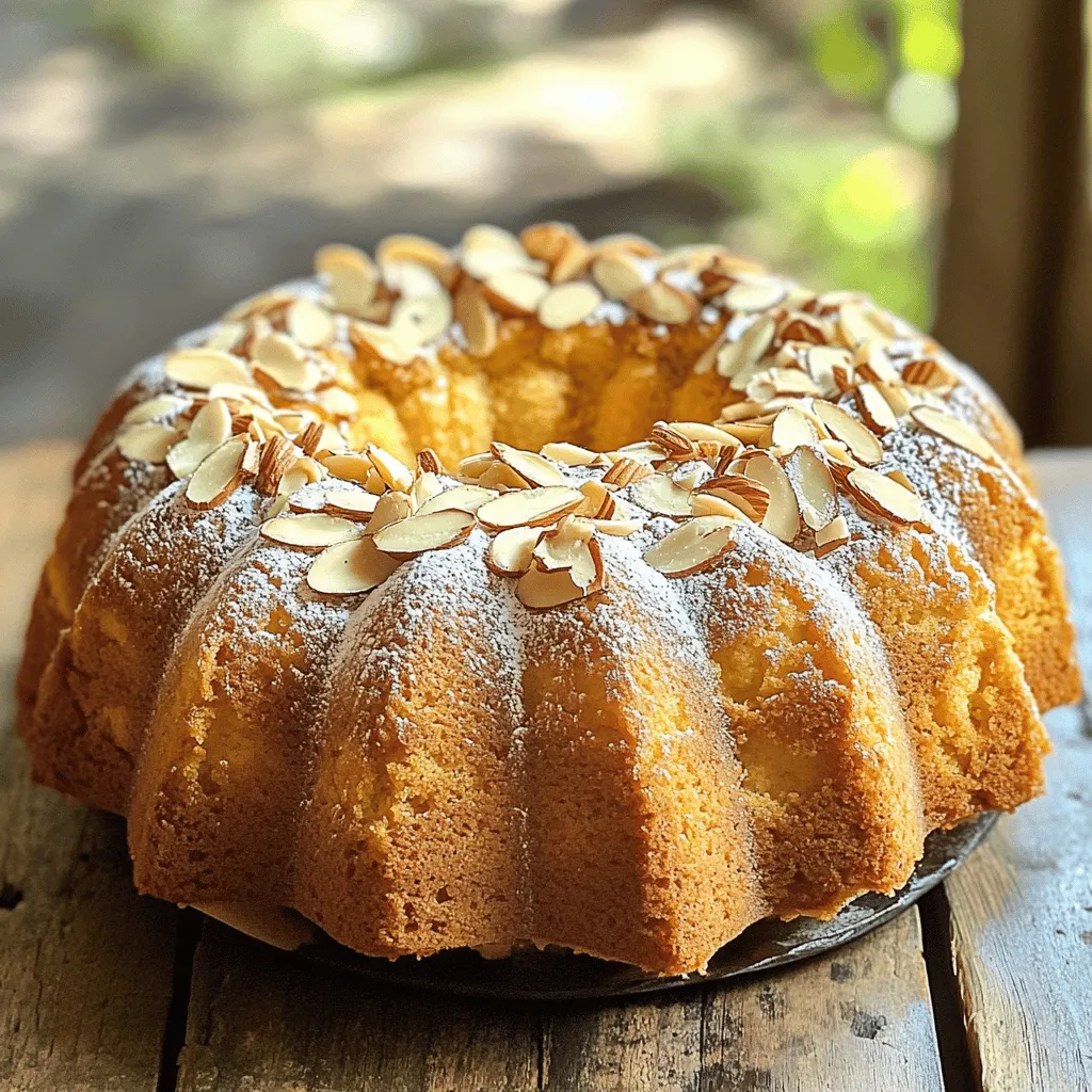 - 1 cup unsalted butter, softened - 2 cups granulated sugar - 4 large eggs - 1 teaspoon almond extract - 1 teaspoon vanilla extract - 3 cups all-purpose flour - 1 teaspoon baking powder - 1/2 teaspoon salt - 1 cup whole milk - 1/2 cup sliced almonds (for topping) - Powdered sugar (for dusting, optional) How to measure flour correctly Use a spoon to scoop flour into a measuring cup. Then, level it off with a knife. This method avoids packing the flour too tightly. Tips for softening butter If your butter is cold, cut it into small pieces. Let it sit at room temperature for about 15 minutes. You can also microwave it for just 10 seconds for quick softening. Understanding egg sizes and their impact on baking Most recipes call for large eggs. If you use medium or extra-large, adjust the number. This helps keep the cake moist and fluffy. For a delightful treat, follow the full recipe. Enjoy baking! 1. Preheat your oven to 350°F (175°C). 2. Grease and flour a 10-inch bundt pan. This helps the cake slide out easily. 3. In a large bowl, cream 1 cup of softened butter with 2 cups of granulated sugar. Use a hand mixer for about 4-5 minutes. The mix should look light and fluffy. 1. Add 4 large eggs, one at a time. Mix well after each egg. 2. Stir in 1 teaspoon of almond extract and 1 teaspoon of vanilla extract until blended. This gives the cake a lovely flavor. 3. In another bowl, whisk together 3 cups of all-purpose flour, 1 teaspoon of baking powder, and 1/2 teaspoon of salt. 4. Slowly add the dry mix to the butter mix. Alternate with 1 cup of whole milk. Start and end with the dry mix. Mix gently until just combined. 1. Pour the batter into the prepared bundt pan. Smooth the top with a spatula. 2. Sprinkle 1/2 cup of sliced almonds evenly over the top. This adds a nice crunch. 3. Bake for 50-60 minutes. Check for doneness with a toothpick. It should come out clean. 4. Let the cake cool in the pan for 15 minutes. Then, transfer it to a wire rack to cool completely. You can dust it with powdered sugar for a sweet touch. For the full recipe, see Almond Bliss Pound Cake. When baking almond pound cake, avoid common mistakes to get the best results. Here are key points to keep in mind: - Overmixing the batter: This can lead to a dense cake. Mix just until combined. - Incorrect oven temperature: Always check that your oven is calibrated. A wrong temp can ruin the cake. - Not greasing the pan: Ensure you grease and flour your bundt pan well. This prevents sticking and helps the cake release easily. To achieve a moist texture, consider these tips: - Use room temperature ingredients: Cold butter or eggs can make mixing hard and affect texture. - Don’t skip the milk: It adds moisture and richness. Make sure you use whole milk for the best results. - Let the cake cool properly: Allow it to cool in the pan for 15 minutes. This helps keep it moist. You can easily enhance the flavor of your almond pound cake. One way is by using different extracts. For example: - Try lemon or orange extract: These citrus flavors can brighten your cake. - Experiment with coconut extract: It adds a tropical twist that pairs well with almond. The temperature of your ingredients is also key. Always use: - Room temperature butter and eggs: This helps them mix better and create a smoother batter. - Warm milk: Slightly warming the milk can help it blend seamlessly into the batter. Remember, these small tweaks can take your almond pound cake from good to great! For a detailed recipe, check out the Full Recipe. {{image_2}} You can change your almond pound cake to suit your taste. Here are two fun ideas: - Chocolate almond pound cake: Add cocoa powder to the batter. Use 1/2 cup of unsweetened cocoa powder. This gives a rich taste. Mix it with the flour for the best result. You can also add chocolate chips for extra sweetness. - Citrus-infused almond pound cake: Add a burst of flavor with citrus. Use the zest of one lemon or orange. This brightens the cake. You can also add a splash of juice to the batter. It makes the cake fresh and lively. Sometimes you may need to swap ingredients. Here are some smart substitutes: - Alternatives for butter and sugar: If you want a lighter cake, use coconut oil instead of butter. It adds a nice flavor. For sugar, try honey or maple syrup. Use about 3/4 cup for every cup of sugar. Adjust the liquid in the recipe to keep the right texture. - Gluten-free options: If you or someone you know is gluten-free, use a gluten-free flour blend. Make sure it has xanthan gum for the right texture. This allows everyone to enjoy the cake without worries. By mixing flavors and swapping ingredients, you can create your own twist on this almond pound cake. Check out the Full Recipe for more details! To keep your almond pound cake fresh, wrap it tightly in plastic wrap. Place it in an airtight container. You can also use aluminum foil. This keeps moisture in and air out. Storing it this way helps the cake stay soft and tasty. If you want to refrigerate it, place the wrapped cake in the fridge. It will last about a week this way. However, the cake can dry out faster in the fridge. Freezing is another great option. Wrap the cake well in plastic wrap, then place it in a freezer bag. It can stay frozen for about three months. When you're ready to eat it, let it thaw in the fridge overnight. Homemade almond pound cake lasts about 4 to 5 days at room temperature. Keep it in a cool, dry place. If you see any signs of mold or an off smell, throw it away. Signs that your cake has gone bad include a dry texture or a change in color. If the cake starts to taste sour, it's time to toss it. Enjoy your almond pound cake while it's fresh! For the full recipe, check out the details above. How to make almond pound cake from scratch? To make almond pound cake from scratch, follow the full recipe. Start by preheating your oven to 350°F (175°C). Cream the butter and sugar until fluffy. Add eggs and extracts. Mix flour, baking powder, and salt in another bowl. Combine both mixtures with whole milk. Pour into a bundt pan and bake until done. Can I use almond flour instead of all-purpose flour? Yes, you can use almond flour. However, it may change the cake's texture. Almond flour is denser, so you might need to adjust the liquid. Use a combination of all-purpose and almond flour for the best results. What can I serve with almond pound cake? You can serve almond pound cake with fresh fruits, whipped cream, or ice cream. A drizzle of chocolate sauce also adds a tasty touch. Pairing it with a cup of tea or coffee makes it delightful. Is almond extract necessary for flavor? Almond extract adds a unique flavor. While it is not strictly necessary, it enhances the cake's taste. You can use vanilla extract if you prefer a milder flavor. How can I make the cake more visually appealing? To enhance the cake's look, sprinkle sliced almonds on top before baking. After cooling, dust with powdered sugar. You can also add fresh berries or a glaze for extra flair. Why did my almond pound cake not rise? If your almond pound cake did not rise, check your baking powder's freshness. Also, ensure you creamed the butter and sugar well. Overmixing the batter can also prevent a good rise. How do I fix a dense pound cake? To fix a dense pound cake, ensure you measured your ingredients correctly. Adding more liquid can help lighten the texture. You can also try mixing the batter less to avoid overworking it. In this post, we covered how to make almond pound cake from scratch. We listed key ingredients, shared measurement tips, and provided detailed instructions. I also offered helpful baking tips and variations to try. Remember, measuring ingredients correctly and avoiding common mistakes are vital for success. With these steps, you can enjoy a delicious cake every time. Experiment with flavors and enjoy sharing your tasty results. Happy baking!