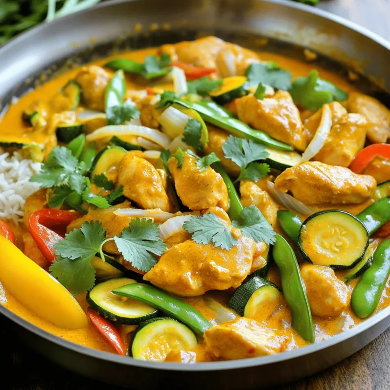 - 1 lb boneless chicken breast, cut into bite-sized pieces - 1 tablespoon coconut oil - 1 medium onion, diced - 3 cloves garlic, minced - 1 tablespoon fresh ginger, grated - 1 can (14 oz) coconut milk - 1 cup chicken broth - 1 bell pepper, sliced - 1 medium zucchini, sliced - 1 cup snap peas The chicken breast forms the heart of this dish. It absorbs the rich flavors and cooks perfectly when diced small. I love using coconut oil for its light taste and high smoke point. Onions, garlic, and ginger create a base that fills your kitchen with amazing aromas. Fresh vegetables add color and crunch. I prefer bell peppers, zucchini, and snap peas for their vibrant look and taste. These vegetables cook quickly, keeping their shape and nutrients. - 2 tablespoons red curry paste - 2 tablespoons fish sauce - 1 tablespoon brown sugar - Juice of 1 lime Red curry paste brings warmth and depth. It combines chili, garlic, lemongrass, and spices, making each bite exciting. Fish sauce adds a savory note, balancing the dish well. Brown sugar gives a hint of sweetness, while lime juice brightens everything up. - Fresh cilantro, chopped - Cooked jasmine rice Cilantro adds freshness and a pop of green. I always sprinkle it on top before serving. Jasmine rice is the perfect side. Its fluffy texture soaks up the curry, making every bite satisfying. For the full recipe, check out the [Full Recipe]. 1. Start by heating coconut oil in a large skillet over medium heat. 2. Add the diced onion and sauté for about 2-3 minutes until it turns soft and clear. 3. Next, stir in the minced garlic and grated ginger. Cook for one more minute until you smell the spices. 1. Now, add the chicken pieces into the skillet. Cook them until they are no longer pink, which takes about 5-7 minutes. 2. Once the chicken is cooked, stir in the red curry paste. Mix it well with the chicken and onions. This step builds a strong flavor base. 1. Pour in the coconut milk and chicken broth. Stir everything together until well combined. 2. Bring this mixture to a gentle simmer. Then, add the sliced bell pepper, zucchini, and snap peas. 3. Let it simmer for 5-7 more minutes until the veggies are tender but still bright. 4. Finally, stir in the fish sauce, brown sugar, and lime juice. Taste and adjust the seasoning if needed. This simple yet flavorful process brings out the best in Thai Coconut Curry Chicken. For the full recipe, check the earlier section. Adjusting spice levels To make your curry just right, taste as you cook. Start with a small amount of red curry paste. You can always add more if you want extra heat. If it gets too spicy, add more coconut milk to cool it down. Ensuring tender chicken Cook the chicken pieces until they are no longer pink. This usually takes about 5-7 minutes. Overcooking can make the chicken tough. Always check the chicken’s internal temp; it should reach 165°F (75°C) for safety. Best sides to serve with Serve your curry with jasmine rice. The rice soaks up all the tasty sauce. You can also add a side of cucumber salad for a fresh crunch. Alternative garnishing ideas Fresh cilantro adds a nice touch. You can also use lime wedges for a tangy kick. If you want more color, try adding sliced red chili on top. Overcooking veggies Cook veggies until they are tender but still bright. This keeps them crisp and colorful. Overcooked veggies can turn mushy and lose their flavor. Not balancing flavors Taste your curry before serving. If it’s too salty, add a pinch of sugar. If it’s too sweet, a squeeze of lime can help. Finding the right balance makes the dish shine. For a detailed guide, check the Full Recipe. {{image_2}} You can switch up the protein in this dish. If you want to use shrimp, add it in the last few minutes of cooking. Shrimp cooks fast and will stay juicy. For a plant-based option, try tofu. Cut firm tofu into cubes. Sauté it until golden before adding it to the curry. If you prefer beef, you can substitute chicken with thinly sliced beef. Cook it first until it's browned. Then, follow the same steps as you would with chicken. You can make this dish even better by adding more veggies. Seasonal vegetables work great. Try carrots, broccoli, or bell peppers for color and crunch. You can also add zucchini for a nice texture. Incorporating leafy greens like spinach or bok choy adds nutrition. Just toss them in at the end of cooking. They will wilt quickly and retain their bright color. For a gluten-free version, substitute fish sauce with soy sauce or tamari. This will keep the salty flavor without gluten. To make a fully plant-based version, leave out the chicken and fish sauce. Add more vegetables or beans for protein. You can also use vegetable broth instead of chicken broth. This way, you keep all the flavor and make it suitable for vegans. For the complete recipe, check the [Full Recipe]. Thai Coconut Curry Chicken stays fresh for about 3-4 days in the fridge. Make sure to cool the dish to room temperature before storing it. Use an airtight container to keep the flavors intact. This way, you can enjoy the rich taste later in the week. You can freeze Thai Coconut Curry Chicken for up to 3 months. Portion it into meal prep containers for easy meals. To freeze, let the dish cool completely. Then, cover it tightly with plastic wrap or foil before sealing it in a freezer bag. When you’re ready to eat, thaw it overnight in the fridge. This keeps the texture nice. You can also use the microwave for a quicker option, but I recommend the fridge for best results. To reheat, use the stove for best flavor and texture. Warm it gently over medium heat until hot. Stir often to prevent sticking. You can also microwave it, but be careful not to overcook it. This dish tastes best when it’s just heated through. Enjoy it over fresh jasmine rice for a delightful meal. For the complete recipe, check out the Full Recipe. If you want a non-dairy option, almond milk works well. Use unsweetened almond milk to keep the flavor in check. You can also use cashew milk or soy milk. For a thicker texture, blend soaked cashews with water. For low-fat options, try using light coconut milk. This still gives a nice coconut flavor but with less fat. Another option is to mix chicken broth with a splash of coconut extract. This keeps some flavor without the creaminess. The spice level can vary based on the curry paste used. Some pastes are mild, while others pack a punch. You can adjust the heat by adding less curry paste. Start with one tablespoon and taste as you go. If you want more heat, add chili flakes or fresh chilies. Remember, you can always add more spice, but it’s hard to take it away. So, go slow to find your perfect heat level. Yes, you can make this dish ahead. I recommend cooking it and then cooling it down before storage. Store it in an airtight container in the fridge for up to three days. For meal prepping, cook the chicken and sauce first. Then, add fresh veggies later to keep them crisp. This helps the flavors meld together nicely. Reheat gently to avoid overcooking the chicken or veggies. You can also freeze the curry. Just let it cool, then transfer it to a freezer-safe container. It will stay fresh for up to three months. When ready to eat, thaw in the fridge overnight and reheat on the stove or microwave. Thai Coconut Curry Chicken is a flavorful dish packed with fresh ingredients. We explored key components like chicken, coconut oil, and vegetables, along with essential spices such as red curry paste and fish sauce. I shared step-by-step cooking instructions to ensure you achieve the perfect curry. Remember to adjust spice levels based on your taste. With tips for different proteins and storage advice, this dish is versatile and easy to enjoy. Use these ideas to create a delicious meal that fits your needs. Cooking Thai coconut curry at home can be both fun and rewarding.