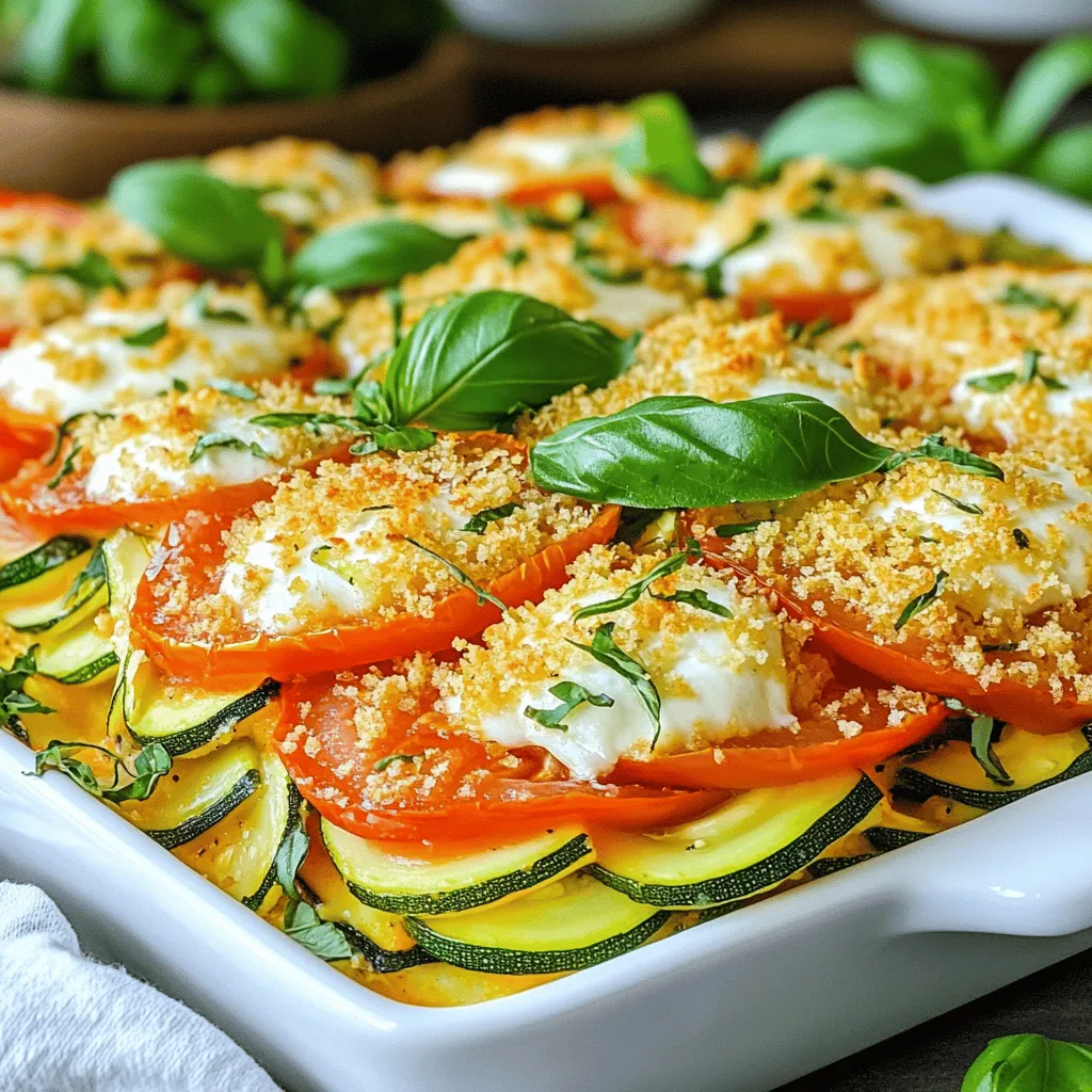 - 3 medium zucchinis - 4 large ripe tomatoes - 1 large onion - 3 cloves garlic - 1 cup shredded mozzarella cheese - 1 cup fresh basil leaves - 1 teaspoon dried oregano - ½ teaspoon red pepper flakes - ¼ cup olive oil - Salt and pepper - ½ cup breadcrumbs When I make this Tomato Zucchini Casserole, I find joy in simple, fresh ingredients. Each one plays a role in creating a dish that is both hearty and healthy. The zucchinis add a nice crunch, while the ripe tomatoes bring a burst of flavor. Each serving has about 250 calories. You get 15 grams of fat, 10 grams of carbs, and 8 grams of protein. This makes it a great meal for a light dinner. It offers a good balance of nutrients while staying low in calories. If you want to switch things up, try different cheeses. Feta or goat cheese can add a tangy kick. For veggies, you can use eggplant or bell peppers. Both can change the flavor in a fun way. For the full recipe, check the details above. Enjoy cooking! First, preheat your oven to 375°F (190°C). This step is key. If you skip it, your casserole won’t cook well. Next, prepare the vegetables. Slice the zucchinis into thin rounds. Use a sharp knife for even cuts. Slice the tomatoes and onion the same way. Mince the garlic too. In a large skillet, heat ¼ cup of olive oil over medium heat. Add the sliced onion and garlic. Sauté them for about 5-7 minutes until they are soft. This step builds great flavor. Now, grab a large baking dish. Start with the first layer. Arrange half of the sliced zucchinis in an even layer at the bottom. Next, layer half of the sliced tomatoes on top of the zucchinis. Sprinkle half of the sautéed onion and garlic mixture over the tomatoes. Season this layer with salt, pepper, half of the chopped basil, oregano, and red pepper flakes if you want some spice. Repeat these layers with the remaining zucchinis, tomatoes, onion, garlic, and seasonings. Finish the top layer with 1 cup of shredded mozzarella cheese. Then, sprinkle ½ cup of breadcrumbs over the cheese for a nice crunch. Cover the dish with foil. Bake it for 25-30 minutes. This keeps the moisture in. After that, remove the foil. Bake for another 15-20 minutes. You want the cheese to be bubbly and the top to be golden brown. Check for doneness by poking the casserole with a fork. If the veggies are tender, it’s ready. Let the casserole sit for about 5 minutes before serving. This helps the layers set. Garnish with extra fresh basil leaves for a pop of color. For the full recipe, refer to the complete guide. To get a creamy texture in your Tomato Zucchini Casserole, use fresh ingredients. Fresh zucchini and tomatoes work best. Layer the veggies tightly for a nice hold. You can add a splash of cream or milk if you like it extra creamy. For a crunchy topping, use breadcrumbs. Mix the breadcrumbs with olive oil and some grated cheese. This will give you a lovely golden crust. Bake it until the top is crisp and brown. Don’t skip this step; it makes the dish more fun! Adding herbs or spices can take your casserole to the next level. Fresh basil is a must; it brings out the best in tomatoes. You can also try thyme and rosemary for added depth. Suggested seasonings include oregano and red pepper flakes for some heat. Just a pinch of these will make your dish pop. Taste as you go, and adjust to your liking. Pair this casserole with a fresh salad or garlic bread. A light side dish balances the rich flavors. You can also serve it with grilled chicken for protein. For presentation, serve it in the baking dish for a rustic look. Garnish with extra fresh basil on top. This adds color and makes it inviting. Enjoy every bite of this savory dish! {{image_2}} To make the tomato zucchini casserole dairy-free, you can swap the mozzarella cheese for a plant-based cheese. Look for brands that melt well, so you still get that gooey texture. You can also use a mix of nutritional yeast and cashew cream for a creamy finish. For the shredded mozzarella, try these substitutes: - Vegan mozzarella cheese - Silken tofu blended with nutritional yeast - Homemade cashew cheese If you want to add some protein, you can include cooked chicken or ground beef. Simply brown the meat before adding it to the layers of the casserole. If you prefer vegetarian options, consider these: - Canned chickpeas - Cooked lentils - Quinoa These options will enhance the dish and keep it filling and satisfying. You can change the vegetables based on the season. In spring, try adding asparagus or peas. In the fall, use butternut squash or pumpkin. You can mix in these vegetables for a new twist each time you make the dish. Adapting for seasonal ingredients keeps the casserole fresh and exciting. Feel free to include whatever is ripe in your garden or local market. To store leftovers, let the casserole cool first. Cut it into portions for easy serving. Place each portion in an airtight container. This helps keep the flavors fresh. Use glass or plastic containers with tight lids. They protect the dish from air and moisture. To freeze the casserole, let it cool completely. Wrap it tightly in plastic wrap. Then, cover it with aluminum foil for extra protection. This prevents freezer burn. When you are ready to eat, thaw it overnight in the fridge. Reheat it in the oven at 350°F (175°C) until warm. You can also microwave individual portions, stirring occasionally. For optimal freshness, eat refrigerated leftovers within three days. The casserole lasts about two months in the freezer. Check for signs of spoilage before eating. Look for strange smells or discoloration. If it seems off, it’s best to throw it away. This ensures you enjoy a tasty and safe dish. Yes, you can use frozen zucchini. However, it may change the texture. Frozen zucchini has more water than fresh. It can make the casserole watery if not drained well. To avoid this, thaw the zucchini first and remove excess moisture. This keeps your casserole from becoming soggy. To adjust cooking time, you can scale down the recipe. If you make a smaller casserole, check it sooner. Start with 20 minutes of baking time. Keep an eye on the cheese. It should be bubbly and golden. Use a knife to test if the veggies are soft. Yes, you can prepare this casserole ahead of time. Assemble the layers but do not bake it yet. Cover it tightly with foil and store it in the fridge. You can bake it up to two days later. Just add a few extra minutes to the baking time if it’s cold. This makes busy nights easier and still tastes great. For the full recipe, check out the section above. This blog post covers a delicious zucchini casserole. We talked about key ingredients, nutritional information, and possible substitutions. I shared step-by-step instructions for preparation, layering, and baking. Plus, I included tips for perfect texture and flavor. We explored variations like vegan options and extra protein. Lastly, I discussed storage and answered common questions. Enjoy making and sharing this casserole. It’s tasty and easy!