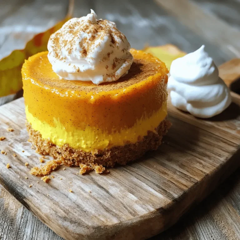 For a delicious Pumpkin Crunch Cake, gather these key ingredients: - 1 can (15 oz) pumpkin puree - 1 cup granulated sugar - 1 cup packed brown sugar - 1/4 cup vegetable oil - 4 large eggs - 2 teaspoons vanilla extract - 2 cups all-purpose flour - 2 teaspoons baking powder - 1 teaspoon baking soda - 1 teaspoon ground cinnamon - 1/2 teaspoon ground nutmeg - 1/2 teaspoon ground ginger - 1/2 teaspoon salt - 1 cup chopped pecans (optional) - 1/2 cup melted butter (for topping) - 1 cup brown sugar (for topping) - 1 cup crushed graham crackers (for topping) - 1/2 teaspoon ground cinnamon (for topping) Each ingredient plays a role in creating the rich, warm flavors of fall. Pumpkin puree gives moisture and sweetness, while sugars add depth. The spices bring out the essence of autumn. You can enhance your Pumpkin Crunch Cake with optional ingredients: - Chopped pecans add a nice crunch. You can swap them for walnuts or leave them out for a nut-free cake. - Consider toppings like whipped cream, a scoop of vanilla ice cream, or a sprinkle of cinnamon for extra flavor and flair. Using these optional ingredients can personalize your cake. Each choice brings its unique taste and texture. Now let’s look at the nutritional side. - Caloric content: Each serving has about 350 calories. - Main nutrients: - Carbohydrates: 56g - Protein: 6g - Fat: 12g - Fiber: 2g This cake provides a balance of carbs and fats, making it a satisfying treat. Be mindful of portion sizes, especially if you are watching calories. Enjoying a slice can be a delightful part of your fall festivities. First, preheat your oven to 350°F (175°C). While the oven warms, grease a 9x13 inch baking pan. This helps the cake not stick. Next, grab a large mixing bowl. Combine the pumpkin puree, granulated sugar, brown sugar, vegetable oil, eggs, and vanilla extract. Mix until the ingredients are smooth and well blended. This will be the base of your cake. In a different bowl, whisk together the flour, baking powder, baking soda, cinnamon, nutmeg, ginger, and salt. This mix gives the cake its flavor and texture. Gradually add this dry mix to the pumpkin mixture. Stir gently until just combined. Be careful not to overmix; this can make the cake tough. If you want to add pecans, fold them in now. Pour the batter into your prepared pan. Spread it evenly to ensure it bakes well. In a small bowl, mix melted butter, brown sugar, crushed graham crackers, and cinnamon for the topping. Sprinkle this mixture over the batter. Bake your cake for 45-50 minutes. To check if it's done, insert a toothpick in the center. It should come out clean. Once baked, let the cake cool in the pan for at least 20 minutes before serving. How to avoid overmixing Overmixing can make your cake tough. Mix gently when combining wet and dry ingredients. Stir until just mixed. You want some lumps in the batter. This keeps your cake soft and fluffy. Ensuring even baking To bake evenly, spread the batter smoothly in the pan. Use a spatula to flatten the top. Make sure your oven is preheated to 350°F (175°C). Place the cake in the center of the oven. This helps it bake evenly all around. Serving suggestions Serve your Pumpkin Crunch Cake warm or at room temperature. It tastes great with whipped cream or a scoop of vanilla ice cream. You can also serve it with a drizzle of caramel sauce for extra sweetness. Garnishing ideas for an appealing look Garnish with a sprinkle of ground cinnamon or some chopped pecans. You can also add a few fresh pumpkin seeds on top. This adds color and a fun touch to your cake. Over or under baking Check your cake at 45 minutes. Insert a toothpick in the center. If it comes out clean, your cake is done. If it has batter on it, bake for a few more minutes. Watch closely to avoid overbaking, which can dry it out. Substitution errors Stick to the recipe for best results. Substituting ingredients can change the flavor or texture. For example, using a different sugar can affect how the cake rises. If you want to change flavors, try adding spices instead of swapping key ingredients. Remember, these tips will help you create a delicious and beautiful Pumpkin Crunch Cake. For the full recipe, check out the complete instructions! {{image_2}} You can change the flavors of Pumpkin Crunch Cake with some fun twists. Adding spices like allspice or cloves can give it a warm kick. You might also try mixing in some chocolate chips for a sweet surprise. If you want crunch, use different nuts like walnuts or almonds. Adding fruits, like diced apples or raisins, can also add a new taste. Think of these as ways to make the cake your own. For those who need gluten-free options, swap the all-purpose flour for a gluten-free blend. Many brands work well in baking. If you want a vegan version, replace the eggs with flax eggs. Just mix one tablespoon of flaxseed meal with three tablespoons of water for each egg. Use a plant-based oil instead of vegetable oil, too. These changes keep the cake tasty and friendly for all diets. Pair your Pumpkin Crunch Cake with a warm drink like cider or coffee. The flavors mix well and make for a cozy snack. You can also serve it with whipped cream or vanilla ice cream on top for a special touch. If you want something different, try serving it as mini cupcakes or in jars for a fun dessert. Each way to serve it offers a new experience. For the full recipe, check the detailed steps above. To store Pumpkin Crunch Cake at room temperature, cover it tightly with plastic wrap. This keeps it moist and fresh. You can leave it out for up to three days. If you want to keep it longer, refrigeration is a good option. Place the cake in an airtight container. It will stay fresh for about a week in the fridge. For long-term storage, freezing is best. Cut the cake into portions for easy thawing. Wrap each piece in plastic wrap, then place it in a freezer-safe bag. This way, it stays fresh for up to three months. Use heavy-duty foil or a freezer-safe container to prevent freezer burn. To defrost, place the cake in the fridge overnight. This keeps it from getting soggy. If you’re in a hurry, you can use the microwave. Heat it on low for a few seconds, checking often. To maintain texture when reheating, avoid high heat. An oven set to 300°F (150°C) warms it gently, keeping it soft and delicious. Enjoy your Pumpkin Crunch Cake again, just like fresh! Pumpkin Crunch Cake is a delicious fall dessert. It has layers of pumpkin, spices, and a crunchy topping. The cake is moist and rich, with a warm flavor that makes it perfect for autumn. The topping is made from crushed graham crackers, pecans, and brown sugar. Each bite gives you a mix of soft cake and crunchy goodness. You can serve it warm or at room temperature, and it pairs well with whipped cream or ice cream. Yes, you can make Pumpkin Crunch Cake ahead of time. It stays fresh for up to three days when stored properly. To store, cover the cake with plastic wrap or foil. Keep it at room temperature for a day or two. After that, it’s best to refrigerate it. If you want to freeze it, wrap it tightly and store it for up to three months. Just remember to let it cool completely before wrapping. To get the best texture, avoid overmixing your batter. Mix just until the wet and dry ingredients come together. This keeps the cake light and fluffy. Also, make sure to use fresh pumpkin puree. If you use canned puree, check the label for any added ingredients. Baking at the right temperature is key too. Use an oven thermometer for accuracy. Finally, let the cake cool in the pan for a while before serving. Yes, you can substitute pumpkin puree. If you can’t find it, you can use sweet potato puree or butternut squash puree. Both options give a similar taste and texture. You can also make your own puree by roasting pumpkin. Just scoop the flesh and blend it until smooth. This way, you control the flavor and freshness. Using these alternatives can create a fun twist on the classic recipe. For the full recipe, check out the detailed instructions to make your Pumpkin Crunch Cake irresistible! This blog post covered the essential ingredients for pumpkin crunch cake. We discussed both key and optional items, plus nutritional data. I provided clear steps for preparation, baking, and tips to avoid common mistakes. Remember, small changes can lead to big flavors. Enjoy experimenting with variations and serving suggestions. Follow the storage tips to keep your cake fresh. Embrace the joy of baking this tasty treat! You’ll impress everyone with your new skills.