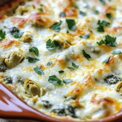 To make a great spinach artichoke dip, you need fresh and tasty ingredients. Here’s the list of what you will need: - Fresh spinach - Artichoke hearts - Cream cheese - Sour cream - Mayonnaise - Shredded mozzarella cheese - Grated Parmesan cheese - Minced garlic - Red pepper flakes - Salt and pepper - Fresh parsley for garnish Each ingredient plays a key role in making this dip creamy and full of flavor. The fresh spinach adds a nice green touch, while artichoke hearts bring a unique taste that stands out. Cream cheese, sour cream, and mayonnaise create a rich, smooth base. Mozzarella and Parmesan cheese work together to give that cheesy goodness we all love. Garlic adds depth, and red pepper flakes can give it a little kick if you like heat. Don’t forget salt and pepper to season it just right. Finally, fresh parsley isn’t just for looks; it adds a pop of flavor and color. For the full recipe, check out Savory Spinach Artichoke Delight. 1. Preheat your oven to 350°F (175°C). This step warms the oven for even baking. 2. In a large mixing bowl, combine the cream cheese, sour cream, and mayonnaise. Mix until smooth and creamy. 3. Next, stir in the chopped spinach, artichoke hearts, and minced garlic. Make sure everything blends well. 1. Transfer the mixture to a baking dish. Spread it evenly across the dish. 2. Bake in the preheated oven for 25-30 minutes. Check for doneness when it bubbles and turns golden. 3. Once done, remove it from the oven. Let it cool for a few minutes. Garnish with fresh parsley before serving. For more details, check the Full Recipe. To ensure a creamy texture in your spinach artichoke dip, use softened cream cheese. This helps it mix well with other ingredients. If your dip is too thick, add a bit more sour cream. This adds creaminess without changing the taste too much. Adjusting seasoning is important for personal taste. Start with salt and pepper, then taste the dip. You can add more seasoning as needed. If you like spice, consider adding more red pepper flakes. Using quality cheese really makes a difference. I recommend fresh mozzarella and good Parmesan. These cheeses melt well and add great flavor. Avoid pre-shredded cheese if you can; it often has anti-caking agents that affect meltability. When serving your dip, think about great sides. Tortilla chips, sliced baguette, or fresh veggies work well. They help balance the rich flavors of the dip. Consider creative serving ideas, such as a bread bowl. Simply hollow out a round loaf of bread, fill it with the dip, and serve. This creates a fun way to enjoy the dish. You can also serve it with crackers or pita chips for variety. For the full recipe, check out the detailed steps to create this tasty dish. {{image_2}} You can easily swap some ingredients to make this dip even better. For a healthier option, try using Greek yogurt instead of sour cream and mayonnaise. Greek yogurt gives a creamy texture with less fat. You can also use low-fat cream cheese for a lighter dip. When it comes to cheese, feel free to mix things up. You can add goat cheese for a tangy taste or use sharp cheddar for extra flavor. Adding spices like smoked paprika or cumin can also make your dip unique. These small changes can take the classic taste to new heights. If you have dietary needs, don’t worry! You can make this dip gluten-free by ensuring your ingredients are safe. Most canned artichokes and spices are gluten-free, so just check the labels. For dairy-free or vegan options, substitute cream cheese and sour cream with cashew cream or coconut cream. Nutritional yeast can replace the cheese, adding a cheesy flavor without dairy. These swaps keep the dip rich and tasty while meeting your diet needs. With these variations, you can enjoy spinach artichoke dip in many delicious ways! For the full recipe, check out the Savory Spinach Artichoke Delight. To keep your spinach artichoke dip fresh, store it in an airtight container. Make sure it cools down first. The dip lasts in the fridge for about 3 to 5 days. When you want to reheat it, place it in an oven-safe dish. Cover it with foil to keep it moist. Heat it at 350°F (175°C) for around 15 to 20 minutes. Stir it halfway through so it warms evenly. This method helps maintain the dip's creamy texture and flavor. If you have extra dip, freezing is a great option. First, let it cool completely. Then, scoop it into a freezer-safe container. Leave some space at the top, as it will expand when frozen. Seal the container tightly and label it with the date. The dip can last in the freezer for up to 3 months. To thaw, move it to the fridge overnight. When ready to eat, reheat it in the oven, covered, at 350°F (175°C) until hot. This way, you can enjoy your tasty spinach artichoke dip anytime! For the full recipe, check out the earlier section. Can I make spinach artichoke dip ahead of time? Yes, you can prepare the dip a day in advance. Just mix all the ingredients and store it in the fridge. When you're ready to serve, bake it according to the recipe. This saves time when guests arrive. What is the best way to serve this dip? Serve the dip warm from the oven. Pair it with tortilla chips, bread, or veggie sticks. You can also put it in a bread bowl for a fun twist. This makes for a great party snack! Can I use frozen spinach instead of fresh? Absolutely! Frozen spinach works well. Just make sure to thaw and drain it first. Squeeze out extra water to keep the dip creamy. This way, you get great flavor without the hassle of fresh spinach. Breakdown of the nutritional content per serving Each serving has about 250 calories. You get 20g of fat and 9g of carbs. It also has 6g of protein. This makes it a hearty snack for gatherings. Tips for lowering calories or fat content To make a lighter version, use low-fat cream cheese and Greek yogurt instead of sour cream and mayonnaise. You can also reduce the cheese or swap in nutritional yeast for a cheesy flavor. These swaps keep it tasty while lowering the calories. This blog shows how to make a tasty spinach artichoke dip. We covered ingredients, step-by-step instructions, and helpful tips. You learned how to store leftovers and adapt recipes for dietary needs. Remember, great dips start with quality ingredients and care in preparation. Use this guide to impress friends at your next gathering. Enjoy the creamy, cheesy goodness of this classic dish!