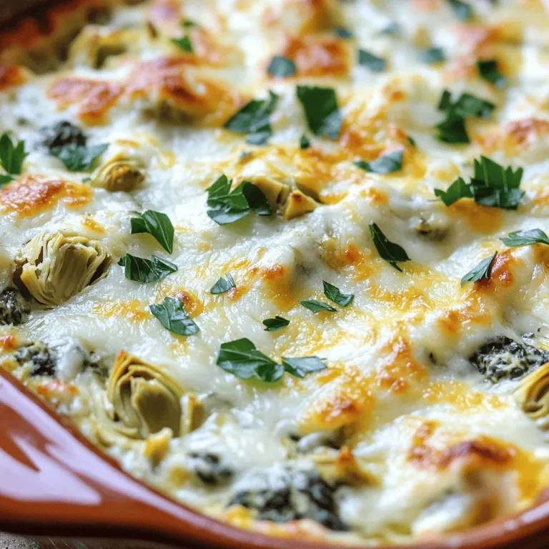 To make a great spinach artichoke dip, you need fresh and tasty ingredients. Here’s the list of what you will need: - Fresh spinach - Artichoke hearts - Cream cheese - Sour cream - Mayonnaise - Shredded mozzarella cheese - Grated Parmesan cheese - Minced garlic - Red pepper flakes - Salt and pepper - Fresh parsley for garnish Each ingredient plays a key role in making this dip creamy and full of flavor. The fresh spinach adds a nice green touch, while artichoke hearts bring a unique taste that stands out. Cream cheese, sour cream, and mayonnaise create a rich, smooth base. Mozzarella and Parmesan cheese work together to give that cheesy goodness we all love. Garlic adds depth, and red pepper flakes can give it a little kick if you like heat. Don’t forget salt and pepper to season it just right. Finally, fresh parsley isn’t just for looks; it adds a pop of flavor and color. For the full recipe, check out Savory Spinach Artichoke Delight. 1. Preheat your oven to 350°F (175°C). This step warms the oven for even baking. 2. In a large mixing bowl, combine the cream cheese, sour cream, and mayonnaise. Mix until smooth and creamy. 3. Next, stir in the chopped spinach, artichoke hearts, and minced garlic. Make sure everything blends well. 1. Transfer the mixture to a baking dish. Spread it evenly across the dish. 2. Bake in the preheated oven for 25-30 minutes. Check for doneness when it bubbles and turns golden. 3. Once done, remove it from the oven. Let it cool for a few minutes. Garnish with fresh parsley before serving. For more details, check the Full Recipe. To ensure a creamy texture in your spinach artichoke dip, use softened cream cheese. This helps it mix well with other ingredients. If your dip is too thick, add a bit more sour cream. This adds creaminess without changing the taste too much. Adjusting seasoning is important for personal taste. Start with salt and pepper, then taste the dip. You can add more seasoning as needed. If you like spice, consider adding more red pepper flakes. Using quality cheese really makes a difference. I recommend fresh mozzarella and good Parmesan. These cheeses melt well and add great flavor. Avoid pre-shredded cheese if you can; it often has anti-caking agents that affect meltability. When serving your dip, think about great sides. Tortilla chips, sliced baguette, or fresh veggies work well. They help balance the rich flavors of the dip. Consider creative serving ideas, such as a bread bowl. Simply hollow out a round loaf of bread, fill it with the dip, and serve. This creates a fun way to enjoy the dish. You can also serve it with crackers or pita chips for variety. For the full recipe, check out the detailed steps to create this tasty dish. {{image_2}} You can easily swap some ingredients to make this dip even better. For a healthier option, try using Greek yogurt instead of sour cream and mayonnaise. Greek yogurt gives a creamy texture with less fat. You can also use low-fat cream cheese for a lighter dip. When it comes to cheese, feel free to mix things up. You can add goat cheese for a tangy taste or use sharp cheddar for extra flavor. Adding spices like smoked paprika or cumin can also make your dip unique. These small changes can take the classic taste to new heights. If you have dietary needs, don’t worry! You can make this dip gluten-free by ensuring your ingredients are safe. Most canned artichokes and spices are gluten-free, so just check the labels. For dairy-free or vegan options, substitute cream cheese and sour cream with cashew cream or coconut cream. Nutritional yeast can replace the cheese, adding a cheesy flavor without dairy. These swaps keep the dip rich and tasty while meeting your diet needs. With these variations, you can enjoy spinach artichoke dip in many delicious ways! For the full recipe, check out the Savory Spinach Artichoke Delight. To keep your spinach artichoke dip fresh, store it in an airtight container. Make sure it cools down first. The dip lasts in the fridge for about 3 to 5 days. When you want to reheat it, place it in an oven-safe dish. Cover it with foil to keep it moist. Heat it at 350°F (175°C) for around 15 to 20 minutes. Stir it halfway through so it warms evenly. This method helps maintain the dip's creamy texture and flavor. If you have extra dip, freezing is a great option. First, let it cool completely. Then, scoop it into a freezer-safe container. Leave some space at the top, as it will expand when frozen. Seal the container tightly and label it with the date. The dip can last in the freezer for up to 3 months. To thaw, move it to the fridge overnight. When ready to eat, reheat it in the oven, covered, at 350°F (175°C) until hot. This way, you can enjoy your tasty spinach artichoke dip anytime! For the full recipe, check out the earlier section. Can I make spinach artichoke dip ahead of time? Yes, you can prepare the dip a day in advance. Just mix all the ingredients and store it in the fridge. When you're ready to serve, bake it according to the recipe. This saves time when guests arrive. What is the best way to serve this dip? Serve the dip warm from the oven. Pair it with tortilla chips, bread, or veggie sticks. You can also put it in a bread bowl for a fun twist. This makes for a great party snack! Can I use frozen spinach instead of fresh? Absolutely! Frozen spinach works well. Just make sure to thaw and drain it first. Squeeze out extra water to keep the dip creamy. This way, you get great flavor without the hassle of fresh spinach. Breakdown of the nutritional content per serving Each serving has about 250 calories. You get 20g of fat and 9g of carbs. It also has 6g of protein. This makes it a hearty snack for gatherings. Tips for lowering calories or fat content To make a lighter version, use low-fat cream cheese and Greek yogurt instead of sour cream and mayonnaise. You can also reduce the cheese or swap in nutritional yeast for a cheesy flavor. These swaps keep it tasty while lowering the calories. This blog shows how to make a tasty spinach artichoke dip. We covered ingredients, step-by-step instructions, and helpful tips. You learned how to store leftovers and adapt recipes for dietary needs. Remember, great dips start with quality ingredients and care in preparation. Use this guide to impress friends at your next gathering. Enjoy the creamy, cheesy goodness of this classic dish!