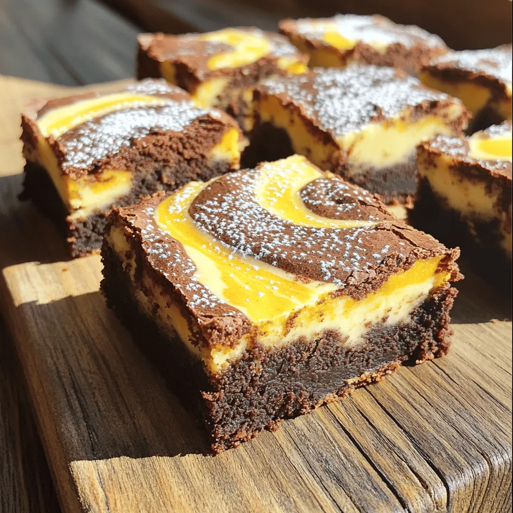 To make these tasty brownies, you will need: - 1 cup unsalted butter (melted) - 2 cups granulated sugar - 1 teaspoon vanilla extract - 4 large eggs - 1 cup all-purpose flour - 2/3 cup unsweetened cocoa powder - 1/4 teaspoon baking powder - 1/4 teaspoon salt - 1 teaspoon espresso powder (optional) - 1 cup pumpkin puree - 8 oz cream cheese (softened) - 1/2 cup powdered sugar - 1 teaspoon pumpkin pie spice - 1 tablespoon lemon juice If you need to swap some items, here are some ideas: - Use coconut oil instead of butter for a dairy-free option. - Substitute brown sugar for granulated sugar to add a rich flavor. - If you don’t have pumpkin puree, use mashed bananas for a different taste. - For a lighter option, consider using Greek yogurt in place of cream cheese. Using good ingredients makes a big difference. Fresh eggs and high-quality cocoa powder can enhance flavor. Organic pumpkin puree offers better taste and nutrition. Always choose full-fat cream cheese for a creamy texture. This ensures your brownies come out rich and delicious. Don't rush this step; it pays off in the end. For the full recipe, check out the complete guide. Start by preheating your oven to 350°F (175°C). Greasing the baking dish is key. Use a 9x13 inch dish for the best results. Line it with parchment paper, letting it hang over the edges. This helps with easy removal later. In a large bowl, mix the melted butter and granulated sugar together until smooth. You want this blend to feel creamy. Next, add in the vanilla extract, then the eggs one by one. Make sure to mix each egg well before adding the next one. In another bowl, whisk together the flour, cocoa powder, baking powder, salt, and espresso powder. Gradually mix this dry blend into your wet mixture until combined. Avoid overmixing to keep the brownies soft. In a separate bowl, beat the cream cheese until it is smooth. Add the pumpkin puree, powdered sugar, pumpkin pie spice, and lemon juice. Mix until it is creamy and well-blended. This will create a rich, flavorful swirl for your brownies. Pour half of your brownie batter into the prepared baking dish. Spread it out evenly. Next, drop spoonfuls of the pumpkin cheesecake mixture over the brownie batter. Then, add the rest of the brownie batter on top. Use a knife or skewer to swirl the pumpkin mixture gently into the brownie batter. Be careful not to overmix; you want to see that marbled effect. Bake the brownies in the preheated oven for 30-35 minutes. Insert a toothpick into the center; it should come out mostly clean. A few crumbs are fine. Allow the brownies to cool completely in the pan on a wire rack. Once cool, lift them out using the parchment paper overhang. Cut into squares and enjoy! For the full recipe, check the detailed instructions above. To create the perfect swirl in your brownies, you need a gentle touch. After layering your pumpkin cheesecake mix on the brownie batter, use a knife or skewer. Start from one edge and move towards the other. Make gentle figure-eight motions to blend the mixes. Keep the movements light to avoid overmixing. You want a nice marbled effect, not a solid color. Practice makes perfect, so don’t worry if it takes a few tries! There are a few common mistakes to watch out for. First, don’t overmix your brownie batter. Overmixing can lead to tough brownies. Second, make sure your cream cheese is very soft. If it’s too cold, it won’t blend well. Also, don’t skip the lemon juice; it brightens the flavor. Lastly, allow the brownies to cool completely before cutting. Cutting too soon can cause them to fall apart. You can easily enhance the flavor of your pumpkin cheesecake swirl brownies. Try adding a pinch of salt to the pumpkin mixture for balance. Espresso powder deepens the chocolate flavor, so don’t skip that if you like strong flavors. You can also mix in chocolate chips for extra chocolatey goodness. Lastly, top your brownies with a sprinkle of cinnamon or nutmeg for a warm, cozy touch. For the full recipe, don't forget to check the details! {{image_2}} You can make these brownies gluten-free with simple swaps. Use 1 cup of almond flour or a gluten-free all-purpose flour mix instead of regular flour. This keeps the texture nice and chewy. Check the labels to make sure your cocoa powder is also gluten-free. You can enjoy all the flavors without missing out! To make these brownies vegan, replace the eggs with flax eggs. Mix 1 tablespoon of ground flaxseed with 2.5 tablespoons of water for each egg. Let it sit for a few minutes until it thickens. Use plant-based butter instead of regular butter. Replace cream cheese with a vegan cream cheese brand. These swaps keep the taste rich and creamy. Want to change up the flavor? You can add spices like cinnamon, nutmeg, or ginger. Each spice adds a unique twist. For a warm kick, add 1/2 teaspoon of cayenne pepper to the brownie batter. If you want a more traditional taste, stick with pumpkin pie spice. These variations help you customize your brownies based on your mood. For the full recipe, check out the details above to create your perfect treat! To keep your pumpkin cheesecake swirl brownies fresh, store them in an airtight container. This method helps retain moisture and flavor. If you stack them, add parchment paper between layers. This prevents sticking and keeps the swirls intact. You can freeze these brownies for later enjoyment. First, let them cool completely. Then, wrap them tightly in plastic wrap and place them in a freezer-safe bag. Make sure to remove as much air as possible to avoid freezer burn. They freeze well for up to three months. Stored properly, brownies will last for about a week at room temperature. You can keep them in the fridge for up to two weeks. However, they taste best when fresh. For maximum flavor, enjoy them within the first few days after baking. For the complete recipe, refer to the Full Recipe section. Yes, you can make these brownies ahead of time. Bake them, then cool completely. Store in an airtight container at room temperature for up to three days. For longer storage, wrap brownies tightly and freeze. You can enjoy them later by thawing at room temperature. These brownies pair well with many treats. Try serving them with: - Whipped cream - Vanilla ice cream - A drizzle of caramel sauce - Chopped nuts for crunch Each option adds a different flavor and texture. You could also serve them with a warm drink like spiced cider or coffee. To check if your brownies are done, use a toothpick. Insert it into the center of the brownies. If it comes out with a few moist crumbs, they are ready. If the toothpick comes out clean, they may be overbaked. Keep an eye on the baking time to achieve the perfect texture. Enjoy the full recipe for more details! In this post, I shared how to make delicious Pumpkin Cheesecake Swirl Brownies. We covered the best ingredients, the right steps for mixing, and some useful tips. Quality ingredients matter for great taste. I also shared variations for gluten-free and vegan options. Try these brownies to impress friends and family. With practice, you will master this tasty treat. Enjoy the sweet rewards of your hard work!