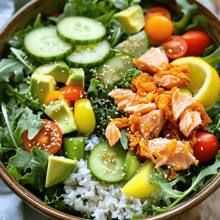 - 1 cup sushi rice - 2 cups water - 1 tablespoon rice vinegar - 1 teaspoon sugar - 1/2 teaspoon salt - 1 pound salmon fillet - 2 tablespoons olive oil - 1 teaspoon lemon zest - 1 tablespoon lemon juice - 1 cup mixed salad greens (arugula, spinach, and kale) - 1 small cucumber, diced - 1/2 bell pepper, diced - 1/2 avocado, sliced - 1/4 cup cherry tomatoes, halved - 2 tablespoons sesame seeds - Salt and black pepper to taste For the sushi rice, using 1 cup gives perfect texture. You should use 2 cups of water for cooking. This ratio ensures the rice cooks well. You need 1 tablespoon of rice vinegar to add flavor. The 1 teaspoon of sugar balances the vinegar's acidity. Use 1/2 teaspoon of salt to enhance the rice's taste. For salmon, 1 pound is ideal. Cooking it with 2 tablespoons of olive oil adds richness. The zest of 1 teaspoon lemon brightens the dish. Use 1 tablespoon of lemon juice for a fresh finish. The salad greens should total 1 cup for a nice base. Diced 1 small cucumber adds crispness. A 1/2 bell pepper gives color and crunch. Use 1/2 avocado sliced for creaminess. The 1/4 cup of halved cherry tomatoes adds sweetness. Lastly, sprinkle 2 tablespoons of sesame seeds for texture. Season with salt and black pepper to your taste. Feel free to add more veggies, like shredded carrots or radishes. You can switch the salmon for grilled chicken or tofu if you prefer. Add fresh herbs like cilantro or basil for extra flavor. Consider drizzling a spicy sauce for a kick. Start by rinsing the sushi rice. Place it in a bowl and run cold water over it. Swirl the rice gently until the water turns clear. This step removes excess starch. After that, drain the rice well. In a medium saucepan, combine the rinsed rice and two cups of water. Bring it to a boil, then lower the heat. Cover the pot and let it simmer for about 15 minutes. The rice should be tender when done. After cooking, let it sit for 10 minutes while covered. This helps the rice finish cooking. Transfer the rice to a bowl. In a small bowl, mix rice vinegar, sugar, and salt until dissolved. Pour this over the warm rice and fold gently. Let it cool to room temperature. This is your flavorful sushi rice. For the salmon, start by heating olive oil in a non-stick skillet over medium-high heat. Season the salmon fillet with salt, black pepper, and lemon zest. Once the oil is hot, place the salmon skin-side down. Cook it for about 4 to 5 minutes. Flip the salmon and cook for another 3 to 4 minutes. The salmon should be cooked through and crispy on the outside. Remove it from the skillet and let it rest for a few minutes. This resting time is important for keeping the fish moist. While the salmon rests, prepare the salad. In a large bowl, combine mixed greens, diced cucumber, bell pepper, avocado, and cherry tomatoes. This mix adds color and nutrition. Next, flake the cooled salmon into large chunks. Gently fold this salmon into the salad. Add the crispy sushi rice for texture. Drizzle lemon juice over the top and sprinkle sesame seeds for extra crunch. Toss everything gently to combine. This salad is fresh and full of flavor. Serve it immediately, and feel free to add extra avocado slices for a creamy touch. For the full recipe, refer to the earlier section with all the ingredients. To cook salmon well, choose fresh fillets. Look for bright color and no fishy smell. Use a non-stick pan for easy cooking. Heat the pan first before adding oil. This step helps create a nice crust. Season the salmon with salt and pepper for flavor. Cook skin-side down first. This keeps the fish moist. Aim for a cook time of about 4-5 minutes on one side. Flip it gently and cook for another 3-4 minutes. It should be crispy outside and tender inside. For crispy rice, start with sushi rice. Rinse the rice well until the water runs clear. This removes excess starch. Cook the rice with the right water ratio. Use 1 cup of rice to 2 cups of water. After cooking, let it sit covered for 10 minutes. Mix rice vinegar, sugar, and salt for added flavor. Fold this mixture into the warm rice gently. Once the rice cools, heat a pan with oil. Press the rice into the pan to make a thin layer. Cook until golden and crispy, about 4-5 minutes per side. Serve the salad fresh for the best taste. You can add extra toppings like nuts or seeds for crunch. Consider a light dressing, like a lemon vinaigrette, for added zing. Garnish with avocado slices for a creamy touch. This salad pairs well with a chilled white wine. Enjoy it as a light lunch or dinner. For the complete recipe, check the section above. {{image_2}} You can easily change some ingredients in this salad. For the sushi rice, use brown rice for more fiber. If you want a different taste, quinoa works great too. Instead of salmon, you can try grilled chicken or tofu. This adds variety and makes it suitable for different diets. Swap out the vegetables, too. Try adding radishes for crunch, or shredded carrots for sweetness. You can mix in your favorite greens, like romaine or butter lettuce. Adding more protein can make this salad heartier. Shrimp, scallops, or even chickpeas add great texture and flavor. If you prefer plant-based options, consider edamame or lentils. For extra veggies, include roasted sweet potatoes or beets. These ingredients not only boost nutrition but also add color to your plate. To enhance flavors, consider different dressings. A sesame ginger dressing pairs wonderfully with this salad. You can mix soy sauce, ginger, and garlic for a quick option. If you like spice, add a dash of sriracha or chili flakes. Fresh herbs like cilantro or basil can brighten each bite. A squeeze of lime juice can also add a zesty kick. You can find the full recipe and try these variations. To store leftovers, first let the salad cool down. Place it in an airtight container. Keep it in the fridge for up to two days. Make sure to store the crispy rice separately to keep it crunchy. This way, you can enjoy your salad later without losing texture. When ready to eat leftovers, avoid microwaving the salad directly. Instead, reheat the salmon in a skillet over low heat. Add a splash of water to keep it moist. If you need to warm up the rice, use the same skillet. Just add a bit of olive oil and heat until crispy again. Freezing this salad isn’t the best choice. The fresh ingredients do not freeze well. However, you can freeze the cooked salmon. Wrap it tightly in plastic wrap, then place it in a freezer bag. It will keep for up to a month. Thaw it in the fridge before using it again. For the best taste, make the salad fresh each time. For the full recipe, refer to the earlier section. Crispy rice is made from sushi rice that gets cooked and seasoned. After cooking, I cool it and pan-fry it until it is crunchy. This gives a fun texture to the salad. The rice adds a delightful crunch that contrasts with the tender salmon and fresh veggies. Yes, you can prepare parts of the salad ahead. You can cook the sushi rice and salmon in advance. Store them separately in the fridge. Mix the salad greens and veggies just before serving. This keeps everything fresh and crisp. Yes, this recipe is gluten-free. It uses sushi rice, fresh veggies, and salmon. Just make sure to use gluten-free rice vinegar. Always check labels if you have allergies. Enjoy this salad worry-free! This post covered how to create a delicious sushi salad. We explored the ingredients and their measurements. You learned how to prepare the sushi rice and cook the salmon. I shared tips for making crispy rice and different serving ideas. We also discussed ingredient swaps for variations and storage tips for leftovers. Remember, cooking is all about creativity. Enjoy the process and make it your own!