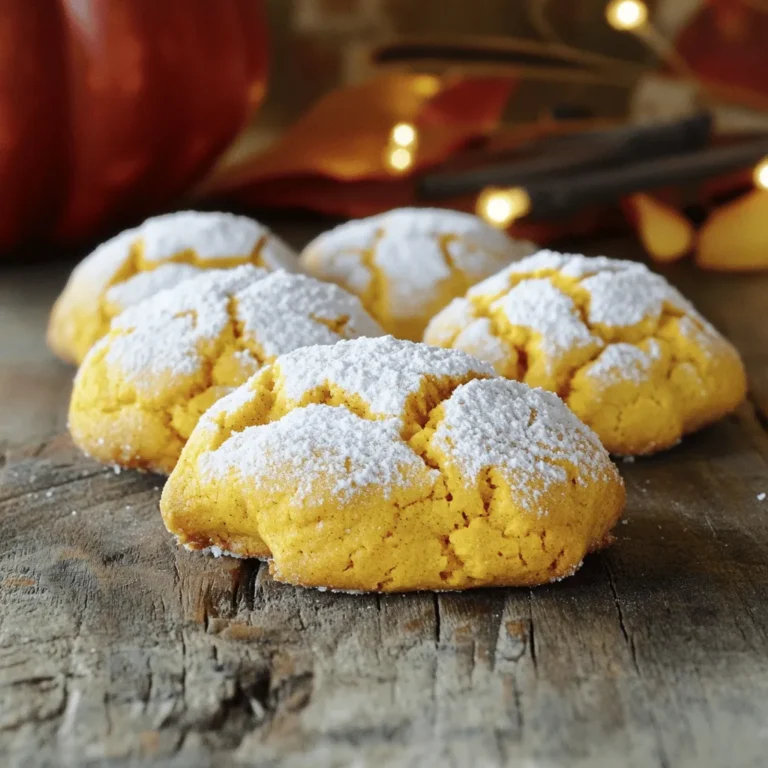 To make these delightful pumpkin crinkle cookies, gather the following ingredients: - 1 cup canned pumpkin puree - 1/2 cup vegetable oil - 1 cup brown sugar - 1/2 cup granulated sugar - 2 teaspoons vanilla extract - 2 cups all-purpose flour - 2 teaspoons baking powder - 1 teaspoon baking soda - 1 teaspoon ground cinnamon - 1/2 teaspoon ground ginger - 1/4 teaspoon ground nutmeg - 1/4 teaspoon salt - 1/2 cup powdered sugar (for rolling) These ingredients come together to create soft, chewy cookies with a lovely crinkle effect. Using canned pumpkin puree makes this recipe easy. The spices bring warmth and flavor that scream fall. I love the balance of brown sugar and granulated sugar for sweetness. The vegetable oil keeps the cookies moist. Make sure to measure accurately for the best results. Each ingredient plays a role in the flavor and texture. If you have all these on hand, you will be ready to bake a batch of pumpkin crinkle cookies. For the full recipe, check the earlier section. 1. Preheat oven and prepare baking sheets Start by preheating your oven to 350°F (175°C). This step is crucial for even baking. Line two baking sheets with parchment paper. This keeps the cookies from sticking and makes cleanup easy. 2. Mix wet ingredients together In a large mixing bowl, combine 1 cup of canned pumpkin puree, 1/2 cup of vegetable oil, 1 cup of brown sugar, 1/2 cup of granulated sugar, and 2 teaspoons of vanilla extract. Stir these ingredients until they mix well. The mixture should be smooth and creamy. 3. Combine dry ingredients In a separate bowl, whisk together 2 cups of all-purpose flour, 2 teaspoons of baking powder, 1 teaspoon of baking soda, 1 teaspoon of ground cinnamon, 1/2 teaspoon of ground ginger, 1/4 teaspoon of ground nutmeg, and 1/4 teaspoon of salt. This mix adds flavor and helps the cookies rise. 1. Chill the dough After mixing the wet and dry ingredients together, chill the dough in the fridge for about 30 minutes. Chilling helps the dough firm up, making it easier to roll into balls. 2. Roll dough into balls and coat Once chilled, use a cookie scoop or a spoon to take about 1.5 tablespoons of dough. Roll each piece into a ball. Next, roll each ball in 1/2 cup of powdered sugar until fully coated. This step creates the cookie's signature crinkle effect. 3. Bake and cool Place the powdered dough balls about 2 inches apart on the baking sheets. Bake in your preheated oven for 12-15 minutes. Look for edges that are set and tops that are crinkled. Once done, let the cookies cool on the sheets for 5 minutes. Then, move them to a wire rack to cool completely. Enjoy your delicious Pumpkin Crinkle Cookies! For the full recipe, refer to the previous section. To get the best texture, chilling the dough is key. When you chill the dough, it firms up. This helps the cookies hold their shape while baking. I recommend chilling for at least 30 minutes. If you skip this step, the cookies may spread too much. Avoiding overmixing is also important. When you combine the wet and dry ingredients, mix just until they come together. Overmixing can create tough cookies. Aim for a thick and slightly sticky dough for that perfect crinkle. Pair your pumpkin crinkle cookies with warm drinks. They go well with apple cider or a cozy cup of chai tea. For a twist, try them with a scoop of vanilla ice cream. Presentation matters too! Arrange the cookies on a festive plate. Dust them lightly with more powdered sugar for a touch of elegance. Add some cinnamon sticks or fall leaves for a nice autumn vibe. For the full recipe, check out the details above! {{image_2}} You can easily make these cookies gluten-free. To do this, substitute all-purpose flour with a gluten-free flour blend. Look for one that includes xanthan gum, as this helps bind the dough. The texture will be slightly different, but still delicious. Just ensure that all your ingredients are gluten-free. This option allows everyone to enjoy pumpkin crinkle cookies. If you're looking for a vegan version, replace the eggs and oils. You can use 1/4 cup of unsweetened applesauce instead of an egg. For oil, try using melted coconut oil or a neutral oil like canola. Both work well in this recipe. The cookies will still be moist and flavorful, making them a great treat for all. Want to mix it up? You can easily add chocolate chips or nuts to your cookies. Chocolate chips give a sweet touch and pair well with pumpkin. If you like crunch, chop up some walnuts or pecans. Add about 1/2 cup of your choice to the dough when mixing the dry and wet ingredients. This will give your cookies a fun twist. For the full recipe, check out the details above. Enjoy these tasty variations! To keep your pumpkin crinkle cookies fresh, store them in an airtight container. This helps keep them soft and chewy. You can place a slice of bread in the container. The bread adds moisture and keeps the cookies from drying out. Make sure to store them at room temperature, away from heat and light. Freezing the unbaked dough is a great idea for later. First, scoop the dough into balls and roll them in powdered sugar. Place the dough balls on a baking sheet lined with parchment paper. Freeze them for about two hours. Once frozen, transfer the dough balls to a freezer bag. Seal it tightly and label it with the date. You can freeze the dough for up to three months. When you want cookies, just bake them straight from the freezer. Add a couple of minutes to the baking time for best results. Baked pumpkin crinkle cookies stay fresh for about one week at room temperature. If you store them properly, they can last up to two weeks. For longer storage, keep them in the freezer. The cookies will still taste great for up to three months. Always check for signs of spoilage before eating. Enjoy the full recipe and make the most of your delicious treats! To make Pumpkin Crinkle Cookies from scratch, start by gathering your ingredients. You need canned pumpkin puree, vegetable oil, brown sugar, granulated sugar, vanilla extract, flour, baking powder, baking soda, and spices like cinnamon, ginger, and nutmeg. Mix the wet ingredients in one bowl and the dry in another. Combine them carefully to avoid overmixing. Chill the dough for about 30 minutes, then roll it into balls and coat with powdered sugar. Finally, bake them at 350°F (175°C) for 12-15 minutes. You can find the Full Recipe for detailed steps. Yes, you can use fresh pumpkin. First, you need to cook and puree it. Bake the pumpkin until soft, then scoop out the flesh and blend it until smooth. Make sure to drain any excess water. Canned pumpkin is often thicker, so adjust your recipe as needed. Fresh pumpkin will give a lighter flavor and may add more moisture to the cookies. If you don’t have vegetable oil, you can use melted coconut oil or unsweetened applesauce. Both options work well. Coconut oil adds a hint of flavor, while applesauce keeps the cookies moist. You can also try butter for a richer taste. Just remember to melt the butter before adding it to the mix. To reduce the sweetness, cut down on both sugars. Use only 3/4 cup of brown sugar and 1/4 cup of granulated sugar. You can also try adding a pinch of salt. This helps balance the flavors. Consider using dark chocolate chips instead of regular ones, as they are less sweet. Yes, doubling the recipe is simple. Just multiply all the ingredients by two. Make sure you have enough space on your baking sheets. You may need to bake the cookies in batches. Keep an eye on the baking time, as larger batches might bake differently. You learned how to make tasty pumpkin crinkle cookies. We covered the right ingredients, step-by-step instructions, and helpful tips. You also discovered fun variations and storage ideas. Making these cookies is simple and rewarding. Whether you enjoy them fresh or share them with friends, they are sure to impress. Keep this recipe handy for fall gatherings or any time you want a sweet treat. Enjoy baking!