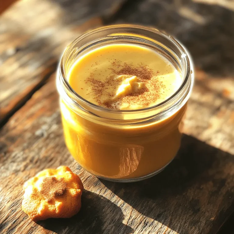 - Heavy cream - Whole milk - Pumpkin puree - Maple syrup - Vanilla extract - Ground spices: cinnamon, nutmeg, ginger, allspice - Salt To create the perfect Pumpkin Pie Spice Coffee Creamer, we need quality ingredients. The heavy cream and whole milk add a rich base. The pumpkin puree gives it that warm, cozy flavor. Maple syrup sweetens it just right. Vanilla extract adds depth. The ground spices are the stars here. Cinnamon brings warmth. Nutmeg adds a hint of sweetness. Ginger gives a slight kick. Allspice rounds it out with a complex flavor. Finally, a pinch of salt enhances all these tastes. - Calories per serving: About 100 calories - Breakdown: 8g fat, 6g sugar, 2g protein This creamer packs a flavorful punch. Each serving has around 100 calories. You'll get 8 grams of fat, which adds to the creaminess. The 6 grams of sugar come from maple syrup. With 2 grams of protein, it makes your coffee feel more like a treat. This creamer tastes like a warm hug in a cup. The rich creaminess fills your mouth. The pumpkin puree adds a smooth texture. Each sip bursts with spice. Cinnamon warms you up. Nutmeg and ginger add depth and balance. Allspice rounds out the flavor, giving it a fall twist. Together, these spices bring out the best in your coffee. They also enhance the natural sweetness of the maple syrup. This blend creates a cozy drink perfect for chilly mornings or any time you need a pick-me-up. For the full recipe, check out the details above. Enjoy your delicious homemade Pumpkin Pie Spice Coffee Creamer! To make your Pumpkin Pie Spice Coffee Creamer, start by gathering your ingredients. In a medium saucepan, combine: - 1 cup heavy cream - 1 cup whole milk - 1/2 cup pumpkin puree Whisk these together continuously over medium heat. This helps blend the cream, milk, and pumpkin smoothly. Keep an eye on the mixture; you want it warm, not boiling. If it boils, it can change the texture. Once your mixture is warm, reduce the heat to low. Stir in: - 1/4 cup maple syrup - 1 teaspoon vanilla extract Mix until both are fully combined. Next, add your spices: - 1 teaspoon ground cinnamon - 1/2 teaspoon ground nutmeg - 1/2 teaspoon ground ginger - 1/4 teaspoon ground allspice - A pinch of salt Continue whisking until the spices mix well with the cream. Look for a rich, warm color. When you smell the spices, it's a good sign to remove the pot from heat. Let the mixture cool briefly in the pot. This helps to set the flavors. After cooling, pour it into a glass jar or an airtight container. Store it in the fridge for up to one week. Before each use, shake the jar well. This ensures all the flavors mix back together. For the full recipe, refer to the detailed instructions provided earlier. To make your Pumpkin Pie Spice Coffee Creamer even creamier, try these suggestions: - Use half-and-half instead of whole milk for a richer taste. - Replace heavy cream with coconut cream for a vegan option. - Add a splash of flavored syrup, like vanilla or caramel, to enhance the flavor. Enjoy your creamer in fun ways! Here are some ideas: - Pour it into your morning coffee for a cozy treat. - Use it in a chai latte for a festive twist. - Pair it with desserts like cookies and cakes. A slice of pumpkin pie or a chocolate chip cookie works wonderfully! Here are a few common pitfalls when making your creamer: - Avoid overheating the ingredients. This can change the texture and flavor. - Don’t skip the whisking process. Whisking ensures all flavors blend well. It creates that smooth texture you want! For the full recipe, check out the details I shared earlier! {{image_2}} You can easily make Pumpkin Pie Spice Coffee Creamer dairy-free. Using coconut or almond milk works well. These milks add a nice flavor without dairy. If you need a substitute for heavy cream, try full-fat coconut milk. It gives a rich texture similar to cream. Get creative with flavor mix-ins! You can try adding different spices like cardamom or cloves. For a seasonal twist, add peppermint in winter. This change can keep your coffee exciting year-round. There are many sweetener options for your creamer. You can use honey or agave syrup. Both are natural and bring a unique taste. Adjust the sweetness to your liking, adding more or less to suit your taste buds. Feel free to explore these variations to make your Pumpkin Pie Spice Coffee Creamer truly your own! For the original recipe, check out the Full Recipe. Pumpkin Pie Spice Coffee Creamer stays fresh in the fridge for up to one week. To check for spoilage, look for changes in smell or texture. If the creamer smells sour or looks lumpy, it's time to toss it. Always trust your senses! You can freeze the creamer, but it may change texture. To freeze, pour it into ice cube trays or a sealable container. When you're ready to use it, thaw in the fridge overnight. Avoid using the microwave, as it can separate the ingredients. Incorporate this creamer into your daily coffee by adding 2-4 tablespoons to your cup. Shake the jar well before use to mix the spices evenly. This ensures each sip is filled with the rich pumpkin flavor you love. Enjoy your coffee with a hint of fall magic! Yes, you can use non-dairy milk. The best substitutes are almond milk, coconut milk, or oat milk. Each option brings a unique flavor and texture. Almond milk is light, coconut milk is creamy, and oat milk has a rich taste. Choose what you love most! The creamer stays fresh in the fridge for up to one week. Store it in an airtight container. Always check for any strange smells or changes in texture. If it smells off, it’s best to toss it. Freshness matters for the best taste! Absolutely! You can make it sweeter or less sweet. Start with less maple syrup. Taste as you go. If you want more sweetness, add more syrup a little at a time. This way, you find the perfect level for your taste buds. This creamer is not just for coffee! You can add it to pancakes, waffles, or oatmeal. It also works great in smoothies or milkshakes. Use it in baked goods like muffins or cakes for extra flavor. Get creative with it! You can find premade versions in many grocery stores. Look in the dairy or coffee aisle. Brands like CoffeeMate and International Delight often carry it. Check your local store or find it online for easy shopping. Yes, you can make a vegan version! Use coconut cream instead of heavy cream. Swap whole milk with almond or oat milk. Replace maple syrup with agave nectar for a plant-based sweetener. This way, everyone can enjoy this yummy treat! You now have a complete guide to making Pumpkin Pie Spice Coffee Creamer. We covered essential ingredients like heavy cream and spices that boost flavor. You learned how to prepare and store your creamer, along with tips to avoid common mistakes. Experiment with variations and enjoy your creamer in different ways. Remember to adjust sweetness to your liking. You can easily make this right at home. Enjoy your delicious coffee experience!