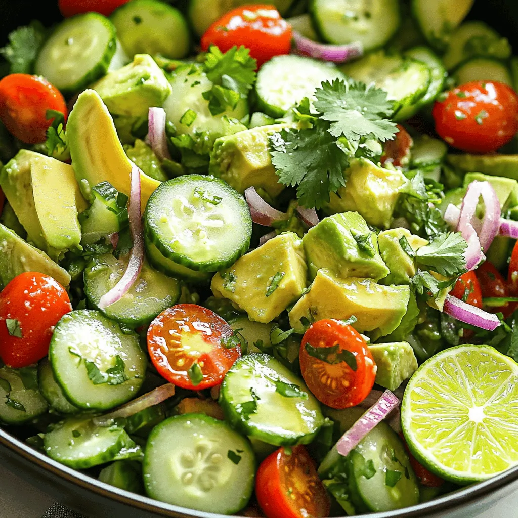 - 2 ripe avocados, diced - 1 large cucumber, thinly sliced - 1 cup cherry tomatoes, halved - 1 small red onion, finely chopped - 1/4 cup fresh cilantro, chopped - 2 tablespoons lime juice - 1 tablespoon olive oil - 1 teaspoon honey (optional) - Salt and pepper to taste When you measure your ingredients, be precise. Use a dry measuring cup for solids and a liquid measuring cup for liquids. A kitchen scale can also help for accuracy. For example, 1 avocado should weigh about 7 ounces. This helps ensure your salad has the right balance of flavors. To choose ripe avocados, look for ones that yield slightly to pressure. A ripe avocado should feel soft but not mushy. Avoid any with dark spots or blemishes. For cucumbers, choose a firm, shiny one. English cucumbers are great for salads as they have fewer seeds and a thin skin. Regular cucumbers work too, but peel them if the skin is too thick. These tips will help you pick the best ingredients for your Avocado Lime Cucumber Salad. You can find the full recipe in the earlier section. To make this salad, start by gathering your ingredients. You need: - 2 ripe avocados, diced - 1 large cucumber, thinly sliced - 1 cup cherry tomatoes, halved - 1 small red onion, finely chopped - 1/4 cup fresh cilantro, chopped - 2 tablespoons lime juice - 1 tablespoon olive oil - 1 teaspoon honey (optional) - Salt and pepper to taste First, take a large mixing bowl. Add the diced avocados, sliced cucumber, halved cherry tomatoes, and chopped red onion. This mixture gives a fresh base for your salad. Next, make the dressing. In a small bowl, whisk together the lime juice, olive oil, and honey if you like a hint of sweetness. This dressing adds a nice tangy flavor. Once mixed, drizzle the dressing over the salad ingredients. Now, gently toss everything together. Be careful not to mash the avocados. They should stay chunky for the best texture. Finally, stir in the chopped cilantro. Add salt and pepper to taste. Let the salad sit for about five minutes. This resting time helps the flavors to blend nicely. You can serve it chilled or at room temperature. When it comes to tossing the salad, use a light touch. I like to use a large spoon and gently lift the ingredients. This method keeps the avocado pieces intact. You want the salad to look fresh and vibrant, not a mushy mess. This salad tastes great at different temperatures. You can serve it chilled or at room temperature. I recommend presenting the salad in a large bowl or in individual servings. For a pretty touch, garnish with extra cilantro leaves and a lime wedge on the side. This adds color and makes it look appetizing. For more details on making this salad, check the Full Recipe. To make your Avocado Lime Cucumber Salad even zestier, consider adjusting the lime juice. Add a splash more for a brighter taste. You can also include some zest from the lime. This adds a strong citrus flavor. For fresh herbs, try adding dill or mint. Both herbs work well and can change the flavor profile. You might also sprinkle in some chili flakes for a spicy kick. This will give your salad an exciting twist! One common issue is browning avocados. To prevent this, use lime juice right away. The acid in lime juice slows down the browning. You can also keep the pit in the salad until serving. It helps to keep the other avocados green longer. Another mistake is overmixing the salad. Gently toss the ingredients to keep the avocados intact. If you mash them, your salad will look mushy. Remember to mix just enough to combine the flavors. If you want to prep ahead, do so carefully. Chop the cucumber, tomatoes, and onion early, but wait to add the avocado. Add it just before serving to keep it fresh. The salad tastes best within a few hours of making it. If you want to serve it later, cover it tightly with plastic wrap. This helps prevent the avocados from browning. Enjoy your fresh, zesty delight with every bite! For more details, check the Full Recipe. {{image_2}} You can make this salad more filling by adding protein. Here are some great options: - Grilled chicken: Slice cooked chicken breast and toss it in. - Shrimp: Cook shrimp on the grill or pan-fry them. Add them whole to your salad. - Beans: Black beans or chickpeas add a hearty touch. Rinse and mix them in. These additions help you turn your salad into a meal. They also boost flavor and texture. If you can't find some ingredients, don't worry! Here are some substitutes: - Cucumber: You can use zucchini for a different crunch. - Cilantro: If you dislike cilantro, parsley works just as well. - Cherry tomatoes: Regular tomatoes, diced small, are a fine swap. Feel free to play with these options. Each change can lead to a new favorite version of the salad. While the lime dressing is tasty, you can try other flavors too. Here are a couple of ideas: - Creamy avocado dressing: Blend an avocado with lime juice and yogurt for a smooth mix. - Spicy vinaigrette: Add chili flakes to olive oil and lime juice for a spicy kick. These dressings add variety and can match your mood. Explore different flavors to keep things fresh. If you want the original recipe, check the Full Recipe section. To keep your Avocado Lime Cucumber Salad fresh, store it in a sealed container. Use an airtight container to prevent air from getting in. If you have leftover salad, add a bit of lime juice on top. This helps stop the avocados from turning brown. Always keep the salad in the fridge if you're not eating it right away. This salad stays fresh in the refrigerator for about 1 to 2 days. The avocados may brown after that, but they are still safe to eat. If you notice browning, just remove the top layer of the salad. The flavors will still be good for a short time after that. I do not recommend freezing the salad as a whole. Freezing changes the texture of avocados and cucumbers. However, you can freeze some of the ingredients. For example, you can freeze diced avocados or chopped cilantro. Place them in freezer bags and squeeze out extra air. Use them in smoothies or other dishes later. To pick the best avocados, feel them gently. They should have a slight give when pressed. Look for avocados with dark skin. Avoid any with large dark spots or bruises. If they are hard, they are not ripe yet. You can ripen them at home by placing them in a paper bag for a day or two. Yes, you can prep this salad ahead of time. However, I recommend adding the avocado just before serving. If you make it overnight, the salad may lose some freshness. The lime juice helps slow browning, but avocados can still get mushy. If you want to make it early, store it in an airtight container. If you need a substitute for lime juice, try lemon juice. It has a similar tangy flavor. You can also use orange juice for a sweeter taste. Grapefruit juice works too if you want a more unique twist. Each option adds its own flavor, so feel free to experiment! This blog post covered the key ingredients and steps to make a fresh salad. We explored how to select ripe avocados and the best cucumber types. I shared tips for preparing, assembling, and serving the salad, plus ways to enhance flavors. Don't forget about making variations and proper storage tips to keep your salad fresh. With these ideas, you can enjoy a tasty salad any time. Start experimenting with your own twists and share the joy of healthy eating!