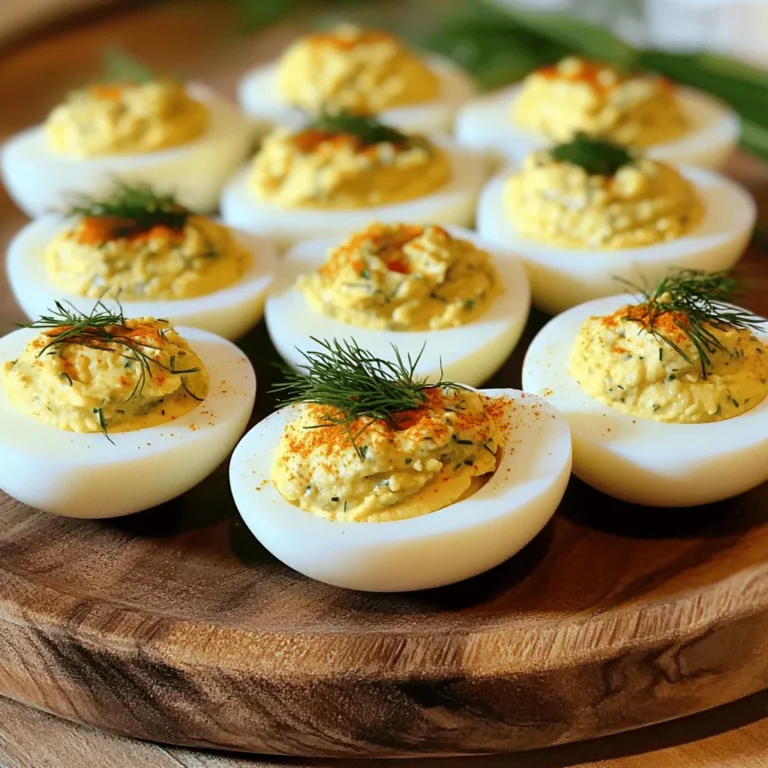 To make Dill Pickle Deviled Eggs, you need a few simple items: - 6 large eggs - 3 tablespoons mayonnaise - 2 tablespoons dill pickle relish - 1 teaspoon Dijon mustard - 1 teaspoon apple cider vinegar - 1/4 teaspoon garlic powder - Salt and black pepper to taste These ingredients work together to create a creamy, tangy filling that really shines. You can add a few fun toppings to make your eggs prettier: - Fresh dill - Paprika These garnishes not only add color but also give a nice flavor boost. If you don’t have some items, don’t worry! Here are some swaps: - Use Greek yogurt instead of mayonnaise for a lighter taste. - Swap Dijon mustard with yellow mustard if that's what you have. - You can use white vinegar in place of apple cider vinegar. These changes will still keep your deviled eggs delicious and fun to eat! For the complete recipe, check out the [Full Recipe]. Start by placing the six large eggs in a pot. Cover them with cold water. Turn the heat to medium-high and bring the water to a boil. When it starts boiling, cover the pot with a lid and take it off the heat. Let the eggs sit for 10 to 12 minutes. This simple method works well for perfect hard-boiled eggs. After the time is up, carefully move the eggs to an ice bath. This will cool them down quickly. Leave them in the ice bath for about five minutes. Once cooled, gently tap each egg to crack the shell. Peel the eggs under running water for easier shell removal. Now, it’s time to make the filling. Slice each peeled egg in half lengthwise. Carefully scoop out the yolks and place them in a mixing bowl. Add the following ingredients to the yolks: - 3 tablespoons mayonnaise - 2 tablespoons dill pickle relish - 1 teaspoon Dijon mustard - 1 teaspoon apple cider vinegar - 1/4 teaspoon garlic powder - Salt and black pepper to taste Mash the yolks and ingredients together with a fork until creamy and smooth. Taste your mixture and adjust the seasoning as needed. This filling is what gives the deviled eggs their unique flavor. Next, we will fill the egg whites with the yolk mixture. You can use a piping bag for a fancy look or a spoon for simplicity. Fill each egg white half until it’s heaping. For a lovely finish, sprinkle some paprika on top. You can also add fresh dill for a touch of color. The deviled eggs are now ready to serve. Enjoy your Dill Pickle Deviled Eggs as a tasty and easy appetizer! For the Full Recipe, be sure to check the details above. To make the best hard-boiled eggs, start with fresh eggs. Place them in a pot and cover them with cold water. Bring the water to a boil over medium-high heat. Once it boils, cover the pot and remove it from the heat. Let the eggs sit for 10 to 12 minutes. This method helps you avoid overcooking and makes for tender yolks. After that, cool the eggs in an ice bath for five minutes. This step makes peeling easy. Remember, peeling under running water helps to remove any stubborn bits of shell. Dill Pickle Deviled Eggs are tasty, but you can spice them up! Try adding different ingredients. A bit of hot sauce can give a nice kick. For a creamier filling, swap half of the mayonnaise with Greek yogurt. If you love herbs, add fresh chives or cilantro. You can also mix in crumbled bacon for a savory twist. Experimenting with flavors makes the dish fun and personal. How you serve these eggs matters. A simple way is to use a nice platter. Arrange the filled eggs in a circle for a pretty look. You can sprinkle paprika on top for color. Fresh dill adds a nice touch too. For a creative twist, try using mini mason jars. Layer the egg filling with some greens for a rustic vibe. This makes your dish stand out at parties. Remember, we eat with our eyes first! {{image_2}} Want to spice things up? Add some heat to your deviled eggs! Mix in chopped jalapeños or a dash of hot sauce. You can also try adding cayenne pepper to the yolk mix. This twist brings a fiery kick to the creamy filling. Your guests will love the extra flavor! If you enjoy avocados, this version is for you. Simply replace half of the mayonnaise with ripe avocado. This swap gives the filling a creamy texture and a fresh taste. The dill pickle relish still shines through, making it a perfect blend. You’ll create a tasty, healthy treat that everyone will enjoy! Who doesn’t love bacon? For this variation, add crispy bacon bits to the yolk mixture. Chop the bacon finely and fold it in before filling the egg whites. The salty, smoky flavor pairs well with dill pickles. This version is sure to impress bacon lovers at your next gathering! For the full recipe, check out the details above! You can store leftover Dill Pickle Deviled Eggs in an airtight container. Place them in the fridge right away. They will stay fresh for up to three days. Make sure to cover them well. This keeps them from drying out. To keep your deviled eggs tasting great, do not add any toppings until serving. Toppings like paprika or fresh dill can get soggy. If you want to keep the filling smooth, cover it with plastic wrap before sealing the container. This helps keep the air out. I do not recommend freezing deviled eggs. The texture changes when they freeze, and they may become watery. If you want to make a big batch, just prepare the filling. Store the filling in the fridge. You can assemble the eggs when you are ready to serve. This keeps them fresh and tasty. For the full recipe, check the earlier section. Dill Pickle Deviled Eggs can last up to three days in the fridge. Make sure to store them in an airtight container. This keeps them fresh and tasty. Always check for changes in smell or texture before serving. If they look or smell off, it’s best to toss them. Yes, you can make Dill Pickle Deviled Eggs in advance. Prepare them a day before your event for convenience. Just store them in the fridge until serving time. This makes your party prep easier. The flavors will also develop more over time, enhancing the taste. Dill Pickle Deviled Eggs are great on a platter at parties. You can also serve them with fresh veggies. They pair well with crackers for a crunchy bite. For a fun twist, try serving them with a side of spicy mustard. You can find the full recipe for these delightful bites above, allowing you to explore more serving options! You now have all you need to make delicious Dill Pickle Deviled Eggs. We covered the ingredients, step-by-step instructions, and tips to boost flavor and presentation. Remember, you can customize these eggs with spicy or bacon flavors. Store leftovers properly to keep them fresh. Deviled eggs are great for any gathering. Use these ideas to impress your friends and family. Enjoy your tasty creation!