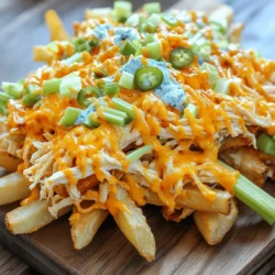 To make loaded buffalo chicken fries, gather these tasty ingredients: - 1 pound frozen French fries - 1 cup cooked chicken, shredded - 1/2 cup buffalo sauce (adjust to taste) - 1 cup shredded cheddar cheese - 1/2 cup blue cheese dressing (or ranch, if preferred) - 1/4 cup green onions, sliced - 1/4 cup celery, diced (for garnish) - Salt and pepper to taste - Optional: sliced jalapeños for a spicy kick These ingredients bring together a mix of flavors and textures. The crispy fries, spicy chicken, and creamy cheese make each bite exciting. You can swap some ingredients based on your taste or what you have at home. Here are some ideas: - Use sweet potato fries instead of regular fries for a sweeter flavor. - Try grilled chicken instead of shredded for a smoky twist. - If you don’t like blue cheese, ranch is a great alternative. - For a lighter dish, use Greek yogurt instead of blue cheese dressing. - Add different toppings like diced tomatoes or avocado for an extra punch. These substitutions allow you to get creative while still enjoying loaded buffalo chicken fries. Choosing fresh ingredients makes your dish even better. Here are some tips: - When buying frozen fries, pick a brand without artificial flavors or preservatives. - Look for cooked chicken that is moist and tender. If you cook it yourself, avoid overcooking. - Check the buffalo sauce for a balance of heat and flavor. Taste a little before you use it. - For cheese, select a block and shred it yourself. Freshly shredded cheese melts better. - Choose green onions that are bright and firm, with no wilting. Using fresh ingredients enhances the taste of loaded buffalo chicken fries, making them truly irresistible. To start, preheat your oven. Set it to the temperature listed on your frozen French fries package. You want them crispy and golden. Spread the fries evenly on a baking sheet. Make sure they are not touching each other. This helps them cook evenly. Bake them until they are nice and crispy. This usually takes about 20 minutes. Keep an eye on them so they don’t burn. While the fries bake, it's time to prepare the buffalo chicken. Take your cooked chicken and shred it into small pieces. Place the chicken in a large bowl. Pour the buffalo sauce over the chicken. Mix well until every piece is coated. You can adjust the amount of sauce to your taste. If you love heat, add more sauce! Once the fries are ready, take them out of the oven. Carefully spread the buffalo chicken mixture evenly over the fries. Then, sprinkle a generous amount of shredded cheddar cheese on top. Return the baking sheet to the oven. Bake for an additional 5 to 7 minutes. You want the cheese to melt and bubble. When it's ready, take it out and drizzle blue cheese dressing on top. Finally, add sliced green onions and diced celery for crunch. If you like it spicy, throw on some sliced jalapeños. Serve them hot, and enjoy every bite! For the full recipe, check out the details above. To get fries that are crispy, follow these tips: - Use frozen fries for quick prep. - Preheat your oven to the right temperature. - Spread fries in a single layer on the baking sheet. - Flip fries halfway through cooking for even crispness. These steps help ensure your fries turn out golden brown and crispy. You can boost the taste of your Loaded Buffalo Chicken Fries with these suggestions: - Mix spices into the buffalo sauce. Try garlic powder or smoked paprika. - Add a pinch of salt and pepper to the fries before baking. - Consider using a blend of cheeses for more flavor. Mozzarella and pepper jack work well. These simple tweaks can make a big difference in your dish. When serving your Loaded Buffalo Chicken Fries, think about these ideas: - Offer extra blue cheese dressing on the side. - Add a fresh salad to balance the meal. - Serve with celery sticks for crunch. These options create a fun and tasty eating experience. For the full recipe, check out the details above. {{image_2}} You can make loaded fries in a veggie-friendly way. Use plant-based chicken or tofu instead of shredded chicken. Toss it in buffalo sauce for flavor. For cheese, try vegan cheese or nutritional yeast. These options keep the taste rich and creamy while being kind to the planet. You don’t have to stick to just buffalo sauce. Try barbecue sauce for a smoky twist. You can also mix ranch with the buffalo sauce for a creamy kick. Add toppings like pico de gallo for a fresh burst. Experiment with different sauces to keep things exciting. Add unique ingredients to your loaded fries for fun flavors. Try adding black beans for extra protein. Crumbled feta or goat cheese can add a tangy touch. Roasted corn makes a sweet addition, too. You can even add avocado slices for creaminess. These twists turn a simple dish into something special. For the full recipe, check out the instructions above. To keep your loaded buffalo chicken fries fresh, store them in an airtight container. Make sure they cool completely before sealing. This prevents moisture buildup, which can make the fries soggy. You can store them in the fridge for up to three days. If you notice any sign of spoilage, toss them out. When you're ready to enjoy your fries again, I recommend reheating them in the oven. Preheat the oven to 350°F (175°C). Place the fries on a baking sheet and heat for about 10-15 minutes. This method keeps the fries crispy. You can also use a microwave, but be aware that it may make the fries softer. If you want to save some for later, you can freeze the loaded fries. Spread them in a single layer on a baking sheet and freeze for about an hour. Once frozen, transfer them into a freezer-safe bag. They can stay frozen for up to three months. To reheat, thaw them in the fridge overnight. Then, bake them in the oven as mentioned above. Enjoy your homemade comfort food anytime! Loaded Buffalo Chicken Fries pack a punch! A serving typically has about 500 calories. You get 30 grams of protein, 25 grams of fat, and 50 grams of carbs. This is a great meal for sharing, but keep an eye on the calories if you stick to one serving. You can adjust the cheese and sauce to make it fit your diet better. Yes, you can use fresh chicken! Just cook it first. Grill or bake the chicken until it’s done. Shred it and mix it with buffalo sauce. This way, you get fresh flavors and a juicy texture. Fresh chicken adds a nice touch, especially if you want to control the seasoning. To spice things up, add more buffalo sauce. You can also toss in sliced jalapeños or hot sauce. For a milder flavor, use less buffalo sauce. Swap blue cheese dressing for ranch dressing to tone it down. Adjusting these toppings lets you cater to your taste. Enjoy the process and find your perfect balance! This blog post covered everything you need to make loaded buffalo chicken fries. We reviewed the key ingredients, substitutions, and how to choose fresh items. The step-by-step guide helped you prep the fries and mix the chicken. Tips for crispy fries and fun variations added more options. Don’t forget about storage and reheating to enjoy leftovers. With all of this information, you're set to impress at your next meal! Enjoy your cooking journey and make these fries your own!