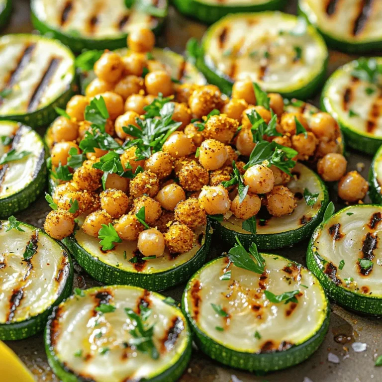 - Zucchini - Chickpeas - Seasonings - Olive oil - Lemon For this recipe, you will need: - 2 medium zucchinis, sliced into rounds - 1 can (15 oz) chickpeas, drained and rinsed - 2 tablespoons olive oil - 1 teaspoon smoked paprika - 1 teaspoon garlic powder - 1 teaspoon cumin - Salt and pepper to taste - Juice and zest of 1 lemon Using fresh ingredients is key. Fresh zucchini tastes better and gives a nice crunch. Also, fresh lemon adds bright flavor that makes the dish pop. - Fresh parsley - Additional lemon zest Fresh parsley adds a nice color and flavor. You can also sprinkle extra lemon zest for a stronger citrus taste. These garnishes make the dish look great and taste even better! For the full recipe, check out the details above. - Preheat grill accurately: Start by heating your grill or grill pan to medium heat. This ensures even cooking for your zucchini. - Patting chickpeas dry: Use a paper towel to dry the chickpeas well. This step helps them get crispy later. - Tossing with spices: In a bowl, combine the dry chickpeas with olive oil, smoked paprika, garlic powder, cumin, salt, and pepper. Mix well until all chickpeas are coated in spices. - Roasting instructions: Spread the chickpeas on a baking sheet in a single layer. Roast them in a preheated oven at 400°F (200°C) for 20-25 minutes. Shake the pan halfway to ensure they crisp evenly. - Combining ingredients: While the chickpeas roast, slice the zucchinis into rounds. In a bowl, mix the zucchini with olive oil, lemon juice, lemon zest, salt, and pepper. Toss until they are well coated. - Grill time tips: Grill the zucchini slices for about 4-5 minutes on each side. Look for nice grill marks and ensure they are tender but still have a slight crunch. Once everything is ready, layer the grilled zucchini on a platter and top with the crispy chickpeas. For more details, check the Full Recipe. Enjoy your delicious creation! To get crispy chickpeas, start by patting them dry. Moisture makes them soft. Toss the chickpeas in olive oil and spices for added flavor. Spread them out on a baking sheet. Avoid crowding them; this helps them crisp up. Common mistakes include not drying them enough or skipping the oil. Both lead to soggy chickpeas. Slice the zucchini into rounds about half an inch thick. This thickness ensures they cook well and stay firm. Too thin, and they may fall apart. Grill them for about 4-5 minutes on each side. You want nice grill marks and tender zucchini. If they’re too soft, they may lose their flavor. For plating, arrange the zucchini in a circular pattern on a platter. This creates an inviting look. Sprinkle the crispy chickpeas on top for a nice contrast. You can also drizzle some lemon juice before serving for extra zest. Pair this dish with a simple salad or grilled protein for a full meal. For a refreshing twist, serve with a yogurt dip. Enjoy your Lemony Grilled Zucchini with Crispy Chickpeas Delight! For the full recipe, check out the details above. {{image_2}} You can mix in other veggies for added flavor. Try bell peppers, eggplant, or asparagus. Each adds a unique taste and texture. If you want to grill different vegetables, cut them into similar sizes for even cooking. Zucchini pairs well with summer squash and mushrooms, too. Experiment with spices to change the taste. Try adding chili powder for heat or Italian herbs for a fresh twist. You can also add cheese, like feta, for creaminess. For protein, consider grilled shrimp or chicken. Both options will make your dish heartier and more filling. If you need vegan options, just skip any cheese and stick with veggies and chickpeas. For gluten-free needs, this recipe already fits! Always check labels to confirm your ingredients are gluten-free. You can also swap chickpeas for lentils for a different protein source. For the full recipe, check out the details in the earlier sections. To keep your Lemony Grilled Zucchini with Crispy Chickpeas fresh, use airtight containers. Glass or plastic containers work well. Make sure the lid seals tightly to avoid air exposure. Refrigerate the dish right after it cools down. This helps preserve flavor and texture. In the fridge, this dish lasts about three days. After that, the zucchini may become soggy, and the chickpeas can lose their crispiness. To reheat, use the oven at 350°F (175°C) for 10-15 minutes. This method helps restore some crunch to the chickpeas. You can also use a microwave, but it may not keep them crispy. If you want to freeze it, consider separating the zucchini and chickpeas. Place them in freezer bags or containers. This keeps them fresh longer. The zucchini lasts about two months in the freezer, while chickpeas can last up to six months. To thaw, move them to the fridge overnight. Reheat in the oven to keep the texture nice and crispy. To grill zucchini well, slice it into even rounds. Thin slices cook faster, while thicker ones hold moisture better. Preheat your grill to medium heat. Brush the zucchini with olive oil and season with salt and pepper. Grill for about 4-5 minutes on each side. This method gives you nice grill marks and keeps the zucchini tender. Yes, using canned chickpeas is great! Canned chickpeas save time and effort. They are already cooked, so you can focus on flavoring them. Just drain and rinse them well. Dried chickpeas require soaking and cooking, which takes longer. Canned chickpeas are perfect for quick meals. You can prep the zucchini and chickpeas in advance. Slice the zucchini and store it in an airtight container. Season and toss the chickpeas and keep them in the fridge. You can grill the zucchini and roast the chickpeas right before serving. This way, your dish stays fresh and tasty. If you want alternatives to chickpeas, try black beans or lentils. You can also use cooked quinoa or edamame for a protein boost. These options give you a different texture and flavor while keeping the dish nutritious and satisfying. Yes, this recipe is both gluten-free and vegan! All the ingredients, like zucchini, chickpeas, and olive oil, are plant-based. You can enjoy this dish without worrying about gluten or animal products. It’s a healthy and delicious choice for everyone. This recipe highlights simple yet tasty ingredients like zucchini and chickpeas. I shared key measurements to ensure freshness and added some optional garnishes for a pop of flavor. The step-by-step guide helps you grill to perfection, with tips on achieving crispy chickpeas and tender zucchini. You can explore variations and dietary modifications to suit your needs. Remember, cooking should be fun. Try new ingredients or spices to make the dish uniquely yours. Enjoy your delicious creation!