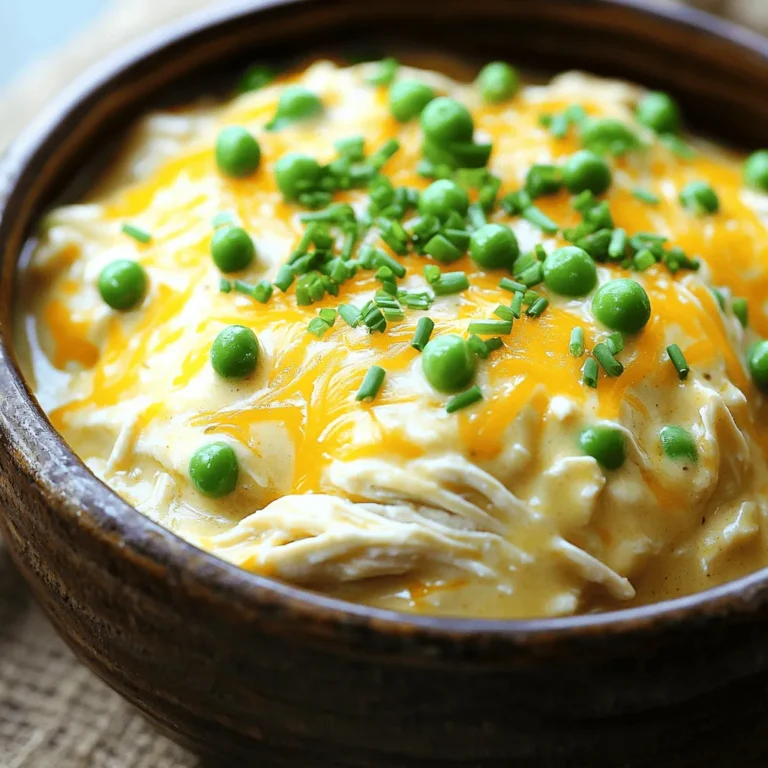 - 4 boneless, skinless chicken breasts - 1 packet (1 oz) ranch dressing mix - 1 can (10.5 oz) cream of chicken soup - 1 cup chicken broth - 1 cup cream cheese, softened - 1 cup shredded cheddar cheese - 1 cup frozen peas (optional) - Salt and pepper to taste - Fresh chives, chopped (for garnish) To create this dish, start with chicken. I love using boneless, skinless chicken breasts. They cook evenly and stay tender. The ranch dressing mix gives a strong, savory flavor. Cream of chicken soup adds creaminess. Chicken broth adds moisture and depth. Next, cream cheese makes the sauce velvety. I usually pick shredded cheddar because it melts well. Peas are optional, but they add nice color and a bit of sweetness. Don't forget to season with salt and pepper to enhance all the flavors. Finish with fresh chives for a pop of bright taste! - You can use turkey or beef instead of chicken. - For dairy-free, try coconut cream or a vegan spread. - Low-sodium broth and dressing mix are great for less salt. If you want to change things up, you can swap the chicken. Turkey or beef works well in this recipe. For those avoiding dairy, use coconut cream or a vegan cream alternative. You can also choose low-sodium options for the broth and ranch mix to cut back on salt. - Crockpot or slow cooker - Mixing bowl - Measuring cups and spoons - Serving utensils To make this dish, gather your tools. A crockpot or slow cooker is a must. It makes cooking simple and hands-off. You’ll need a mixing bowl to combine the sauce. Measuring cups and spoons ensure accurate amounts. Lastly, have serving utensils ready for easy dish-up when your meal is done. For the full recipe, check the details above. Enjoy cooking! Begin by placing the chicken breasts in the bottom of the crockpot. Lay them flat and close together. This helps the chicken cook evenly. Ensure you season the chicken with salt and pepper. This adds flavor to each bite. Keep the chicken moist by not overcrowding the pot. Now, grab a medium bowl. Combine the ranch dressing mix, cream of chicken soup, and chicken broth. Mix well until the mixture is smooth. A smooth sauce will coat the chicken nicely. If it feels thick, add a splash more broth. This will help with blending. Set the crockpot on low for 6 to 8 hours or high for 4 to 5 hours. Cooking on low gives the best results. The chicken will turn tender and flavorful. Use a meat thermometer to check if it reaches 165°F. This ensures it's safe to eat. About 30 minutes before serving, add the cream cheese, cheddar cheese, and peas. Stir gently to mix them with the chicken. For optimal melting, make sure the cream cheese is softened. This helps it blend into the sauce easily. Let it cook for the last half hour. You want the cheese to melt well and mix into a creamy sauce. To keep your chicken moist, start with good-quality chicken breasts. Place them in the crockpot without overcrowding. This helps them cook evenly. If your chicken is thick, increase the cooking time. For thick breasts, cook on low for 7 to 8 hours. Thin breasts may only need 4 to 5 hours on high. For a flavor boost, consider adding fresh herbs like thyme or rosemary. These herbs pair well with ranch. You can also add garlic powder or onion powder for depth. When you add these spices, use a light hand. You want to enhance the dish, not overpower it. For balance, use salt sparingly. The ranch mix adds a lot of flavor on its own. Garnishing your dish can make it look special. Try topping with fresh chives for a pop of color. You can also sprinkle some paprika for a touch of warmth. When serving, consider plating with a side of rice or mashed potatoes. This helps soak up the creamy sauce. A fresh salad or steamed veggies also makes a nice side. These sides add color and texture to your meal. {{image_2}} You can spice up your Crockpot Creamy Ranch Chicken to suit your taste. Here are some ideas: - Spicy Versions: Add diced jalapeños or a splash of hot sauce. This can bring a nice kick to the dish. - Herb Variations: Try adding fresh herbs like thyme or rosemary. These can make the flavor more complex and delicious. If you have specific dietary needs, you can adjust the recipe easily: - Keto-Friendly Options: Use cauliflower rice instead of traditional rice. You can also swap cream cheese for a low-carb version. - Gluten-Free Substitutions: Look for gluten-free ranch dressing mix. This way, you still enjoy the same flavor without gluten. Enhancing your dish with extra ingredients can make it even better: - Adding Vegetables: Toss in some chopped carrots or bell peppers. They add color and nutrition. - Suggestions for Sides: Serve with mashed potatoes or a simple green salad. These can round out your meal and make it more filling. For the complete recipe, check out the Full Recipe section. To keep your Crockpot Creamy Ranch Chicken fresh, place leftovers in an airtight container. Make sure to seal it well to avoid air exposure. Store it in the fridge for up to three days. If you want to keep it longer, consider freezing it. To reheat, the best method is in the microwave. Use a microwave-safe dish and cover it. Heat in short bursts, stirring in between, until hot. You can also reheat it on the stove over low heat. Add a splash of chicken broth to keep it creamy and flavorful. To freeze the creamy ranch chicken, let it cool completely. Portion it into freezer-safe bags, removing as much air as possible. It can last for up to three months in the freezer. When ready to eat, thaw it overnight in the fridge. Reheat it gently on the stove or in the microwave, adding a little broth to restore creaminess. For details on making this dish, check out the Full Recipe. You can safely cook chicken in the crockpot for 6 to 8 hours on low. If you're short on time, cooking on high takes 4 to 5 hours. It’s best not to leave the chicken in the crockpot for more than 8 hours on low. Doing so can dry it out or make it tough. Always check for doneness by ensuring the internal temperature reaches 165°F. Yes, you can use frozen chicken breasts, but it will change the cooking time. If you start with frozen chicken, cook it on high for about 6 to 7 hours. If you’re using low heat, plan for about 8 to 10 hours. Make sure the chicken is fully cooked before serving. Crockpot Creamy Ranch Chicken pairs well with many side dishes. Here are some ideas: - Rice or quinoa for a hearty base - Mashed potatoes for a creamy side - Steamed vegetables like broccoli or green beans - A fresh salad for a light touch - Crusty bread to soak up the sauce Crockpot Creamy Ranch Chicken can fit into a balanced diet. Each serving has protein from the chicken and some fats from the cream cheese. To make it healthier, use low-fat cream cheese or add more vegetables. If you watch your sodium, opt for low-sodium broth and ranch dressing. Don't forget to enjoy it with whole grains or vegetables for added nutrition. Check the Full Recipe for details on the ingredients. In this blog post, we covered how to make easy Crockpot Creamy Ranch Chicken. We looked at the main ingredients, like chicken, ranch mix, and cheese. I shared tips for cooking, flavoring, and presenting your dish. You can also make fun variations or adjust the recipe for special diets. Remember to store leftovers well and use the right methods for reheating. With simple tools and steps, you can create a tasty meal that is enjoyable any night. Cooking should be fun and rewarding!