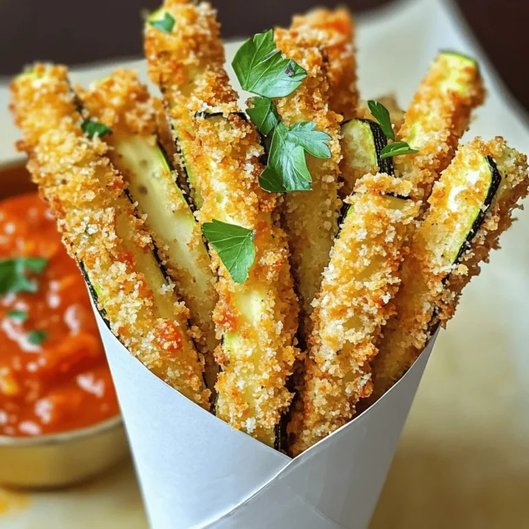 - 2 medium zucchinis - 1 cup breadcrumbs (preferably whole wheat) - 1/2 cup grated Parmesan cheese - 1 teaspoon garlic powder - 1 teaspoon onion powder - 1 teaspoon Italian seasoning - 2 large eggs - Salt and pepper to taste - Cooking spray To make Air Fryer Parmesan Zucchini Fries, you need fresh zucchinis. Look for medium-sized ones. They should feel firm; this means they are fresh. Whole wheat breadcrumbs offer great flavor and texture. Grated Parmesan cheese adds a rich, savory touch. The seasonings are key to elevating the fries. Garlic powder gives a nice punch, while onion powder adds depth. Italian seasoning brings warmth and balance. You will also need eggs to help the breadcrumbs stick. Make sure to have salt and pepper on hand to season the mixture. Lastly, cooking spray helps achieve that crispy finish as the fries cook in the air fryer. For the full recipe, check out the detailed instructions and tips. Enjoy the process! Start by washing the zucchinis. Cut them into fry-like strips, about 1/4 inch thick. This size helps them cook evenly. Next, pat the strips dry with a paper towel. Removing moisture is key for crispiness. Grab two shallow bowls. In the first bowl, whisk the eggs until they are well beaten. In the second bowl, mix the breadcrumbs, grated Parmesan cheese, garlic powder, onion powder, Italian seasoning, salt, and pepper. This mixture gives your fries flavor and crunch. Now, take each zucchini strip and dip it into the egg mixture. Let any excess egg drip off. After that, coat the strip in the breadcrumb mixture. Press gently to help it stick. Place each coated strip on a plate as you finish. Preheat your air fryer to 400°F (200°C) for about 5 minutes. This step is important. A hot air fryer helps achieve that crispy texture we all love. Lightly spray the basket of the air fryer with cooking spray. Arrange the zucchini fries in a single layer. Don’t overcrowd them, as they need space to cook. Spray the tops lightly with cooking spray for extra crispiness. Cook the fries for 10-12 minutes, turning them halfway through. They should turn golden brown and crispy. Once cooked, carefully remove the zucchini fries from the air fryer. Serve them warm for the best taste. These fries go great with marinara or garlic aioli for dipping. Enjoy your crispy treat! For the full recipe, check out the information above. When making zucchini fries, choose firm zucchinis. Look for ones that feel heavy for their size. Avoid any with soft spots or wrinkles. Fresh zucchinis taste better and hold their shape better when cooked. To ensure your fries are crispy, remove excess moisture. After cutting the zucchini, pat them dry with a paper towel. This step is key for crispiness. Spraying the fries lightly with cooking spray helps too. It gives them a nice golden color and crunch. You can prepare these fries in advance. Cut and bread the zucchini strips a few hours before cooking. Place them on a baking sheet, cover, and refrigerate. This way, you can just pop them in the air fryer when you're ready. It's a great time-saver for busy days. For the full recipe, check out the link. {{image_2}} Want some heat? Add cayenne pepper or red pepper flakes to the breadcrumbs. This will give your zucchini fries a spicy kick. Start with half a teaspoon and adjust to your taste. You can mix it directly into the breadcrumb mixture. This simple change makes every bite exciting. Add fresh herbs to the breadcrumb mix for a burst of flavor. Try parsley, basil, or oregano. Chop about a tablespoon of your chosen herb and stir it in. This twist adds freshness and enhances the taste. You can also mix dried herbs if fresh ones aren't available. Get creative with cheese! Experiment with different types like cheddar or mozzarella. Each cheese brings a unique flavor and texture. For a sharper taste, use aged cheddar. If you want a gooey texture, try mozzarella. Just remember to adjust the amount based on the type. This keeps your zucchini fries fun and tasty. For the full recipe, check out the detailed instructions above. To keep your Air Fryer Parmesan Zucchini Fries fresh, store them in the fridge. Place the fries in an airtight container. Make sure to separate layers with parchment paper to prevent sticking. The fries will stay good for about 3 days in the refrigerator. To reheat and keep them crispy, use your air fryer. Set it to 350°F (175°C) and cook for about 5 minutes. You can also use an oven. Preheat it to 350°F (175°C), then bake for 10 minutes. Avoid using the microwave, as it will make the fries soggy. You can freeze zucchini fries before or after cooking. If freezing before cooking, flash freeze them first. Place the coated fries on a baking sheet and freeze for 1 hour. Then, transfer them to a freezer bag. They will last for about 3 months. If freezing after cooking, let them cool completely first. Use an airtight container or freezer bag. When ready to eat, reheat them straight from the freezer using the methods above. Enjoy your delicious snack! Yes, you can! If you don’t have an air fryer, try baking them in the oven. Preheat your oven to 425°F (220°C). Arrange the coated zucchini fries on a baking sheet lined with parchment paper. Bake for about 20-25 minutes, flipping halfway through. They will still get crispy, but you may need to adjust the time based on your oven. To make gluten-free zucchini fries, swap regular breadcrumbs for gluten-free breadcrumbs. You can also use ground almonds or crushed cornflakes as a tasty alternative. Just ensure that all ingredients, like Parmesan cheese, are gluten-free. This way, you can enjoy a crispy treat without gluten. These zucchini fries pair well with various dips and meals. Consider serving them with marinara sauce, ranch dressing, or garlic aioli. They also make a great side dish for burgers, sandwiches, or grilled chicken. Feel free to get creative and mix and match your favorite flavors! Zucchini fries are a tasty, healthy snack. We covered the best ingredients, tips, and cooking steps. You learned how to prepare, coat, and cook zucchini for crispiness. Consider variations to suit your taste, like spicy or herb-infused fries. Final thoughts: these fries are easy to make and fun to share. Enjoy them with your favorite dips for a delicious treat!